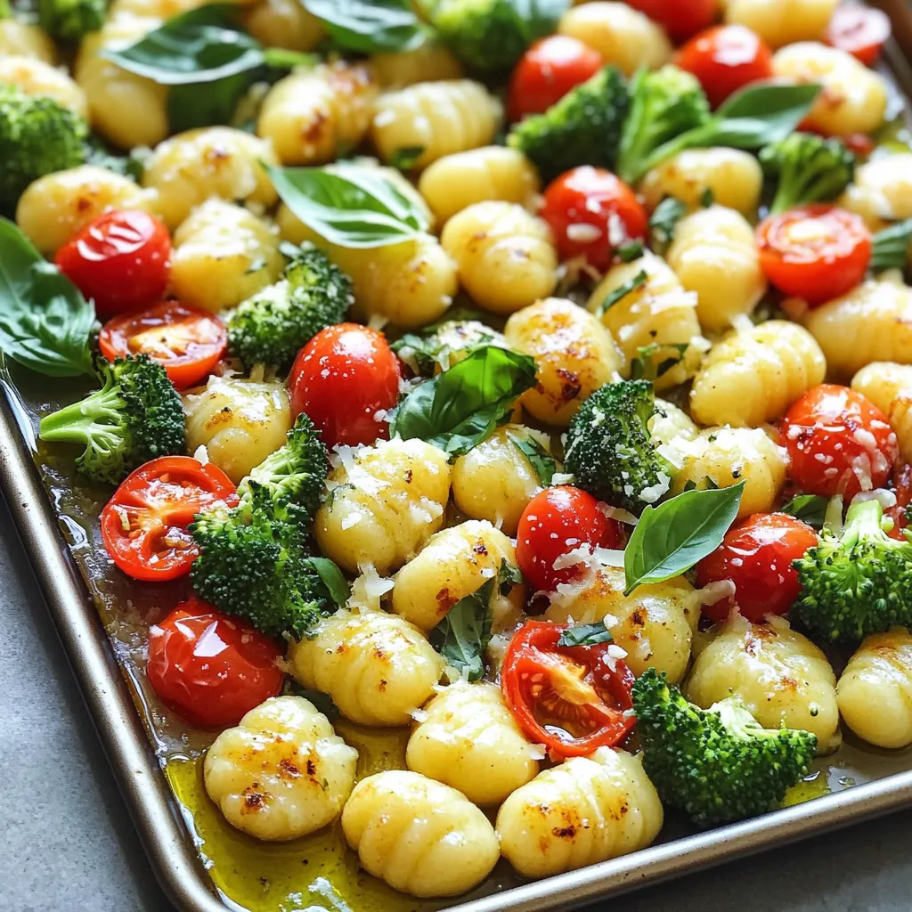 To make this delightful dish, you need: - 1 pound gnocchi (store-bought or homemade) - 2 cups broccoli florets - 1 red bell pepper, chopped - 1 cup cherry tomatoes, halved - 4 cloves garlic, minced - ½ cup grated Parmesan cheese These ingredients form the heart of the recipe. The gnocchi adds a soft and chewy base. The broccoli and bell pepper bring color and crunch. Cherry tomatoes add sweetness and juiciness. Garlic infuses a strong, rich flavor. Parmesan gives a salty and nutty finish. In addition to the main ingredients, gather these: - ¼ cup olive oil - 1 teaspoon garlic powder - 1 teaspoon Italian seasoning - Salt and pepper to taste Olive oil helps everything cook evenly. Garlic powder boosts the garlic flavor. Italian seasoning adds herbs for a fresh touch. Salt and pepper balance the dish, enhancing all the flavors. You can customize your dish with: - Fresh basil leaves, for garnish Basil adds a pop of color and fresh taste. Feel free to add more vegetables if you like. Zucchini or asparagus can work well too. You can also try adding a squeeze of lemon for brightness. First, gather all your ingredients. You need 1 pound of gnocchi, 2 cups of broccoli florets, 1 chopped red bell pepper, and 1 cup of halved cherry tomatoes. Also, grab 4 cloves of minced garlic, ½ cup of grated Parmesan cheese, ¼ cup of olive oil, 1 teaspoon of garlic powder, 1 teaspoon of Italian seasoning, and salt and pepper. Prep time is just 10 minutes. In a large mixing bowl, add the gnocchi, broccoli, bell pepper, and cherry tomatoes. Drizzle the olive oil over the mixture. Then, add the minced garlic, garlic powder, Italian seasoning, and salt and pepper. Mix everything well until the gnocchi and veggies are coated. The oil helps the flavors stick. Preheat your oven to 425°F (220°C). Spread the mixture evenly on a large baking sheet lined with parchment paper. Make sure the gnocchi and vegetables stay in a single layer. This step is key for even cooking. Sprinkle the grated Parmesan cheese on top. Bake for 20-25 minutes until the gnocchi is golden and the veggies are tender. Toss the mix halfway through for even browning. After baking, let it cool for a few minutes. Lastly, garnish with fresh basil leaves before serving. Enjoy your meal! To get the best taste, use fresh garlic. It adds a strong flavor. Mix in grated Parmesan cheese right before baking. This gives a nice crust. Don't skip the olive oil; it helps everything roast well. A pinch of salt and pepper boosts all the flavors. For even cooking, spread the gnocchi and veggies in a single layer. This way, they cook well and get crispy. Toss the mix halfway through baking. This helps everything brown nicely. If you notice some parts cooking faster, move them around. You can swap out veggies based on what you like. Try zucchini or asparagus instead of broccoli. If you prefer a little heat, add red pepper flakes. For a twist, use feta cheese instead of Parmesan. Make it your own and enjoy! {{image_2}} You can easily change this dish to suit a vegetarian diet. Use more veggies like zucchini, carrots, or peas. You can also swap the Parmesan cheese for a plant-based version. Nutritional yeast works great for a cheesy taste without dairy. If you want a heartier meal, add protein to the dish. Cooked chicken, shrimp, or sausage blend well with gnocchi and veggies. Just chop them into bite-sized pieces and mix them in before baking. You can also try chickpeas or lentils for a plant-based option. Using seasonal vegetables makes this dish even better. In spring, add asparagus or snap peas. During summer, use bell peppers and zucchini. In fall, sweet potatoes or Brussels sprouts shine. In winter, root vegetables like carrots or parsnips work well. These choices give you fresh flavors all year round. To store leftovers, let your dish cool down first. Then, transfer it to an airtight container. Keep it in the fridge. It will last up to three days. If you want to keep it longer, freezing is a great option. When it's time to eat again, reheating is simple. Preheat your oven to 350°F (175°C). Place the leftovers on a baking sheet. Cover them with foil to keep moisture in. Heat for about 15-20 minutes. You can also use a microwave for quick reheating. Just use a microwave-safe dish and cover it. Heat for 1-2 minutes, stirring halfway through. If you want to freeze your dish, portion it out first. Use freezer-safe containers or bags. Make sure to remove as much air as possible. Label the containers with the date. You can freeze it for up to three months. To reheat, thaw it in the fridge overnight before warming it up. Enjoy your easy meal anytime! Yes, you can use homemade gnocchi. Fresh gnocchi adds a special touch to this dish. If you make your own, ensure it is firm enough to hold up in the oven. The cooking time may change slightly, so keep an eye on it. You can add many vegetables to this recipe. Try zucchini, asparagus, or carrots for a colorful twist. Green beans or mushrooms also work great. Just cut them into similar sizes for even cooking. To check if it is fully cooked, look for a golden color. The gnocchi should be slightly crispy on the outside. The veggies should be tender but not mushy. You can use a fork to poke the largest pieces to see if they are soft. Yes, you can make this recipe dairy-free. Simply skip the Parmesan cheese or use a dairy-free alternative. Nutritional yeast can add a cheesy flavor without dairy. Always check labels to ensure all other ingredients are dairy-free. This guide covers everything you need to make sheet-pan garlic parmesan gnocchi. You learned about key ingredients, step-by-step cooking, and helpful tips. We also explored variations, storage tips, and answered common questions. Remember, you can easily modify the recipe to fit your taste. Enjoy trying different veggies or proteins. With a few simple steps and ingredients, you can create a delicious meal. Happy cooking!