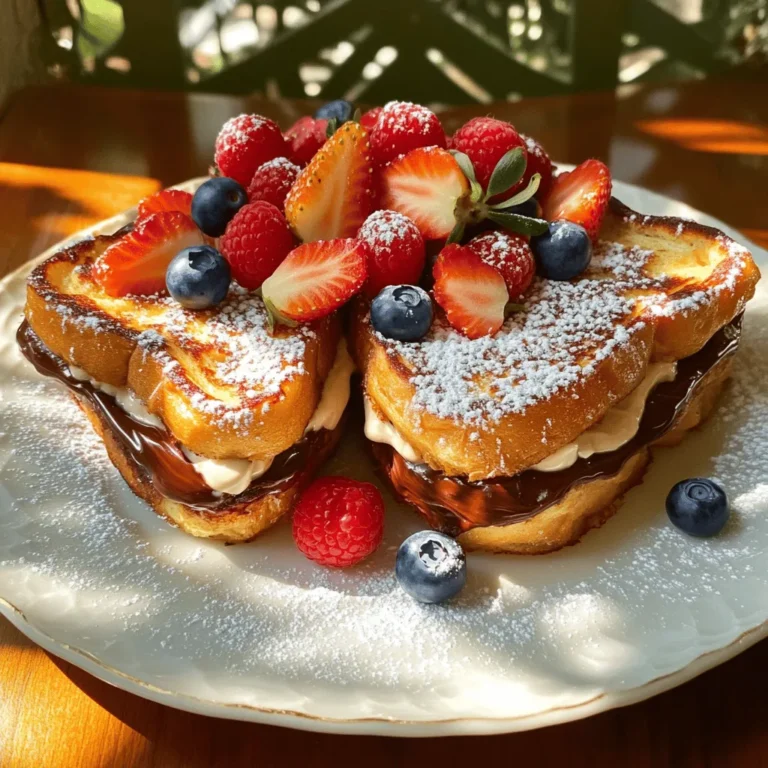 Here is what you will need to make Nutella Stuffed French Toast: - 4 slices of thick brioche or challah bread - 1/2 cup Nutella - 2 large eggs - 1/2 cup milk - 1 teaspoon vanilla extract - 1/2 teaspoon ground cinnamon - Pinch of salt - Butter for frying - Powdered sugar for dusting - Fresh berries for garnish Each ingredient plays a key role in the taste and texture of this dish. The brioche or challah adds a rich flavor and soft texture. Nutella brings a sweet and chocolatey goodness. Eggs, milk, and vanilla create a creamy custard mix that coats the bread. Cinnamon adds warmth, while a pinch of salt balances all the flavors. Butter gives that golden crispiness when frying. Finally, powdered sugar and fresh berries make the dish look and taste even better. When you gather these ingredients, you set the stage for an unforgettable breakfast. This recipe is perfect for special occasions or just a cozy weekend treat. To start, take two slices of thick brioche or challah bread. Spread a generous amount of Nutella on one side of each slice. Make sure to cover the slice well. Next, place the other two slices on top to form two Nutella sandwiches. Press them gently together to ensure they stick. Now, grab a shallow bowl. In it, whisk together two large eggs, half a cup of milk, and one teaspoon of vanilla extract. Add half a teaspoon of ground cinnamon and a pinch of salt. Mix until everything is smooth and combined. This mixture gives the French toast its rich flavor. Take each Nutella-stuffed sandwich and dip it quickly into the egg mixture. Make sure it is coated well, but do not soak it too long. You want it to absorb the flavor without becoming soggy. Let any excess egg mixture drip off before cooking. Heat a large skillet over medium heat. Add a small pat of butter to the pan and let it melt. The butter will help create a nice golden crust. Place the soaked sandwiches in the skillet. Cook for about 3-4 minutes on each side. Keep an eye on them to ensure they don’t burn. You want them crispy and golden brown. Once the French toast is done, take it out of the skillet. Dust the top with powdered sugar for a sweet touch. Add fresh berries like strawberries, blueberries, or raspberries for color and flavor. These toppings make the dish look pretty and taste great! Enjoy your warm, gooey Nutella-filled treat. - Adjusting heat settings: Start with medium heat. If the toast cooks too fast, lower the heat. A steady temperature helps cook the toast evenly. - Ensuring the center is heated through: Cook each side for about 3-4 minutes. Check the center by cutting a small slice. It should be warm and gooey, not cold. - Storing leftovers: If you have any French toast left, let it cool. Then, wrap it in plastic wrap or foil. Store it in the fridge for up to two days. - Reheating French toast: Reheat in a skillet over low heat. You can also use a toaster oven for crispiness. Heat until warm, about 5 minutes. - Pairing with syrup or cream: Drizzle warm maple syrup over the toast. You can also add whipped cream for a special touch. - Adding additional toppings: Fresh berries add color and flavor. You can use strawberries, blueberries, or raspberries. A sprinkle of powdered sugar makes it look fancy! {{image_2}} You can change the filling to mix things up. Try using peanut butter instead of Nutella. The creamy texture pairs well with the toast. You can also spread fruit preserves. Strawberry or raspberry jam offers a nice fruity twist. Adding slices of banana or strawberries gives your French toast a fresh taste. The fruit adds sweetness and a fun texture that kids love. If you need gluten-free options, use gluten-free bread. Many brands offer tasty choices. For dairy-free substitutions, choose almond or oat milk. You can also use dairy-free butter for frying. These swaps keep your meal delicious and friendly for different diets. Meal prep is a smart way to save time. You can make Nutella sandwiches ahead. Just spread the Nutella and stack the bread. Wrap each sandwich tightly in plastic wrap. Store them in the fridge for up to 24 hours. When ready to cook, dip them in the egg mixture and fry. This method makes breakfast easy and quick. To make Nutella Stuffed French Toast vegan, replace milk and eggs. Use plant-based milk like almond or oat. For the egg, use a mix of 1 tablespoon of ground flaxseed and 2.5 tablespoons of water. Let this sit for a few minutes until it thickens. The rest of the steps stay the same. You’ll still enjoy that delicious, gooey center! Yes, you can use regular bread. Sourdough or whole wheat bread works well too. Just ensure the bread is thick enough to hold the filling. Regular bread will not have the same rich flavor as brioche. But it will still taste great with Nutella! Serve Nutella Stuffed French Toast with fresh berries. Strawberries, blueberries, or raspberries add color and flavor. You can also add maple syrup or whipped cream. A sprinkle of powdered sugar on top makes it look fancy! Nutella Stuffed French Toast is best when fresh. If you have leftovers, store them in the fridge for up to 2 days. Reheat them in a skillet over low heat. This keeps them crispy on the outside and warm inside. Yes, you can freeze Nutella Stuffed French Toast. Wrap each sandwich tightly in plastic wrap. Place them in a freezer bag to avoid freezer burn. They can last for up to 2 months. Reheat in a toaster oven for the best texture. Each serving of Nutella stuffed French toast has about 650 calories. This includes the bread, Nutella, and added ingredients. If you want to enjoy this treat, keep the calories in mind. This dish packs a punch with its macronutrients. Here’s a quick look: - Fats: About 30 grams, mostly from Nutella and butter. - Carbohydrates: Roughly 80 grams, mainly from the bread and Nutella. - Proteins: Around 12 grams, coming from eggs and milk. The balance of these macronutrients makes it a filling breakfast. You can lighten this dish easily. Here are some tips: - Use Whole Grain Bread: Swap brioche for whole grain. It adds fiber. - Reduce Nutella: Use less Nutella or try a nut butter. It cuts sugar and fat. - Low-Fat Milk: Substitute whole milk with low-fat or almond milk for fewer calories. - Skip the Sugar: Omit powdered sugar on top. Fresh berries add sweetness without added sugar. These small changes keep the flavor while making your meal a bit healthier. Nutella Stuffed French Toast is a delightful treat that’s simple to make. We covered the ingredients, easy steps, and tips for perfect results. You learned how to prepare delightful variations, store leftovers, and serve this dish in new ways. Remember, you can adjust the recipe for dietary needs. Enjoy cooking and savoring this sweet breakfast. You’ll impress yourself and others with this dish!