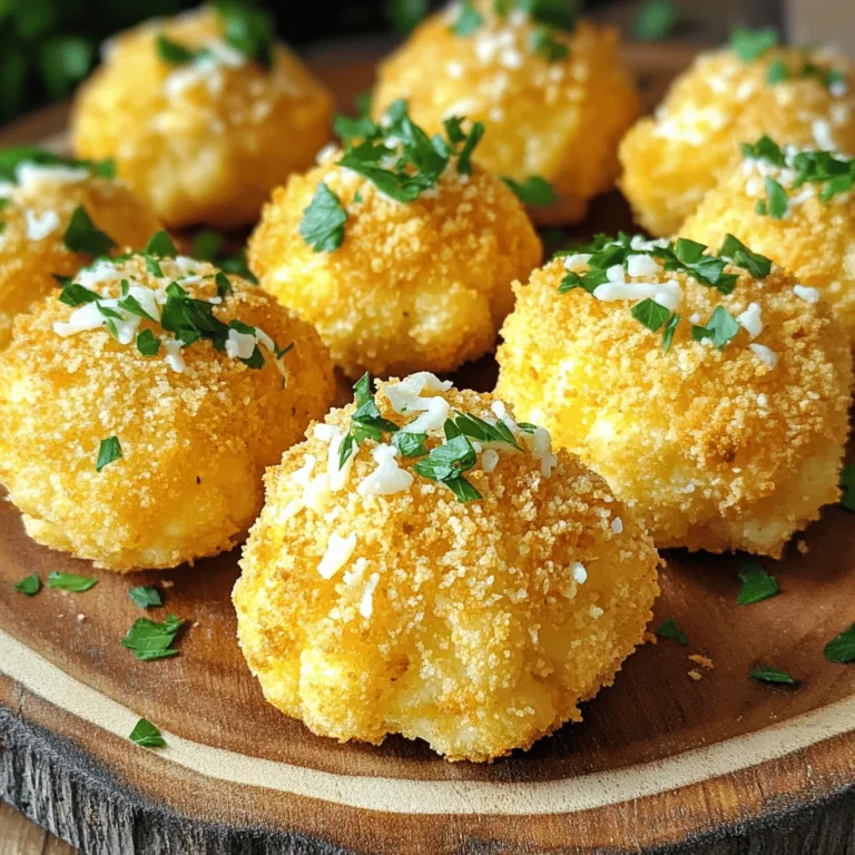 - 1 medium head of cauliflower - ½ cup grated Parmesan cheese - 1 cup breadcrumbs (preferably panko) - 2 tablespoons olive oil - 1 teaspoon garlic powder - 1 teaspoon onion powder - ½ teaspoon paprika - Salt and pepper to taste - Chopped parsley for garnish To make these Air Fryer Parmesan Cauliflower Bites, you need fresh ingredients. Start with a medium head of cauliflower. Cut it into bite-sized florets. This ensures that they cook evenly and become crispy. Next, gather ½ cup of grated Parmesan cheese. I love using fresh cheese for the best taste. For the crispy coating, use 1 cup of breadcrumbs, preferably panko. Panko gives a nice crunch. You will also need 2 tablespoons of olive oil. The oil helps the coating stick and crisp up in the air fryer. Now, let's add some flavor with seasoning. You need 1 teaspoon of garlic powder and 1 teaspoon of onion powder. These spices add depth to the flavor. A ½ teaspoon of paprika brings a subtle warmth. Don't forget to add salt and pepper to taste. Finally, you can garnish your bites with chopped parsley. It adds color and freshness. This simple mix of ingredients will create a crunchy delight that everyone will love. Rinse the cauliflower head under cold water. Cut it into small, bite-sized florets. Pat them dry with a paper towel. This step is key for keeping the bites crispy. In a large bowl, mix 1 cup of breadcrumbs and ½ cup of grated Parmesan cheese. Add 1 teaspoon of garlic powder, 1 teaspoon of onion powder, and ½ teaspoon of paprika. Sprinkle in salt and pepper to taste. Stir until everything is well combined. This coating gives the bites a crunchy and tasty outer layer. Drizzle 2 tablespoons of olive oil over the cauliflower florets. Toss them well to coat each piece evenly. Take each floret and dip it into the breadcrumb mixture. Press gently to make sure the coating sticks. Place the coated florets in a single layer in the air fryer basket. This helps them cook evenly and get nice and crispy. Set your air fryer to 400°F (200°C). Air fry the cauliflower bites for about 12-15 minutes. Shake the basket halfway through to ensure even cooking. The bites should turn a lovely golden brown and be crispy on the outside. Once cooked, remove the cauliflower bites from the air fryer. Let them cool for a few minutes. Garnish with chopped parsley before serving. This adds a fresh touch and makes your dish look great. Enjoy your crunchy delight! To get those perfect, crunchy bites, you must dry the florets well. Moisture makes them soggy. After rinsing, use a paper towel to pat them dry. This step is key. For the coating, I suggest using panko breadcrumbs instead of regular ones. Panko gives a lighter, crispier texture. It helps your bites turn out golden and crunchy. To make these bites even tastier, add spices like cayenne for heat or Italian seasoning for herbs. These spices bring life to your dish. Using freshly grated Parmesan cheese also makes a big difference. It melts better and tastes richer than pre-grated cheese. Don’t skip this step if you want bold flavors! Keep a close eye on your cooking time. Air fryers can cook unevenly, so shake the basket halfway through. This helps all the bites cook evenly. If your air fryer runs hot, consider lowering the temperature a bit. Each air fryer is different, so adjust as needed to avoid burnt bites. {{image_2}} You can switch the Parmesan for other cheeses. Cheddar adds a sharp taste. Mozzarella gives a creamy texture. If you prefer vegan options, try vegan mozzarella or cashew cheese. These still provide a nice flavor. You can enjoy the same crunch with different cheese types. Adding fresh herbs can boost flavor. Thyme and rosemary are great choices. They add a nice aroma and taste. You can also try spices like cayenne or chili powder for some heat. Experimenting with different spices can lead to fun new flavors. You can mix in cooked bacon bits for a savory twist. The bacon adds great depth to each bite. Chopped vegetables like bell peppers can also be included. They add color and crunch. Playing with extra ingredients makes this dish your own. To keep your Air Fryer Parmesan Cauliflower Bites fresh, store them in airtight containers. This method prevents moisture and keeps them crispy. You can place them in the fridge for up to three days. After that, they may lose their crunch and flavor. The best way to reheat these bites is in the air fryer. Set it to 350°F (175°C) and heat for about 5-7 minutes. This method helps restore their crispiness. If you don’t have an air fryer, you can use an oven. Preheat the oven to 350°F (175°C) and heat them for around 10 minutes. The microwave works too, but it may make them soggy. For the best taste, stick with the air fryer or oven. Yes, you can use frozen cauliflower. Just thaw it first. Drain excess water to keep it crispy. Coat and air fry as usual. Frozen florets may need a few extra minutes to cook. To make these bites gluten-free, swap regular breadcrumbs with gluten-free panko. Check all other ingredients for gluten. Parmesan cheese is typically gluten-free, so you’re good there. Great sauces include ranch, marinara, or garlic aioli. You can also try a spicy sriracha mayo. These flavors complement the bites perfectly. Feel free to mix and match! Leftovers can last about 3-4 days in the fridge. Store them in an airtight container. Reheat in the air fryer for best results. This keeps them crispy and delicious. Absolutely! You can use cheddar, mozzarella, or even a vegan cheese. Each will give a different flavor. Just ensure it melts well for the best crunch. You learned how to make tasty Air Fryer Parmesan Cauliflower Bites. We covered important ingredients, easy step-by-step instructions, and helpful tips for the best results. Remember to dry the florets for a crisp finish and experiment with different spices to add flavor. Try new cheeses or even mix in extra ingredients. This dish is fun, quick, and versatile. Enjoy your tasty snack anytime you want!