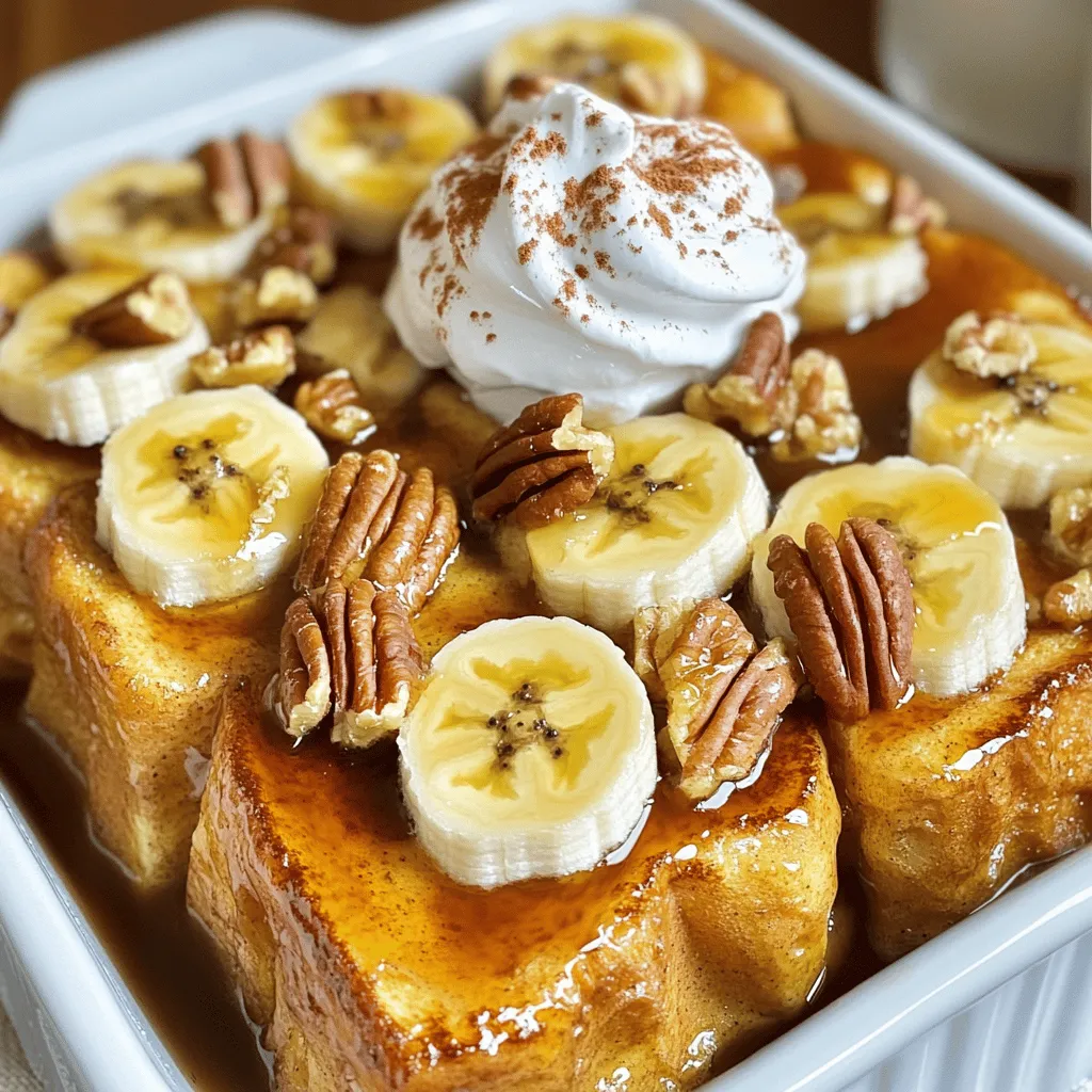 - 1 loaf of brioche or challah bread, cut into 1-inch cubes - 4 large eggs - 2 cups milk - 1 cup heavy cream - 1/2 cup brown sugar - 1 teaspoon vanilla extract - 1 teaspoon ground cinnamon - 1/4 teaspoon salt These main ingredients create the base of the casserole. Brioche or challah bread works best due to its soft texture. The eggs, milk, and heavy cream form a rich custard. Brown sugar adds sweetness, while vanilla extract gives a warm flavor. Ground cinnamon and salt enhance the taste, creating a comforting dish that everyone loves. - 4 ripe bananas, sliced - 1/2 cup chopped pecans - 1 cup maple syrup (for serving) - Whipped cream (for topping, optional) Toppings make this dish special. Sliced bananas add freshness and natural sweetness. Chopped pecans give a nice crunch. Maple syrup offers a classic touch. You can also add whipped cream for extra creaminess. These toppings enhance the flavors and presentation, making your dish look and taste amazing. Preheating the Oven Start by preheating your oven to 350°F (175°C). This step is key for even baking. A hot oven helps the casserole rise and turn golden. Mixing the Egg Mixture In a large bowl, whisk together the eggs, milk, heavy cream, brown sugar, vanilla extract, ground cinnamon, and salt. Mix until everything blends well. This mixture will soak into the bread, creating a rich base. Layering the Bread Cut the brioche or challah bread into 1-inch cubes. Spread the bread evenly in a greased 9x13-inch baking dish. Pour the egg mixture over the bread. Press down gently to ensure each piece gets soaked. Adding Bananas and Pecans Slice the ripe bananas and sprinkle them over the soaked bread. Next, add the chopped pecans on top. These add a nice crunch and flavor. Refrigeration Time Cover the dish with plastic wrap. Refrigerate it for at least 2 hours or overnight. This allows the bread to soak up the mixture fully. Ready to Bake Before baking, let the dish sit at room temperature for about 30 minutes. This helps it bake evenly. Setting the Oven Temperature Place the dish in your preheated oven. Bake for 45-50 minutes. Keep an eye on it to avoid burning. Checking for Doneness The casserole is done when the top is golden brown and the custard is set. Insert a knife in the center; it should come out clean. Cooling and Serving Let the casserole cool slightly before cutting it into squares. Serve warm, drizzled with maple syrup. If you like, add whipped cream on top for extra delight. - Ensuring Even Soaking Make sure each bread piece is soaked. This helps all the flavors blend. Pour the egg mixture slowly. Press down gently. This way, no dry spots remain. - Choosing the Right Bread I love using brioche or challah. These breads soak well and add sweetness. They also give a soft texture. Avoid bread that is too dense. It won’t absorb the mix properly. - Timing and Organization Plan ahead! Refrigerate the casserole overnight. This allows the bread to soak fully. It also saves time in the morning. Just bake and enjoy. - Plating and Presentation Tips Serve this dish on a large platter. Cut it into squares for easy serving. Add extra banana slices on top. This adds color and looks great. - Garnishing Ideas with Cinnamon A sprinkle of ground cinnamon adds warmth. It also enhances the flavor. Use a light hand to avoid overpowering the dish. - How to Serve with Syrup Drizzle warm maple syrup over each piece. This adds sweetness and moisture. For a special touch, serve whipped cream on the side. It makes each bite a treat! {{image_2}} You can change up the flavors in your Bananas Foster French Toast Casserole easily. Here are some ideas: - Adding Nuts and Fruits: You can add nuts like walnuts or almonds for crunch. Fruits such as berries or apples can add a fresh twist. Just sprinkle them on top or mix them into the bread layer. - Incorporating Nutmeg or Other Spices: Nutmeg gives a warm flavor that pairs well with bananas. You can also try allspice or cardamom for a unique taste. Just a pinch can make a big difference! - Using Different Breads: While brioche or challah are great, you can use sourdough or even whole wheat bread. Each type of bread brings its own taste and texture. If you have special diets, you can still enjoy this casserole. Here are some options: - Gluten-Free Options: Use gluten-free bread to make this dish safe for those with gluten allergies. Many stores sell tasty gluten-free bread that works well here. - Vegan Adaptations: Replace eggs with a mix of flaxseed and water. Use almond or oat milk instead of regular milk. For cream, try coconut cream. This makes it vegan-friendly! - Lower Sugar Substitutes: If you want less sugar, try using a sugar substitute. You can also reduce the brown sugar and add more ripe bananas. The bananas will add natural sweetness. Refrigeration Guidelines After enjoying your Bananas Foster French Toast Casserole, store leftovers in the fridge. Place it in an airtight container. It will stay fresh for about 3 to 5 days. If you want to save some for later, cut it into squares for easy access. Freezing Instructions You can freeze this casserole too. Wrap individual pieces in plastic wrap, then put them in a freezer bag. It can last up to 2 months in the freezer. When you’re ready to eat, just thaw it overnight in the fridge before reheating. Best Methods for Reheating To reheat, the oven works best. Preheat it to 350°F (175°C). Place the casserole in a baking dish and cover it with foil. Bake for about 20 minutes or until warmed through. You can also microwave individual pieces for quick heat-ups, but the oven keeps the texture nice. Ensuring Freshness and Texture To keep the bread from drying out, add a splash of milk before reheating. This helps it stay moist. Always check that it’s heated all the way through to enjoy the best flavors. Can I make this casserole ahead of time? Yes, you can make this casserole ahead of time. Prepare it the night before. After mixing the egg mixture with the bread, cover it. Let it chill in the fridge overnight. This helps the bread soak up the flavors well. How long does Bananas Foster French Toast Casserole last in the fridge? This casserole lasts for about three to four days in the fridge. Store it in an airtight container. Reheat it gently in the oven or microwave when you're ready to enjoy it. Can I substitute the heavy cream? Yes, you can substitute heavy cream. Use whole milk or a mix of milk and yogurt for a lighter option. This change will slightly alter the creaminess but will still taste great. What to do if the casserole is soggy or dry? If your casserole is soggy, it may have too much liquid. Next time, use less milk or let it soak for less time. If it is dry, it may have baked too long. Keep an eye on the baking time for a better result. How to fix over-baked Bananas Foster Casserole? If your casserole is over-baked, try adding a drizzle of syrup on top. You can also serve it with whipped cream to add moisture. Another tip is to pair it with fresh banana slices. This will help balance the dryness. This post covered how to make a tasty Bananas Foster French Toast Casserole. We went over the main ingredients, tips for perfecting your dish, and helpful variations. Try adding your favorite toppings, like nuts or spices, to make it yours. Don't forget, storing leftovers is easy if done right. You'll enjoy this dish fresh or reheated. I hope you feel excited to make this easy, delicious casserole soon!
