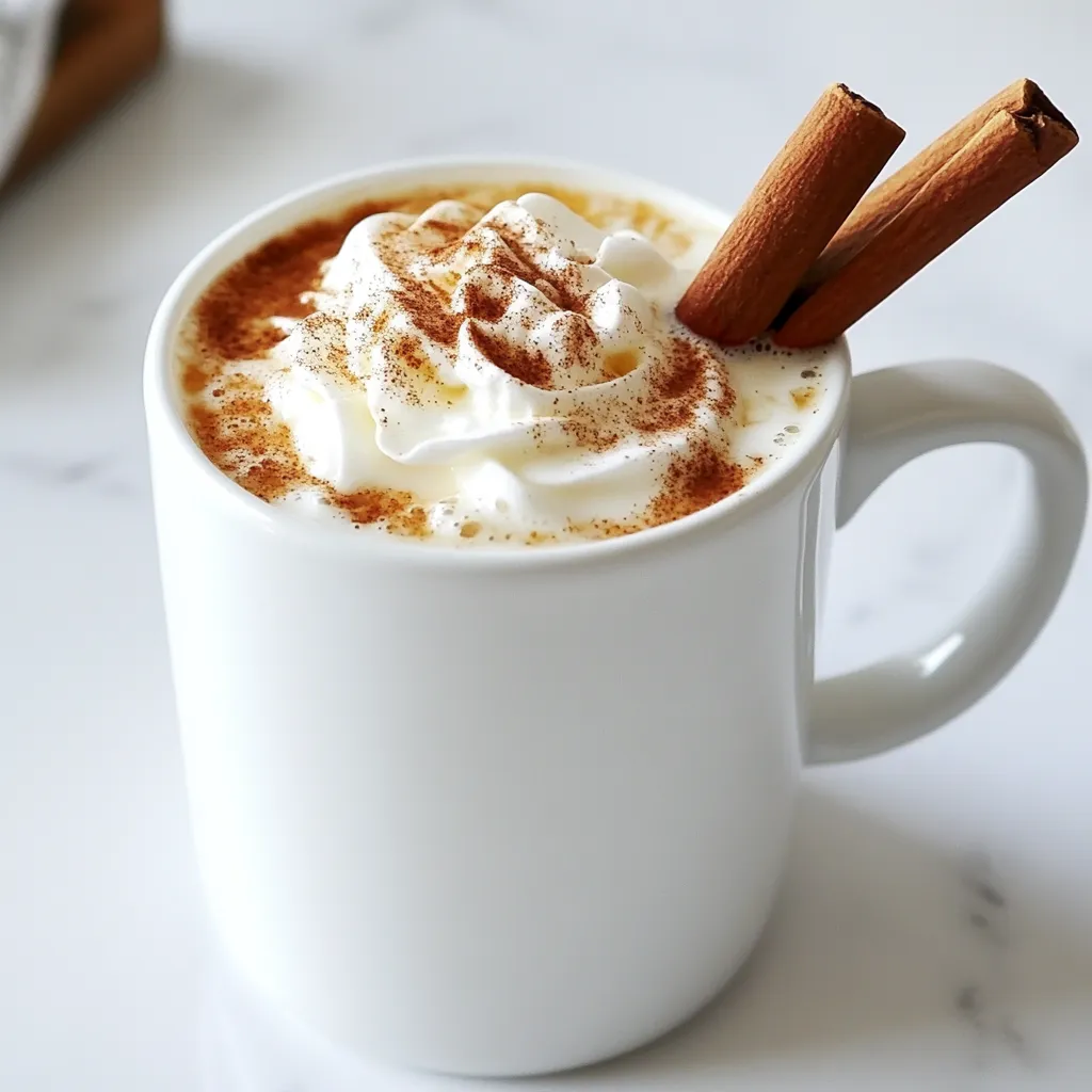 To make your Warm Maple Brown Sugar Chai Latte, you will need: - 2 cups milk (any variety, or plant-based alternative) - 1 cup water - 2 chai tea bags (or 2 teaspoons loose chai blend) - 2 tablespoons brown sugar - 1 tablespoon pure maple syrup - 1/2 teaspoon ground cinnamon - 1/4 teaspoon ground ginger - Pinch of ground cloves - Pinch of nutmeg - Whipped cream for topping (optional) - Cinnamon stick for garnish (optional) Each ingredient plays a key role in creating a rich and cozy drink. The milk brings creaminess, while the chai tea adds spice. Maple syrup and brown sugar sweeten the drink and give it a warm flavor. If you want to make changes to the recipe, there are some easy swaps. - Use almond milk or oat milk for a plant-based option. - If you prefer less sugar, try honey or agave syrup instead of brown sugar. - You can add vanilla extract for more flavor. These substitutions help personalize your drink while keeping it delicious. To prepare your latte, you will need: - Medium saucepan for heating water and milk - Whisk or milk frother for frothing milk - Measuring spoons for accuracy - Mugs for serving Having the right tools makes the process smooth. Enjoy making your drink with ease! Start by making the chai base. In a medium saucepan, add 1 cup of water and the 2 chai tea bags. Heat the water until it boils gently. Once it boils, lower the heat to simmer for about 5 minutes. This helps the tea steep. After 5 minutes, take out the tea bags. Stir in 2 tablespoons of brown sugar and 1 tablespoon of pure maple syrup. Next, add 1/2 teaspoon of ground cinnamon, 1/4 teaspoon of ground ginger, a pinch of ground cloves, and a pinch of nutmeg. Mix well until everything dissolves. Grab another saucepan for the milk. Pour in 2 cups of your choice of milk. Heat it over medium heat. It should get hot but not boil. Keep stirring to avoid scorching. Once the milk is hot, it’s time to froth. You can use a whisk or a milk frother. Whisk it hard until it gets nice and frothy. Now, it’s time to put it all together! Take your mugs and fill them halfway with the chai mixture. Then, carefully pour the frothed milk on top, filling the mugs to the rim. If you want to make it extra special, add whipped cream on top. A sprinkle of cinnamon is a lovely touch. For the final flourish, add a cinnamon stick for stirring. Enjoy your warm maple brown sugar chai latte! To get the best flavor, focus on the spices. Use fresh ground spices for a strong taste. The mix of cinnamon, ginger, cloves, and nutmeg makes a warm blend. Adjust the brown sugar and maple syrup to fit your taste. If you like it sweeter, add more maple syrup. If you want a spicier drink, add a bit more ginger. Taste as you go to find your ideal balance. Frothing milk can seem tricky, but it is simple. Heat the milk slowly over medium heat until it gets hot. Avoid boiling it; this can ruin the texture. Use a whisk or milk frother to create a frothy top. If you use a frother, move it up and down in the milk to get more foam. The goal is to have creamy foam that sits on top of the chai. You can make your latte your own in many ways. Want more sweetness? Add a splash of vanilla extract or use flavored syrups. If you like a different spice, try cardamom or allspice. You can also add a sprinkle of cocoa powder for a unique twist. For a cooling effect, try adding ice for an iced version. Let your taste guide you in creating the perfect drink. {{image_2}} You can enjoy a chilled version of this drink. Start by making the chai base the same way. Once you finish brewing, let it cool down. Pour the chai into a glass filled with ice. Then, add your frothed milk on top. You can finish with a drizzle of maple syrup for sweetness. This drink is perfect for warm days. If you want a dairy-free drink, use plant-based milk. Almond milk, oat milk, or coconut milk all work great. They bring their own flavors, which can add to the drink. Just follow the same steps as the recipe. You can also use dairy-free whipped cream on top if you like. You can mix in other flavors to make your drink unique. For a vanilla twist, add a splash of vanilla extract when mixing your chai base. If you love chocolate, stir in some cocoa powder or chocolate syrup. Try different spices too! Cardamom or nutmeg can change the taste. Have fun experimenting and find your favorite mix! If you have some chai latte left, you can store it in the fridge. Pour the leftover latte into an airtight container. Make sure to seal it well to keep it fresh. It will last for about three days. When you are ready to drink it again, give it a good shake or stir. You can freeze parts of this chai latte too. For the spiced chai mix, pour it into ice cube trays. Once frozen, pop out the cubes and store them in a freezer bag. This method makes it easy to use later. You can use the cubes in smoothies or drinks. Just remember to use them within a month for the best taste. To reheat your latte, pour it into a saucepan. Warm it over low heat. Stir gently to mix and avoid burning. If you have the spiced chai cubes, add them to a saucepan with some milk. Heat until everything is warm. You can also use a microwave, but heat in short bursts. Stir between each burst to ensure even warmth. Enjoy your cozy drink again! A chai latte combines spiced tea with steamed milk. It blends strong chai flavors with creamy milk. You can use tea bags or loose chai blend. The spices often include cinnamon, ginger, and cloves. This drink warms you up on cold days. The sweetness comes from sugar or syrup, adding a cozy touch. Yes, you can switch brown sugar with many other sweeteners. Honey, maple syrup, or agave nectar work well. Each sweetener adds a unique taste. Adjust the amount to fit your preference. Start with less and add more if needed. Natural sweeteners can also make it healthier. To make this chai latte vegan, use plant-based milk. Almond, soy, or oat milk are good options. For sweeteners, use maple syrup or agave. Skip the whipped cream or use a vegan version. This way, you can enjoy a tasty chai latte without dairy. This blog post covered the key ingredients and steps to make a great chai latte. I shared ways to customize flavors and offered tips for frothing milk. We also explored variations, like iced options and dairy-free substitutes. Finally, I provided storage and reheating tips to keep your latte fresh. With these insights, you can create your perfect chai latte at home. Enjoy experimenting with your recipes!