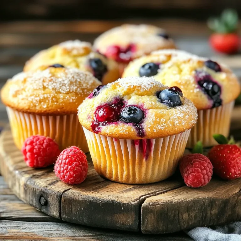 To make these tasty muffins, you need a few key ingredients. Here’s the list: - 2 cups all-purpose flour - 1 tablespoon baking powder - 1/2 teaspoon baking soda - 1/2 teaspoon salt - 1/2 cup unsalted butter, softened - 3/4 cup granulated sugar - 2 large eggs - 1 teaspoon vanilla extract - 1/2 cup milk (whole or almond) - 1 cup mixed berries (blueberries, raspberries, strawberries, chopped if large) These ingredients form the base of your muffins, giving them structure and flavor. You can add extra ingredients to make your muffins even better. Consider these: - 1 tablespoon lemon zest - 2 tablespoons coarse sugar for topping Lemon zest gives a bright flavor. Coarse sugar adds a nice crunch on top. When you choose berries, look for these tips: - Pick berries that are firm and plump. - Check for bright colors; they should look vibrant. - Avoid berries that are mushy or have spots. Fresh berries make a big difference in taste and texture. Always wash them gently before use. Start by preheating your oven to 375°F (190°C). Then, line a muffin tin with paper liners or grease it lightly. In a medium bowl, whisk together 2 cups of all-purpose flour, 1 tablespoon of baking powder, 1/2 teaspoon of baking soda, and 1/2 teaspoon of salt. In a large bowl, beat 1/2 cup of softened unsalted butter and 3/4 cup of granulated sugar using an electric mixer. Mix until it is light and fluffy, which should take about 2-3 minutes. Next, add 2 large eggs, one at a time, mixing well after each. Stir in 1 teaspoon of vanilla extract. Gradually mix the dry ingredients into the wet mixture, alternating with 1/2 cup of milk. Start with the dry mix, then add a little milk, and repeat. Remember, a few lumps are fine. Finally, fold in 1 cup of mixed berries and 1 tablespoon of lemon zest if you like. Now, divide the batter evenly into the muffin cups, filling each about 2/3 full. If you want, sprinkle 2 tablespoons of coarse sugar on top for extra crunch. Place the muffin tin in the preheated oven. Bake for 18-22 minutes. To check if they are done, insert a toothpick into the center of a muffin. If it comes out clean, they’re ready! After baking, let the muffins cool in the pan for 5 minutes. Then, transfer them to a wire rack to cool completely. For serving, present them on a beautiful platter. You can garnish with fresh berries for a pop of color. Enjoy these muffins warm or at room temperature. A drizzle of honey or a spread of butter adds a lovely touch! To get the best muffin texture, focus on mixing. Use a gentle hand when combining the wet and dry ingredients. Overmixing makes muffins tough. A few lumps in the batter are okay. This keeps your muffins light and fluffy. Always fill the muffin cups about two-thirds full. This allows room for the muffins to rise nicely. One common mistake is skipping the baking powder. This ingredient is key for fluffiness. Also, don’t forget to soften the butter. Cold butter will not mix well and will affect the texture. Lastly, make sure your oven is fully preheated. If it’s not, your muffins may bake unevenly. You can easily switch up the berries in this recipe. Try adding chopped peaches, apples, or even bananas. Each fruit will give a unique flavor. For a tropical twist, use diced pineapple or mango. Just keep the same amount as the original recipe. This way, you can enjoy new tastes while keeping it simple. {{image_2}} You can make these muffins gluten-free. Use gluten-free all-purpose flour instead of regular flour. Make sure the blend has xanthan gum. This helps with texture. Follow the recipe as usual. The muffins will still taste great. Enjoy the same berry goodness without gluten! To create vegan muffins, swap out the eggs and butter. Use flax eggs instead of real eggs. Mix 1 tablespoon of ground flaxseed with 2.5 tablespoons of water. Let it sit until thick. For butter, use coconut oil or vegan butter. Replace the milk with almond milk or any plant-based milk. These vegan muffins are just as tasty! You can add fun ingredients to the muffins. Try adding nuts like walnuts or pecans for crunch. Chocolate chips are a sweet option too! For a hint of spice, mix in cinnamon or nutmeg. Chopped apples or bananas also work well. Feel free to get creative and customize your muffins! To keep your triple berry muffins fresh, store them in an airtight container. This helps retain their moisture and flavor. Make sure they cool completely before storing. If you leave them out, they can dry out quickly. You can keep them at room temperature for up to three days. For longer storage, consider freezing them. Freezing muffins is simple and effective. First, let the muffins cool completely. Wrap each muffin in plastic wrap or foil. Then, place them in a freezer-safe bag or container. You can freeze them for up to three months. When you're ready to enjoy, just take out the number you want. Reheating muffins restores their soft texture. You can use an oven or microwave. For the oven, preheat it to 350°F (175°C). Place the muffins in for about 10 minutes. If you use a microwave, heat each muffin for about 15-20 seconds. Wrap them in a damp paper towel for best results. Enjoy your muffins warm! To make sure your muffins rise, follow a few key steps. First, use fresh baking powder. If it’s old, it may not work. Second, mix your batter just enough. Overmixing can make muffins dense. Finally, fill the muffin cups to about two-thirds full. This allows room for rising. Yes, you can use frozen berries! They work well in muffins. However, they can add extra moisture. To fix this, you may want to reduce the milk slightly. Also, don’t thaw them before mixing. Add them frozen right into the batter for best results. You can use several options for milk substitutes. Almond milk, oat milk, or soy milk are great choices. If you want a richer flavor, try coconut milk. Keep in mind, the taste may change a bit. Adjust to your preference, and enjoy the muffins! You learned how to make tasty triple berry muffins today. We covered key ingredients, step-by-step instructions, and tips for perfect texture. I shared storage tips and even variations for gluten-free or vegan diets. Remember, using fresh berries will boost flavor. Avoid common mistakes for the best results. Keep this guide handy for your next baking adventure. Enjoy your muffins warm and fresh!