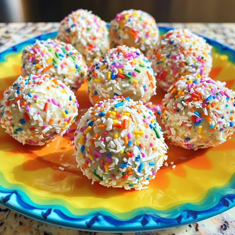 - 1 cup vanilla protein powder - 1/2 cup almond flour - 1/2 cup rolled oats - 1/4 cup almond butter - 1/4 cup honey or maple syrup - 1 teaspoon vanilla extract - 1/4 cup rainbow sprinkles - 2 tablespoons unsweetened coconut flakes (optional) The main ingredients create a tasty base for your protein bites. First, the vanilla protein powder gives them a great flavor and adds protein. Almond flour and rolled oats add texture and fiber. Almond butter brings healthy fats and moisture. Honey or maple syrup sweetens the bites. The vanilla extract adds a lovely aroma. Rainbow sprinkles make these bites festive and fun. If you want, add coconut flakes for extra flavor. - Nut butter substitutes - Different sweeteners - Additional flavor enhancers You can get creative with optional add-ins. Use peanut butter or sunflower seed butter instead of almond butter. For sweeteners, try agave syrup or coconut sugar. To enhance flavor, add spices like cinnamon, or a dash of cocoa powder for a chocolate twist. These choices let you customize the bites to your taste. First, we mix the dry ingredients. Grab a large bowl and add: - 1 cup vanilla protein powder - 1/2 cup almond flour - 1/2 cup rolled oats Stir these ingredients well until they blend evenly. This step is key to getting a good base for your bites. Now, we add the wet ingredients. Pour in: - 1/4 cup almond butter - 1/4 cup honey or maple syrup - 1 teaspoon vanilla extract Mix everything together until you get a dough-like texture. If it feels too dry, add a bit more almond butter. If it’s too wet, sprinkle a bit more almond flour. Next, we form the bites. Scoop out tablespoon-sized portions. Roll them into small balls with your hands. This is where the fun starts! After that, let’s coat them with sprinkles. Roll each ball in extra rainbow sprinkles. This gives them a festive look and adds extra sweetness! Now, we need to set the bites. Place them on a parchment-lined baking sheet. Refrigerate for at least 30 minutes. This helps them firm up. For storage, transfer the chilled bites to an airtight container. You can keep them in the fridge for up to one week. Enjoy these tasty treats anytime you want a sweet snack! To get that perfect dough-like consistency, mix the dry ingredients well first. This helps everything blend evenly. If your mixture feels too dry, add a bit more almond butter or honey. If it's too wet, add a little more almond flour or oats. Adjusting these ingredients can create the right texture. You can change the flavor with some easy swaps. Instead of almond butter, try peanut butter or sun butter. For sweeteners, maple syrup is a great choice. Adding spices like cinnamon or nutmeg can also give a warm, cozy taste. Just a pinch can make a big difference! When serving, think fun and bright! Place the protein bites on a colorful plate. You can use extra sprinkles on top for a festive look. Cupcake liners add a cute touch too. These bites are perfect for parties, and they look great on any table! {{image_2}} You can easily change the flavor of your protein bites. For a chocolate twist, use chocolate protein powder instead of vanilla. Mix in cocoa powder for a richer taste. You can also add chocolate chips for extra sweetness. It makes a great chocolate birthday cake protein bite. If you want something festive, try confetti cake bites. Just swap the rainbow sprinkles for different ones. This will give your bites a fun look. You can use heart or star-shaped sprinkles for special occasions. Making these protein bites vegan is simple. Just use a plant-based protein powder. Replace honey with maple syrup for sweetness. Almond butter is often vegan, but check the label to be sure. If you're gluten-free, use certified gluten-free oats and almond flour. These swaps make the bites safe for those with gluten sensitivities. You can enjoy these treats without worry! Don’t feel limited to almond butter. Peanut butter is a great option too. It adds a rich flavor and creamy texture. If you're nut-free, try sun butter or soy nut butter. These options still provide a tasty bite. You can also use cashew butter if you want a different taste. Cashew butter is smooth and has a mild flavor. It blends well with the other ingredients. This gives you a nice variety in your protein bites. Store your no bake birthday cake protein bites in airtight containers. This keeps them fresh. You can use glass jars or plastic containers. Glass jars look nice, but plastic is lighter. Make sure to seal them tight. Refrigerate your bites right after they chill. This helps them stay firm and tasty. Keep them in the fridge until you're ready to eat. These yummy protein bites can last about one week in the fridge. If you see any signs of spoilage, it’s best to toss them. Spoilage signs include a strange smell or visible mold. Always check before enjoying! Yes, you can freeze these protein bites! Just place them in a freezer-safe container. They can last up to three months in the freezer. When you’re ready to eat, simply take them out. Let them thaw at room temperature for about 10 to 15 minutes. Serve them cold for a refreshing treat! No Bake Birthday Cake Protein Bites last for about one week in the fridge. Store them in an airtight container to keep them fresh. I recommend checking for any signs of spoilage, like a change in smell or texture. If they look and smell good, they are still safe to eat. Yes, you can substitute protein powder. Use any flavor you like, such as chocolate or strawberry. You can also try plant-based protein powders if you want a vegan option. Just keep in mind that different powders may change the flavor and texture a bit. Absolutely! These protein bites are great for kids. They are fun, tasty, and packed with nutrients. Kids love the rainbow sprinkles, making them feel like a treat. Just ensure no one has allergies to the ingredients like nuts or gluten. To make these bites vegan, use maple syrup instead of honey. Swap the almond butter for any nut or seed butter that is vegan. Make sure your protein powder is plant-based as well. These easy swaps keep the recipe delicious and friendly for all diets. You can create fun and tasty no-bake birthday cake protein bites quickly. Start with easy-to-find ingredients like protein powder and almond flour. Mixing dry and wet ingredients leads to a delightful treat. Roll them up and chill for the best texture. Try different flavors and adapt for any diet. Store them right to keep them fresh. Enjoy these snacks at parties or as a meal boost. With these tips, you can make delicious bites that everyone will love. Get creative and have fun while making them!