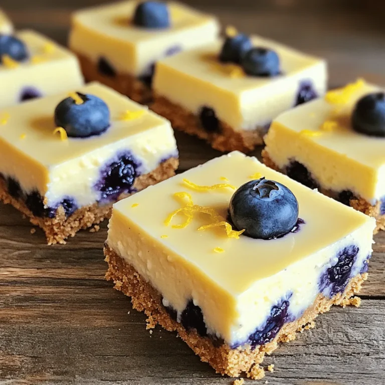 - 1 ½ cups graham cracker crumbs - ½ cup unsalted butter, melted - ¼ cup granulated sugar - 2 (8 oz) packages cream cheese, softened - ¾ cup granulated sugar - 2 large eggs - ¼ cup sour cream - 1 tablespoon lemon juice - Zest of 1 lemon - 1 teaspoon vanilla extract - 1 cup fresh blueberries When I make Lemon Blueberry Cheesecake Bars, I gather these main ingredients first. The graham cracker crumbs create a nice base. I use melted unsalted butter to bind the crust. Granulated sugar adds sweetness to the crust and the filling. I prefer cream cheese for that rich and creamy texture. I love adding eggs to the filling for fluffiness. Sour cream gives a nice tang. The lemon juice and zest provide that bright flavor. Vanilla extract adds warmth to the mix. Finally, fresh blueberries bring a sweet burst in every bite. - additional blueberries - whipped cream - lemon zest After cutting the bars, I often add some optional toppings. Extra blueberries make each piece look inviting. A dollop of whipped cream adds a creamy touch. A sprinkle of lemon zest on top gives a fresh look and taste. These toppings can elevate your dessert and make it even more appealing. 1. Preheating the oven: Start by preheating your oven to 325°F (165°C). This step is key for even baking. 2. Mixing and pressing crust ingredients: In a medium bowl, mix 1 ½ cups of graham cracker crumbs, ½ cup of melted unsalted butter, and ¼ cup of granulated sugar. Stir until the crumbs are coated. Press this mixture firmly into the bottom of a greased 9x9-inch baking pan. 3. Baking and cooling crust: Bake the crust for 10 minutes. It should look lightly golden. Once done, remove it from the oven and let it cool completely. 1. Beating cream cheese and sugar: In a large mixing bowl, take 2 packages (8 oz each) of softened cream cheese and ¾ cup of granulated sugar. Beat them together with an electric mixer until smooth and creamy. This should take about 2-3 minutes. 2. Adding eggs and remaining ingredients: Add 2 large eggs to the mixture, one at a time. Mix well after each addition. Then, add ¼ cup of sour cream, 1 tablespoon of lemon juice, the zest of 1 lemon, and 1 teaspoon of vanilla extract. Mix until everything combines well. 3. Incorporating blueberries: Gently fold in 1 cup of fresh blueberries. Be careful not to break them as you mix. 1. Pouring filling over crust: Pour the cream cheese mixture over your cooled crust. Spread it evenly with a spatula. 2. Baking time and visual cues for doneness: Bake the cheesecake bars in the preheated oven for about 35-40 minutes. The edges should be set, and the center should have a slight jiggle. 3. Cooling and chilling instructions: After baking, let the bars cool at room temperature for about 1 hour. Then, refrigerate them for at least 3 hours, or overnight for the best texture. To achieve a smooth filling, start with softened cream cheese. This helps mix better. Beat it with sugar until completely smooth. It should look creamy and not lumpy. When you add the blueberries, fold them in gently. This keeps them whole and juicy. If you stir too hard, you will crush them. A light touch preserves their shape and flavor. Chilling is key for texture. After baking, let the bars cool at room temperature for an hour. Then, refrigerate for at least three hours. This step helps the bars set and develop flavors. Avoid overmixing the filling. Mixing too long can add air, making your bars crack. Just mix until combined and creamy. Make sure to cool the crust before adding the filling. If the crust is hot, it can cook the filling. This leads to uneven texture. Do not skip the chilling time. Chilling helps the bars firm up. Cutting them too soon can cause a mess. Patience pays off for great results. {{image_2}} You can mix things up with these fun flavors. - Other Fruits: Try adding fresh raspberries or strawberries. They add a sweet and tart kick. Simply fold them in like you do with blueberries. - Different Citrus: Swap lemon for lime or orange. Each fruit brings its own zest and flavor. Lime gives a nice tang, while orange adds sweetness. You can still enjoy these bars with some easy changes. - Gluten-Free Options: Use gluten-free graham crackers instead. They work just as well for the crust. Look for brands that taste good. - Dairy-Free Substitutions: You can use dairy-free cream cheese. It gives you the same creamy texture without the dairy. Check for brands that are rich and smooth. These bars taste great with simple pairings. - Sauces: Serve with lemon curd or fruit compote. These add extra flavor and look pretty too. Drizzle them on top or serve on the side. - Beverages: Enjoy your cheesecake bars with coffee or tea. The rich flavors of the bars pair well with the warmth of these drinks. It makes for a delightful treat any time. After making your lemon blueberry cheesecake bars, let them cool completely. This step is key. Place them in the fridge for three hours or longer. Cooling helps set the bars and enhances taste. For storage, use an airtight container. This keeps them fresh longer. If you don’t have one, you can cover them tightly with foil. However, foil may not keep them as fresh as a container. You can freeze these cheesecake bars for later. First, cut them into squares. Wrap each piece in plastic wrap. Then, place them in a freezer-safe bag or container. Make sure to remove as much air as possible. This helps prevent freezer burn. To thaw, take them out of the freezer and place them in the fridge. Let them sit overnight. If you're in a hurry, you can thaw them at room temperature for about an hour. In the fridge, these cheesecake bars last about a week. Keep an eye on them. Signs of spoilage include an off smell or a change in texture. If they feel slimy or have a strange color, it’s best to toss them. Enjoy your dessert fresh for the best taste! The cheesecake bars need to chill for at least three hours. For the best taste and texture, I recommend letting them chill overnight. This time helps the flavors meld and makes cutting easier. Yes, you can use frozen blueberries. However, they may release more juice during baking. This can slightly change the texture and color of your bars. If you use frozen berries, do not thaw them before adding. You can try using mascarpone cheese or Greek yogurt. Both options will give you a creamy texture. If you want a dairy-free option, consider using cashew cream or a dairy-free cream cheese. To check if the bars are done, look for set edges and a slight jiggle in the center. They should not be wet or liquidy. A toothpick inserted in the center should come out clean or with a few moist crumbs. You can create delicious Lemon Blueberry Cheesecake Bars using simple ingredients. We covered how to make the crust and filling, as well as tips to avoid common mistakes. Remember to chill your bars for the best texture. You can also try different flavors or dietary options. Store them properly to keep them fresh. Enjoy sharing these tasty treats! They are perfect for any occasion. Now you can impress friends and family with your baking skills.
