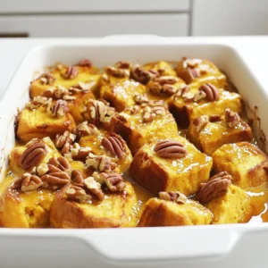 To make this Pumpkin Spice French Toast Casserole, gather these simple ingredients: - 1 loaf of challah bread (or any thick bread), cubed - 4 large eggs - 2 cups milk (or almond milk) - 1 cup pumpkin puree - 1/2 cup brown sugar - 1 teaspoon vanilla extract - 1 teaspoon pumpkin pie spice - 1/2 teaspoon cinnamon - Pinch of salt - 1/2 cup pecans, chopped (optional) - Maple syrup, for serving You can swap ingredients to match your taste or needs. - Use any thick bread, like brioche, if you can't find challah. - Replace milk with almond milk for a dairy-free option. - Use honey or agave syrup if you want a healthier sweetener. - If you don’t have pumpkin pie spice, mix cinnamon, nutmeg, and ginger for a similar flavor. Add these toppings for extra flavor and fun: - Whipped cream for a creamy touch. - Fresh fruit like bananas or berries for a fruity bite. - A sprinkle of powdered sugar for a sweet finish. - Extra nuts, like walnuts or hazelnuts, for crunch. This casserole is not just a meal; it’s a treat that warms the heart. You can mix and match these ingredients to create a version just for you! - Preheat your oven to 350°F (175°C) and grease a 9x13-inch baking dish. - In a large bowl, whisk together the eggs, milk, pumpkin puree, brown sugar, vanilla extract, pumpkin pie spice, cinnamon, and salt. Mix until everything blends well. - Add the cubed challah bread to the egg mixture. Gently fold to coat all the bread pieces. Let it soak for about 15 minutes. This helps the bread soak up all the yummy flavors. - If you like, fold in the chopped pecans. They add a nice crunch and extra taste. - Pour the mixture into the prepared baking dish. Spread it out evenly to ensure it cooks well. - Cover the dish with aluminum foil and bake in the preheated oven for 30 minutes. - After 30 minutes, remove the foil. Bake for an additional 15-20 minutes. The top should turn golden brown. A knife inserted in the center should come out clean. - Let the casserole cool slightly before serving. Enjoy it drizzled with warm maple syrup for a sweet touch! - Soaking time tips: Soaking the bread is key. Let it sit for at least 15 minutes. This helps the bread soak up the egg mixture. You want each piece to be soft and flavorful. If you have more time, you can let it soak longer. A good soak means a moist casserole. - Achieving the right consistency: The mixture should be thick but not dry. If it seems too thick, add a splash more milk. It should coat the bread well. After baking, the top should be golden brown. Inside, it should be soft and custardy, not runny. - Pairing with breakfast items: This casserole is great with crispy bacon or fresh fruit. You can also serve it with yogurt. These add a nice balance to the sweet flavors. Fresh berries can brighten the plate. - Best syrup options: Maple syrup is the classic choice. It adds rich flavor. You can also try flavored syrups like caramel or vanilla. A drizzle of honey works well too. These options make each bite even better. - Preparing ahead of time: Yes, you can make this casserole ahead of time. Prepare it the night before. Just cover it and store it in the fridge. In the morning, you can bake it right from the fridge. This saves time and makes breakfast easier. - Reheating tips: If you have leftovers, you can reheat them. Just warm them in the oven at 350°F (175°C). Cover with foil to keep it moist. This helps maintain its soft texture. You can also use the microwave, but be careful not to overheat. Enjoy it warm for the best taste. {{image_2}} You can change the taste of your Pumpkin Spice French Toast Casserole easily. First, try adding different spices. Instead of just pumpkin pie spice, add nutmeg or ginger for a kick. You can also mix in some allspice for warmth. Each spice gives a new twist to the dish. Next, consider using alternative bread types. While challah is my favorite, brioche or sourdough works well too. Each bread has its own flavor and texture. Choose what you enjoy most for the best results. If you need vegan or gluten-free options, you can make simple swaps. For vegan, use almond milk and replace eggs with flax eggs. Mix one tablespoon of ground flaxseed with three tablespoons of water. Let it sit for a few minutes until it thickens. For gluten-free, use gluten-free bread. Many stores offer great options now. Always check labels to ensure they are safe for your needs. Nut-free options are easy as well. Just leave out the pecans or replace them with seeds like sunflower or pumpkin seeds. These add a nice crunch without any nuts. You can give your casserole a holiday feel! For Thanksgiving, add cranberries or chopped apples. They add color and flavor, making it festive. For Christmas, try a sprinkle of peppermint extract in the mix. When it comes to toppings, get creative! Use whipped cream or yogurt for a special touch. Fresh fruit like berries or bananas can brighten up the dish. You could even drizzle some caramel sauce for extra sweetness. Each topping can change the whole dish for any occasion. To keep your casserole fresh, store it in the fridge. Use an airtight container or cover it tightly with plastic wrap. It will stay good for about three to four days. If you want to save it for later, freezing is a great option. Cut the casserole into portions and wrap each piece in plastic wrap. Then, place them in a freezer bag. It will last for about two months in the freezer. For best freshness, eat the casserole within a few days. Keep an eye out for signs of spoilage. If it has an off smell or shows mold, it’s time to toss it. Always trust your senses. If it looks or smells bad, don’t eat it. When reheating, the oven is best. Preheat the oven to 350°F (175°C). Place the casserole in a baking dish, covered with foil. Heat for about 20 minutes until warm. This method keeps the texture nice. You can use the microwave for quick reheating. Just place a portion in a bowl and heat on medium for 1-2 minutes. Be careful; it can get soggy. If you choose the microwave, stir halfway for even heating. I recommend using challah bread or brioche for this recipe. These breads are soft and fluffy. Their thickness helps them soak up the pumpkin mixture well. You can also use any thick bread you have on hand. Just make sure it is not too dry. Fresh bread gives the best results. Yes, you can make this casserole without eggs. Use a mixture of mashed bananas or applesauce instead. About 1/4 cup of either can replace one egg. You can also use flaxseed meal mixed with water. Mix one tablespoon of flaxseed with three tablespoons of water, let it sit, and then use it in place of one egg. These swaps will keep your casserole moist. You can store leftovers in the fridge for up to four days. Make sure to cover it tightly with plastic wrap or foil. This keeps the casserole fresh and prevents it from drying out. If you want to keep it longer, consider freezing it. Just make sure it cools completely before you freeze it. - Additional common questions and answers If you have more questions, feel free to ask! I love sharing tips about cooking. - Addressing potential concerns regarding baking times Baking times may vary based on your oven. Keep an eye on your casserole. It should be golden brown on top. A knife inserted in the center should come out clean. If it is still wet, give it a few more minutes. This blog post covered everything you need for making a great French toast casserole. We discussed key ingredients, substitutions, and optional toppings. You learned step-by-step instructions, tips for perfection, various flavor options, and how to store leftovers. Now, you can create a delicious dish fit for any occasion. Enjoy trying different variations and impressing your friends and family. Simple steps and flexibility make this recipe fun to explore. Happy cooking!