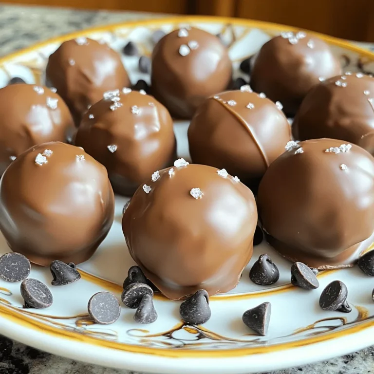 - 1 cup all-purpose flour (heat-treated) - 1/2 cup unsalted butter, softened - 1/3 cup brown sugar, packed - 1/3 cup granulated sugar - 1/2 teaspoon vanilla extract - 1/4 teaspoon salt - 1/2 cup mini chocolate chips - 8 oz. milk chocolate, for coating - Sea salt flakes, for garnish Heat-treated flour is key for safety. Raw flour can contain bacteria that might make you sick. Heating it in the microwave kills these germs. To do this, place the flour in a bowl, then microwave for one minute. Allow it to cool slightly before mixing it into your dough. This step keeps your truffles safe and tasty. For the best taste, use high-quality chocolate. Milk chocolate is sweet and creamy, perfect for coating. You can also try dark chocolate for a richer flavor. If you want a fun twist, use white chocolate. Each chocolate type gives a unique taste. Experiment and find your favorite! To start, we need to prepare the cookie dough. First, heat-treat the flour. Place 1 cup of all-purpose flour in the microwave for 1 minute. This step kills any bacteria. Let the flour cool for a bit. Next, in a large bowl, cream 1/2 cup of softened unsalted butter with 1/3 cup each of brown and granulated sugar. Mix until it feels light and fluffy. Add in 1/2 teaspoon of vanilla extract and a pinch of salt. Stir until combined. Now, slowly add the heat-treated flour to the mix. Use low speed and mix until just combined. Don't overmix here; we want a soft dough. Finally, fold in 1/2 cup of mini chocolate chips. Make sure they spread evenly throughout the dough. Scoop out small bits of dough and roll them into 1-inch balls. Place these balls on a parchment-lined baking sheet. Chill them in the fridge for about 30 minutes. This helps them firm up for coating. While your dough balls chill, it's time to melt the chocolate. Take 8 ounces of milk chocolate and place it in a microwave-safe bowl. Heat it in intervals of 30 seconds. Stir after each interval until the chocolate is smooth. Be careful not to burn it. This melted chocolate will create a rich coating for your truffles. Once your dough balls are chilled, it's time to dip them. Use a fork to pick up each ball and dip it into the melted chocolate. Let any extra chocolate drip off before placing them back on the parchment-lined sheet. While the chocolate is still wet, sprinkle a tiny bit of sea salt flakes on each truffle. This adds a nice touch of flavor. After dipping, place the truffles back in the refrigerator for about 15 to 20 minutes. This time allows the chocolate to set and harden. Enjoy the process of making these treats; they are a fun way to impress family and friends! One big mistake is not heat-treating the flour. This step is key to safety. Always microwave the flour for one minute. Let it cool before using it. Overmixing the dough is another issue. Mix just until combined to keep truffles soft. Lastly, when dipping, let excess chocolate drip off. This keeps the coating neat. You can make these truffles your own! Try using different types of chocolate. Dark chocolate adds a rich taste. You can also add nuts for crunch. Chopped pecans or walnuts work well. Want a twist? Add a splash of almond extract. It gives a nice flavor boost! Chilling the dough is crucial for the right texture. After rolling the dough into balls, chill them for 30 minutes. This helps them firm up. When coating, chill the truffles after dipping too. For 15-20 minutes, this sets the chocolate. Remember, cold truffles are easier to handle! {{image_2}} If you want nut-free truffles, simply skip any nuts. The cookie dough stays rich and tasty without them. Focus on the chocolate chips for sweetness and texture. You can also add seeds like sunflower seeds for a little crunch. This way, you still enjoy those truffles without any nut worries. You can switch up the chocolate coating for fun. Try dark chocolate for a richer flavor. White chocolate gives a sweet contrast and looks pretty too. For a twist, use flavored chocolates, like mint or orange. Each choice adds a new taste to your truffles. To make your truffles even better, think about adding flavors. A bit of almond or hazelnut extract can change the taste. You can also mix in crushed cookies or candy pieces. If you love a good crunch, add mini pretzels or rice crisps. These little changes make your truffles unique and exciting. To keep your truffles fresh, store them in an airtight container. Use a container that fits the truffles without too much space. This helps prevent them from getting squished. I like to layer parchment paper between the truffles. This keeps them from sticking together. Place the container in the refrigerator for the best freshness. Freezing is a great way to save truffles for later. First, let the truffles set in the fridge. Then, place them on a baking sheet in a single layer. Freeze them for about an hour. After that, transfer the truffles to a freezer-safe bag. Make sure to remove as much air as possible. You can enjoy a sweet treat anytime! When stored properly, chocolate chip cookie dough truffles can last up to two weeks in the fridge. If you freeze them, they can last up to three months. Always check for signs of spoilage before eating. If they look or smell off, it's best to toss them. Enjoy your truffles at their best! Yes, you can eat raw cookie dough if it is made safely. We use heat-treated flour. It kills harmful bacteria. This makes the dough safe to eat. Remember to use pasteurized eggs if your recipe includes them. You can keep chocolate chip cookie dough truffles in the fridge for about a week. Store them in an airtight container. If you want to keep them longer, freeze them. They can last up to three months in the freezer. If you need a butter substitute, try using coconut oil or applesauce. For sugar, consider using honey or maple syrup. Adjust the amounts based on your taste. Each substitute can change the texture and flavor slightly, so experiment to find what you like best! In this blog post, we explored making delicious cookie dough truffles. We covered key ingredients, the need for heat-treated flour, and the best chocolate. You learned step-by-step instructions for dough prep, chocolate melting, and dipping. We shared tips for common mistakes, ways to customize, and best chilling practices. Variations include nut-free options, different coatings, and flavor boosts. Finally, we discussed storage tips and frequently asked questions. Remember, making truffles is fun and easy. Enjoy your tasty treats!