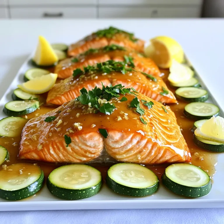 - 4 salmon fillets (about 6 oz each) - 2 medium zucchinis, sliced into half-moons - 1/4 cup honey - 4 cloves garlic, minced - 2 tablespoons soy sauce (low sodium) - 1 tablespoon olive oil - 1 teaspoon ginger, grated - Fresh parsley, chopped (for garnish) - Lemon wedges (for serving) - Salt and pepper In this recipe, we focus on fresh and simple ingredients that create bold flavors. Salmon fillets are rich in omega-3s and provide a hearty base. Zucchini adds a nice touch of freshness and color. Honey and garlic blend together to form a sweet and savory sauce that enhances the dish. You also need soy sauce, which adds depth, and olive oil for moisture. Ginger gives an extra zing that pairs well with the honey and garlic. When serving, fresh parsley brightens the plate, and lemon wedges provide a zesty kick. Salt and pepper elevate all those flavors. Each ingredient plays a key role, making this dish simple yet elegant. 1. Preheat your oven to 400°F (200°C). 2. Line a large baking sheet with parchment paper. This makes cleanup easy. 3. In a small bowl, mix together: - 1/4 cup honey - 4 cloves garlic, minced - 2 tablespoons soy sauce - 1 tablespoon olive oil - 1 teaspoon grated ginger Whisk until smooth and well combined. 1. Season the 4 salmon fillets with salt and pepper on both sides. 2. Place the salmon in the center of the baking sheet. 3. Slice 2 medium zucchinis into half-moons. 4. Toss the zucchini with a bit of olive oil, salt, and pepper in a separate bowl. 5. Spread the zucchini evenly around the salmon on the baking sheet. 6. Drizzle the honey garlic sauce over the salmon. Make sure to cover it well. Reserve a little sauce for later. 7. Bake in the oven for 15-18 minutes. The salmon should flake easily with a fork. The zucchinis need to be tender. 8. Halfway through baking, drizzle the reserved honey garlic sauce over the salmon and zucchini. This boosts the flavor. 1. Once cooked, take the dish out of the oven. Let it rest for a couple of minutes. 2. Garnish with freshly chopped parsley. 3. Serve with lemon wedges on the side for a fresh kick. Enjoy your meal! To achieve the perfect salmon texture, cook it until it flakes easily with a fork. This usually takes about 15 to 18 minutes at 400°F. Use a fork to check if it’s done. Avoid overcooking, as it can make the fish dry. For evenly cooked zucchini, cut them into similar-sized pieces. This way, they will cook at the same rate. Toss them with olive oil, salt, and pepper to enhance their flavor. If you need an alternative to soy sauce, try coconut aminos or tamari. Both offer a savory flavor without the gluten. For sweeteners, you can use maple syrup or agave nectar instead of honey. These options will still give you a tasty glaze for your salmon. For serving styles, arrange the salmon and zucchini on a large platter. This makes a beautiful presentation. To enhance visual appeal, sprinkle fresh parsley on top. You can also add lemon wedges to the side for a pop of color and extra zing. This not only looks good but also adds a fresh taste to every bite. {{image_2}} You can swap salmon for other fish like cod or tilapia. These options keep the meal light. They also soak up the honey garlic sauce well. You can also use chicken for a heartier meal. Just ensure it cooks through fully. Tofu is a great choice for a plant-based version. Firm tofu absorbs flavors nicely and adds protein. Want to spice things up? Add a pinch of red pepper flakes for a kick. You can also mix in some smoked paprika for depth. Don’t forget about herbs! Fresh thyme or dill can brighten the flavor. If you like, try other veggies too. Bell peppers, asparagus, or carrots work well. Just cut them to similar sizes as zucchini for even cooking. Making this dish gluten-free is simple. Just swap soy sauce for tamari. This keeps the flavor while avoiding gluten. For a low-carb option, skip the honey or use a sugar substitute. You can still enjoy the garlic and ginger. This will keep the dish tasty and healthy. When you have extra honey garlic salmon and zucchini, store it in an airtight container. Make sure it cools down first. Place it in the fridge. This keeps it fresh for up to three days. When it's time to reheat, use the oven or microwave. For the oven, set it to 350°F (175°C). Heat for about 10 minutes. If using the microwave, warm it on medium for 1-2 minutes. Check if it's hot all the way through. To freeze honey garlic salmon and zucchini, wrap it tightly in plastic wrap. Then, put it in a freezer bag or container. This helps prevent freezer burn. You can freeze it for up to two months. When ready to eat, move it to the fridge to thaw overnight. After thawing, reheat using the oven or microwave as mentioned above. For the best taste, eat your leftovers within three days. If frozen, enjoy within two months. Check for signs of spoilage before eating. If it looks slimy, has a bad smell, or changes color, toss it out. Your health is more important than saving food. Honey garlic salmon takes about 15 to 18 minutes to cook. I recommend checking the salmon at 15 minutes. It should flake easily with a fork when done. The zucchinis will also be tender and flavorful by this time. If you prefer your salmon well done, you can cook it for an extra few minutes. Just keep an eye on it to avoid overcooking. Yes, you can prepare this dish ahead of time! I suggest marinating the salmon in the honey garlic sauce for a few hours or overnight. This will give the salmon great flavor. You can also slice the zucchinis and store them in the fridge. Just remember to season them right before cooking to keep them fresh. There are many delicious sides that go well with honey garlic salmon. Here are a few options: - Steamed broccoli - Garlic mashed potatoes - Quinoa or rice - A fresh green salad - Roasted asparagus These sides will complement the sweet and savory flavors of the salmon. Plus, they add color and texture to your meal! This blog post covered how to make honey garlic salmon. We explored the key ingredients, from salmon to zucchini, and detailed preparation and cooking steps. I shared tips to achieve the best texture, ingredient swaps, and presentation ideas. Remember, cooking is fun and allows for creativity. Try different proteins and flavors to make this dish your own. Enjoy making this meal, and don’t forget to share your results!