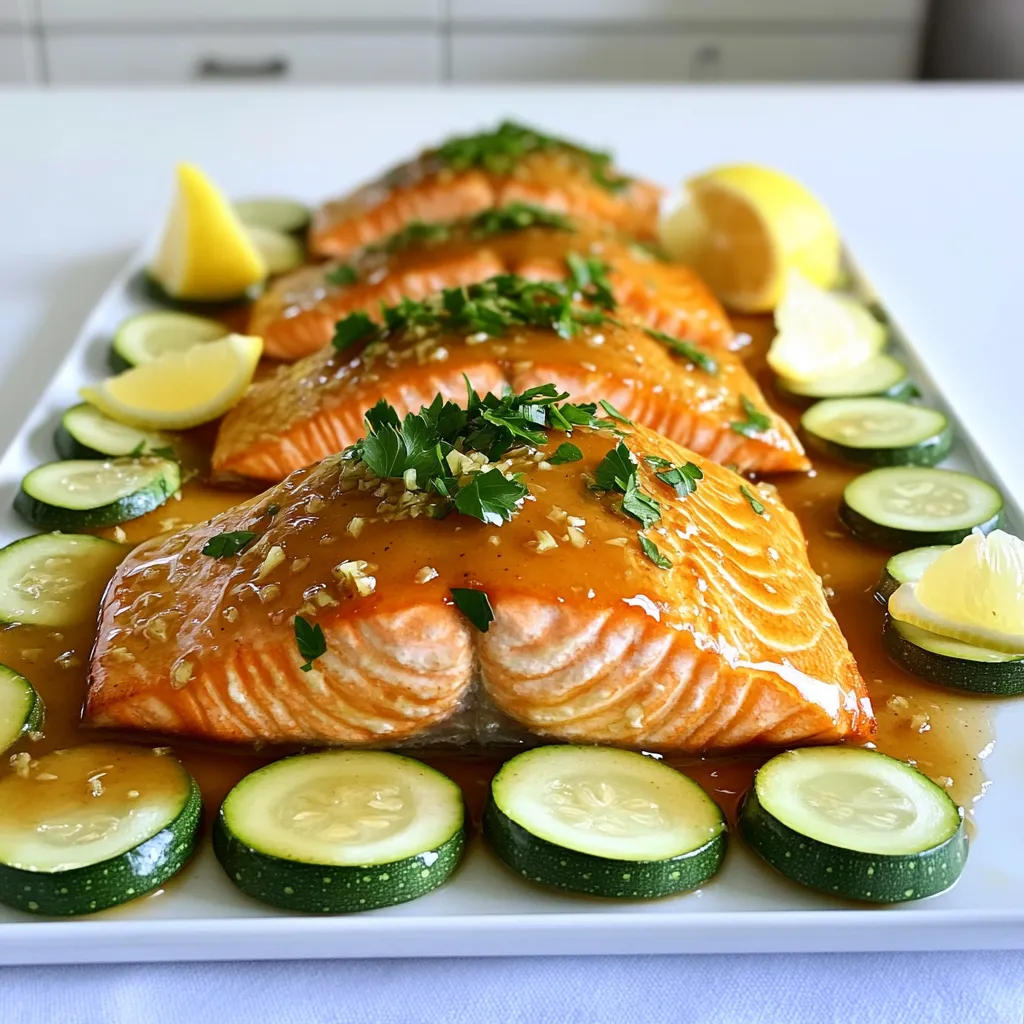 - 4 salmon fillets (about 6 oz each) - 2 medium zucchinis, sliced into half-moons - 1/4 cup honey - 4 cloves garlic, minced - 2 tablespoons soy sauce (low sodium) - 1 tablespoon olive oil - 1 teaspoon ginger, grated - Fresh parsley, chopped (for garnish) - Lemon wedges (for serving) - Salt and pepper In this recipe, we focus on fresh and simple ingredients that create bold flavors. Salmon fillets are rich in omega-3s and provide a hearty base. Zucchini adds a nice touch of freshness and color. Honey and garlic blend together to form a sweet and savory sauce that enhances the dish. You also need soy sauce, which adds depth, and olive oil for moisture. Ginger gives an extra zing that pairs well with the honey and garlic. When serving, fresh parsley brightens the plate, and lemon wedges provide a zesty kick. Salt and pepper elevate all those flavors. Each ingredient plays a key role, making this dish simple yet elegant. 1. Preheat your oven to 400°F (200°C). 2. Line a large baking sheet with parchment paper. This makes cleanup easy. 3. In a small bowl, mix together: - 1/4 cup honey - 4 cloves garlic, minced - 2 tablespoons soy sauce - 1 tablespoon olive oil - 1 teaspoon grated ginger Whisk until smooth and well combined. 1. Season the 4 salmon fillets with salt and pepper on both sides. 2. Place the salmon in the center of the baking sheet. 3. Slice 2 medium zucchinis into half-moons. 4. Toss the zucchini with a bit of olive oil, salt, and pepper in a separate bowl. 5. Spread the zucchini evenly around the salmon on the baking sheet. 6. Drizzle the honey garlic sauce over the salmon. Make sure to cover it well. Reserve a little sauce for later. 7. Bake in the oven for 15-18 minutes. The salmon should flake easily with a fork. The zucchinis need to be tender. 8. Halfway through baking, drizzle the reserved honey garlic sauce over the salmon and zucchini. This boosts the flavor. 1. Once cooked, take the dish out of the oven. Let it rest for a couple of minutes. 2. Garnish with freshly chopped parsley. 3. Serve with lemon wedges on the side for a fresh kick. Enjoy your meal! To achieve the perfect salmon texture, cook it until it flakes easily with a fork. This usually takes about 15 to 18 minutes at 400°F. Use a fork to check if it’s done. Avoid overcooking, as it can make the fish dry. For evenly cooked zucchini, cut them into similar-sized pieces. This way, they will cook at the same rate. Toss them with olive oil, salt, and pepper to enhance their flavor. If you need an alternative to soy sauce, try coconut aminos or tamari. Both offer a savory flavor without the gluten. For sweeteners, you can use maple syrup or agave nectar instead of honey. These options will still give you a tasty glaze for your salmon. For serving styles, arrange the salmon and zucchini on a large platter. This makes a beautiful presentation. To enhance visual appeal, sprinkle fresh parsley on top. You can also add lemon wedges to the side for a pop of color and extra zing. This not only looks good but also adds a fresh taste to every bite. {{image_2}} You can swap salmon for other fish like cod or tilapia. These options keep the meal light. They also soak up the honey garlic sauce well. You can also use chicken for a heartier meal. Just ensure it cooks through fully. Tofu is a great choice for a plant-based version. Firm tofu absorbs flavors nicely and adds protein. Want to spice things up? Add a pinch of red pepper flakes for a kick. You can also mix in some smoked paprika for depth. Don’t forget about herbs! Fresh thyme or dill can brighten the flavor. If you like, try other veggies too. Bell peppers, asparagus, or carrots work well. Just cut them to similar sizes as zucchini for even cooking. Making this dish gluten-free is simple. Just swap soy sauce for tamari. This keeps the flavor while avoiding gluten. For a low-carb option, skip the honey or use a sugar substitute. You can still enjoy the garlic and ginger. This will keep the dish tasty and healthy. When you have extra honey garlic salmon and zucchini, store it in an airtight container. Make sure it cools down first. Place it in the fridge. This keeps it fresh for up to three days. When it's time to reheat, use the oven or microwave. For the oven, set it to 350°F (175°C). Heat for about 10 minutes. If using the microwave, warm it on medium for 1-2 minutes. Check if it's hot all the way through. To freeze honey garlic salmon and zucchini, wrap it tightly in plastic wrap. Then, put it in a freezer bag or container. This helps prevent freezer burn. You can freeze it for up to two months. When ready to eat, move it to the fridge to thaw overnight. After thawing, reheat using the oven or microwave as mentioned above. For the best taste, eat your leftovers within three days. If frozen, enjoy within two months. Check for signs of spoilage before eating. If it looks slimy, has a bad smell, or changes color, toss it out. Your health is more important than saving food. Honey garlic salmon takes about 15 to 18 minutes to cook. I recommend checking the salmon at 15 minutes. It should flake easily with a fork when done. The zucchinis will also be tender and flavorful by this time. If you prefer your salmon well done, you can cook it for an extra few minutes. Just keep an eye on it to avoid overcooking. Yes, you can prepare this dish ahead of time! I suggest marinating the salmon in the honey garlic sauce for a few hours or overnight. This will give the salmon great flavor. You can also slice the zucchinis and store them in the fridge. Just remember to season them right before cooking to keep them fresh. There are many delicious sides that go well with honey garlic salmon. Here are a few options: - Steamed broccoli - Garlic mashed potatoes - Quinoa or rice - A fresh green salad - Roasted asparagus These sides will complement the sweet and savory flavors of the salmon. Plus, they add color and texture to your meal! This blog post covered how to make honey garlic salmon. We explored the key ingredients, from salmon to zucchini, and detailed preparation and cooking steps. I shared tips to achieve the best texture, ingredient swaps, and presentation ideas. Remember, cooking is fun and allows for creativity. Try different proteins and flavors to make this dish your own. Enjoy making this meal, and don’t forget to share your results!