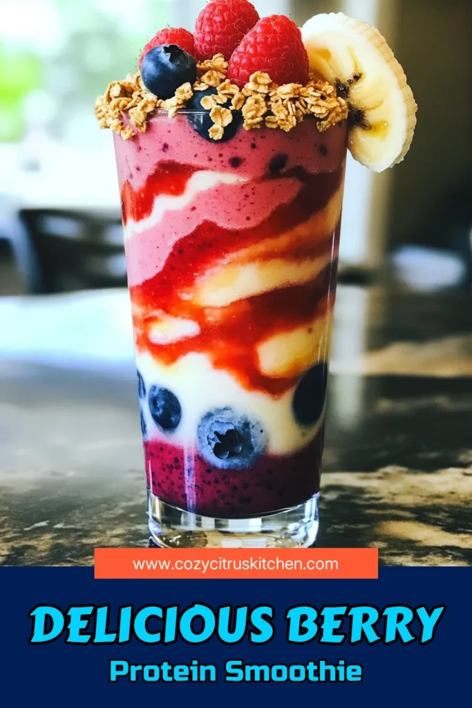 Kickstart your day with this delicious Berry Vanilla Protein Smoothie! Packed with mixed berries, banana, and protein powder, it's the perfect blend for a refreshing boost. Enjoy its creamy texture and vibrant flavors, while sneaking in some greens with spinach. Ready in just 10 minutes, this smoothie is a must-try for busy mornings. Click through to discover the full recipe and elevate your smoothie game today! #BerrySmoothie #HealthyRecipes #ProteinSmoothie #SmoothieBowl