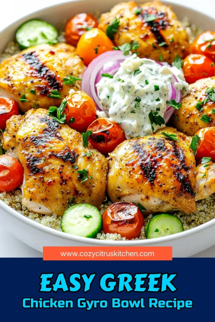 Savor the flavors of the Mediterranean with these delicious Sheet Pan Greek Chicken Gyro Bowls! This simple recipe features marinated chicken thighs paired with vibrant vegetables, quinoa, and a creamy tzatziki sauce. Perfect for a quick weeknight dinner or meal prep, this dish is packed with flavor and nutrition. Click through to discover how to make this easy and healthy meal! #GreekChicken #HealthyRecipes #MealPrep #CookingTips