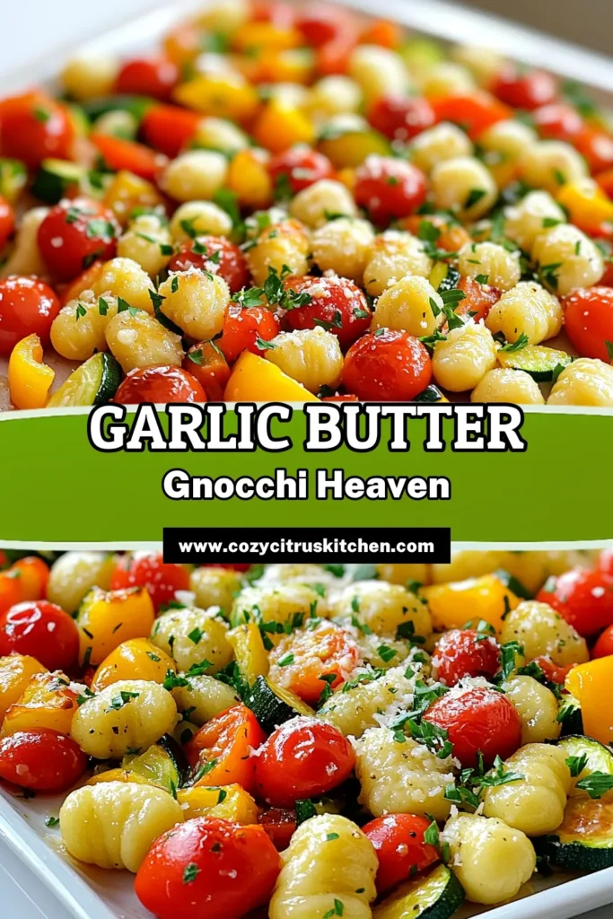 Discover the deliciousness of Sheet-Pan Garlic Butter Gnocchi and Veggies! This easy recipe combines pillowy gnocchi with vibrant cherry tomatoes, zucchini, and bell peppers, all roasted to perfection in a rich garlic butter sauce. Perfect for a quick weeknight meal, it’s packed with flavor and nutrition. Click to explore the full recipe and make mealtime a breeze tonight! #GnocchiRecipes #EasyDinner #SheetPanMeals #VegetarianCooking