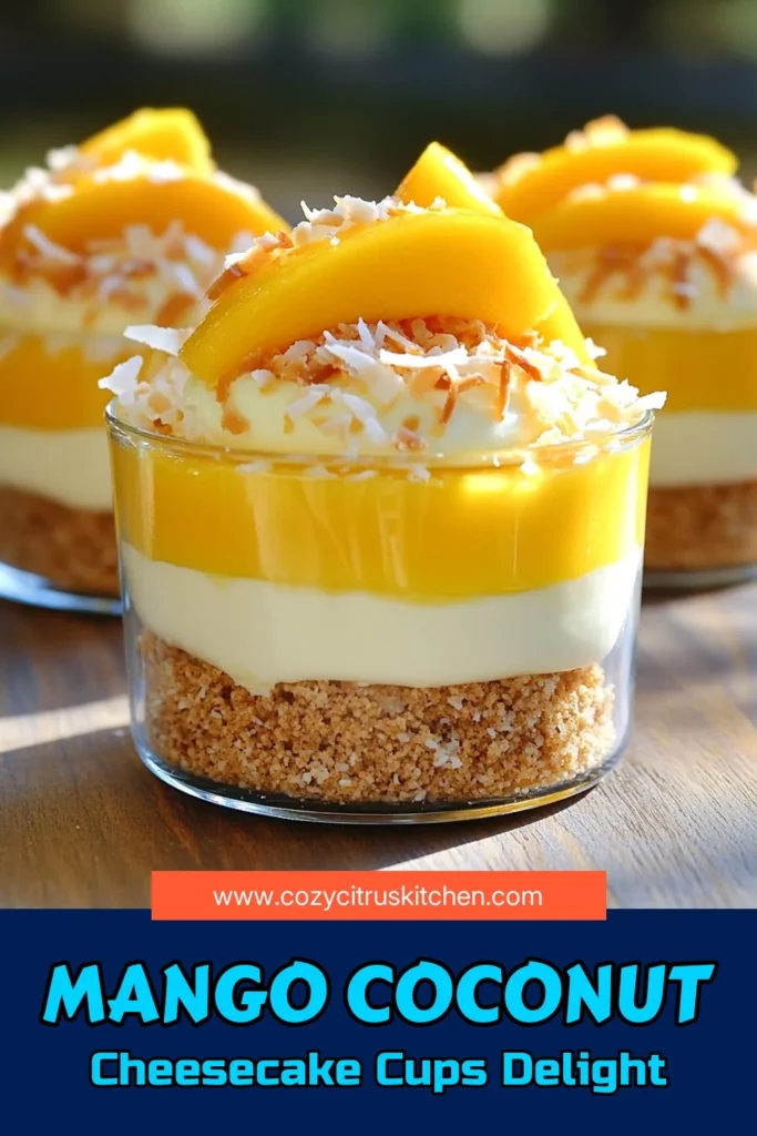 Indulge in a tropical treat with these No-Bake Mango Coconut Cheesecake Cups! This easy-to-follow recipe combines a delicious graham cracker and coconut crust with creamy mango cheesecake filling. Perfect for a refreshing dessert, it's simple to prepare and requires no baking. Garnished with fresh mango slices and toasted coconut, these cups are sure to impress. Click through to discover this delightful recipe and bring a taste of the tropics to your kitchen!