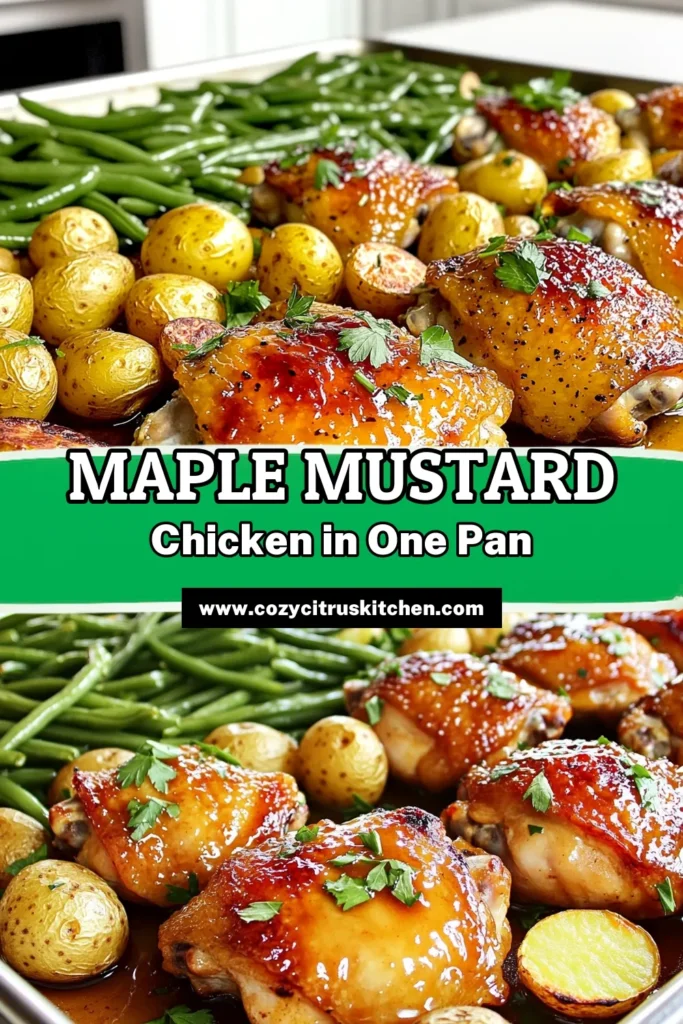Discover the deliciousness of Sheet Pan Maple Mustard Chicken! This easy recipe combines tender chicken thighs, sweet maple syrup, and tangy Dijon mustard for a mouthwatering meal. With just one pan, you'll have juicy chicken, crispy potatoes, and vibrant green beans ready in under an hour. Perfect for busy weeknights! Click to explore this simple yet flavorful recipe and elevate your dinner game today! #SheetPanRecipes #ChickenDinner #EasyMeals #WeeklyMealPrep