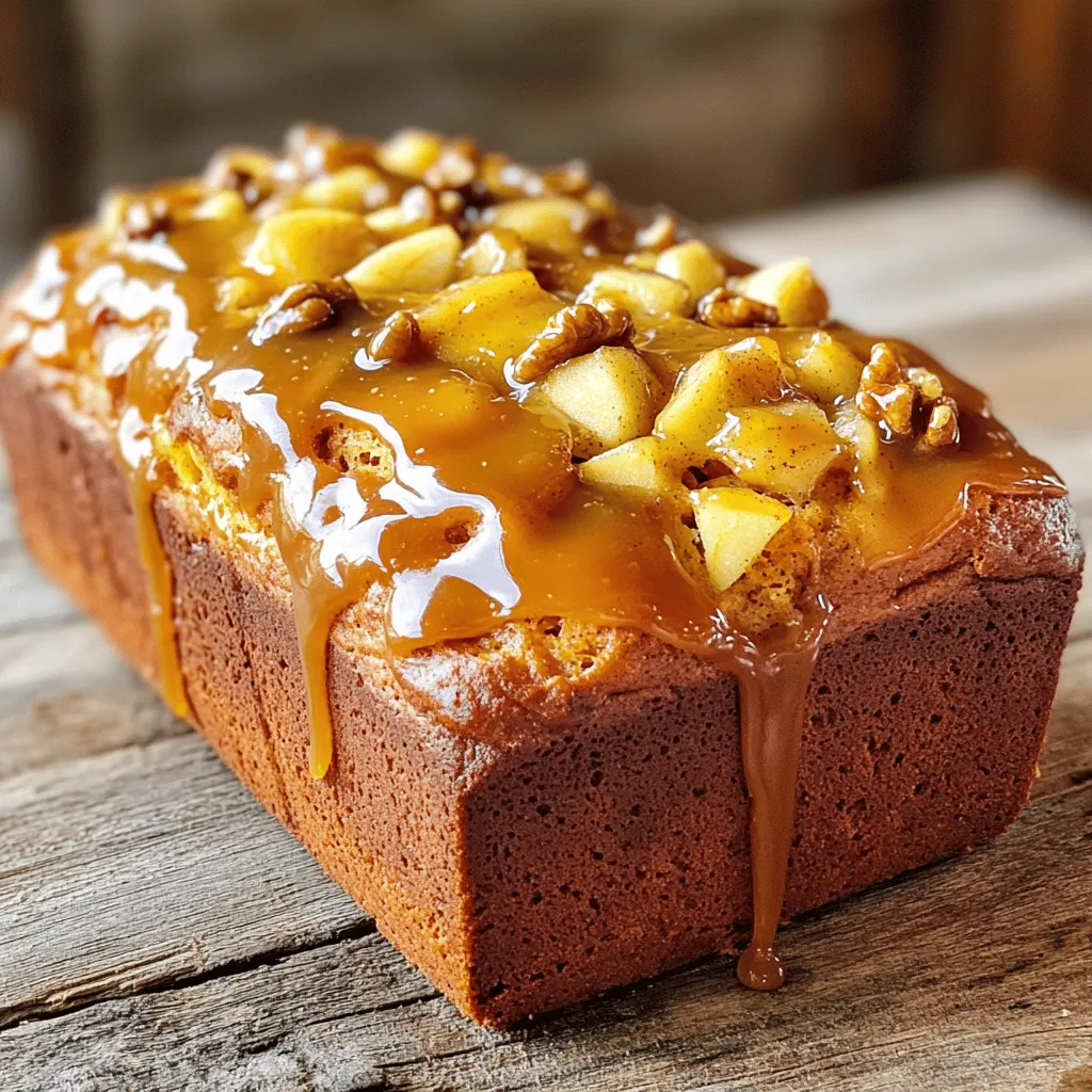 - 2 cups all-purpose flour - 1 cup granulated sugar - 1 teaspoon baking powder - 1/2 teaspoon baking soda - 1/2 teaspoon salt - 1 teaspoon ground cinnamon - 1/2 teaspoon ground nutmeg - 2 large eggs - 1/2 cup vegetable oil - 1 teaspoon vanilla extract - 1 cup apples, peeled and diced (about 2 medium apples) - 1/2 cup caramel sauce, plus extra for drizzling - 1/2 cup chopped walnuts or pecans (optional) Gather these ingredients for the caramel apple bread loaf. Use fresh apples for the best taste. I love using a mix of sweet and tart apples. This gives the bread a nice balance of flavor. For the nuts, walnuts or pecans work great, but they are optional. If you want a nut-free version, just leave them out. Make sure you have all-purpose flour and granulated sugar on hand. These are the base for the loaf. The spices, cinnamon and nutmeg, add warmth and depth. Eggs, vegetable oil, and vanilla extract add moisture. They help create a soft, tender bread. The caramel sauce adds sweetness and a rich flavor. Check your pantry for these items. Once you have everything ready, you can start making your delicious caramel apple bread loaf! 1. Preheat your oven to 350°F (175°C). Grease a 9x5 inch loaf pan. 2. In a large bowl, mix 2 cups of flour, 1 cup of sugar, 1 teaspoon of baking powder, 1/2 teaspoon of baking soda, 1/2 teaspoon of salt, 1 teaspoon of cinnamon, and 1/2 teaspoon of nutmeg. Stir until well mixed. 3. In another bowl, beat 2 large eggs, 1/2 cup of vegetable oil, and 1 teaspoon of vanilla extract. Mix until smooth. 4. Slowly add the wet mix to the dry mix. Stir gently until just combined. Do not overmix! 5. Fold in 1 cup of peeled and diced apples and 1/2 cup of chopped walnuts or pecans, if you like. 1. Pour half the batter into the loaf pan. Drizzle about 1/4 cup of caramel sauce over the batter. 2. Add the rest of the batter on top. 3. Bake for 55-65 minutes. Check if a toothpick comes out clean from the center. 1. Let the loaf cool in the pan for about 10 minutes. 2. Carefully transfer to a wire rack to cool completely. 3. Drizzle extra caramel sauce on top right before serving for a sweet finish. - Low-sugar alternatives: Use stevia or erythritol instead of granulated sugar. This keeps sweetness without the extra calories. - Gluten-free options: Replace all-purpose flour with a gluten-free blend. This keeps the loaf soft and tasty. - Avoiding overmixing: Mix gently when combining wet and dry ingredients. Overmixing can make the loaf tough. - Checking for doneness: Use a toothpick to test the center. If it comes out clean, your bread is ready. - Pairing with drinks or sides: Serve with hot apple cider or a scoop of vanilla ice cream. These enhance the apple flavor. - How to present the bread loaf: Slice the loaf and arrange on a platter. Drizzle with caramel sauce for a beautiful touch. {{image_2}} You can make your caramel apple bread more interesting by adding spices. Try using ground ginger or cloves for a warm taste. These spices blend well with the apples and caramel. You can also switch up the apple types. Granny Smith gives a tartness, while Honeycrisp adds sweetness. This lets you control the bread's flavor. Want to change the texture? Add chocolate chips or dried fruits. These ingredients give your bread a sweet surprise. You can also use different nuts like almonds or skip them altogether for a nut-free option. This way, you make the recipe fit your taste. To add some crunch, try a crumb topping. Just mix butter, flour, and sugar for a delicious layer on top. If you prefer something creamy, a cream cheese frosting works wonders. It adds a rich flavor that pairs nicely with the bread. Store your caramel apple bread loaf at room temperature for up to two days. Use an airtight container to keep it fresh. If you want it to last longer, refrigerate it. Wrap it in plastic wrap or foil first. This helps to avoid drying out. To freeze the bread loaf, let it cool completely. Wrap it tightly in plastic wrap, then in foil. This prevents freezer burn. You can freeze it for up to three months. When you're ready, thaw it in the fridge overnight. Reheat slices in the microwave for a warm treat. The bread lasts about five days at room temperature. In the fridge, it can last up to a week. Check for mold or a sour smell. If you see either, it’s best to toss it. Enjoy your delicious loaf while it’s fresh! You can check if the bread is done by using a toothpick. Insert it into the center. If it comes out clean, the bread is ready. If it has wet batter, bake for a few more minutes. I suggest checking around the 55-minute mark. The bread should also look golden brown on top. Yes, you can use a different pan size. If you use a smaller pan, the bread will need more time to bake. If you choose a larger pan, it may bake faster. Keep an eye on the bread as it bakes. Adjust the baking time as needed. Yes, you can make this recipe vegan. Replace the eggs with flax eggs or applesauce. Use a plant-based oil instead of vegetable oil. Check the caramel sauce for dairy. You can make vegan caramel using coconut milk and brown sugar. To make caramel sauce, you need sugar and water. Combine one cup of sugar with a quarter cup of water in a saucepan. Heat over medium heat. Stir until the sugar dissolves. Let it boil without stirring until it turns a golden color. Remove from heat and add butter and cream. Mix well. Caramel apple bread pairs well with coffee or tea. It also goes nicely with vanilla ice cream. For a fun twist, serve it with a scoop of cinnamon ice cream. You can also enjoy it with a drizzle of more caramel sauce on top. This blog post covered all you need for delicious caramel apple bread. You learned the ingredients, preparation steps, baking process, and how to cool and serve the bread. We also shared tips, variations, and storage info to enhance your baking. Remember, you can easily adjust the recipe to suit your taste. Try different flavors or nuts for a unique twist. Enjoy sharing your tasty creation with friends and family! Happy baking!