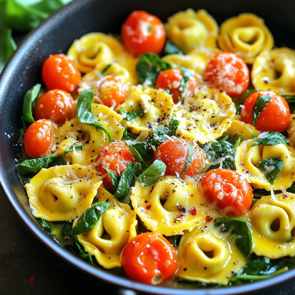 To make this tasty dish, you need a few main ingredients: - 2 cups fresh cheese tortellini - 4 tablespoons unsalted butter - 4 cloves garlic, minced - 1 cup cherry tomatoes, halved - 1 cup baby spinach - 1 teaspoon red pepper flakes (adjust to taste) - Salt and pepper to taste These ingredients blend well to create a rich and flavorful meal. Fresh cheese tortellini gives a nice texture. The garlic adds depth, while cherry tomatoes provide sweetness. Baby spinach adds color and nutrients. You can take this meal to the next level with some extras: - Fresh basil leaves for garnish - Grated Parmesan cheese for serving Basil gives a fresh taste. Parmesan adds a salty finish. You can serve this dish with crusty bread for a complete meal. This dish is not only quick but also balanced. Here’s a rough breakdown for one serving: - Calories: ~400 - Protein: ~12g - Carbohydrates: ~50g - Fat: ~18g These numbers can vary based on the exact ingredients used. It’s a satisfying meal packed with flavor and nutrients. Start by boiling a large pot of salted water. This helps add flavor to the tortellini. Once boiling, add 2 cups of fresh cheese tortellini. Cook them until they float, which takes about 3 to 5 minutes. Fresh tortellini cooks quickly, so keep an eye on them. After they float, drain the tortellini and set them aside. This step is key to making sure they stay tender. In a large skillet, melt 4 tablespoons of unsalted butter over medium heat. Once the butter is melted, add 4 cloves of minced garlic. Sauté the garlic for about 1 minute. You want it fragrant but not brown, as that can make it bitter. Next, add 1 cup of halved cherry tomatoes. Cook them for 2 to 3 minutes until they soften. This adds a fresh, juicy flavor to your dish. Now, it’s time to bring everything together. Stir in the cooked tortellini and 1 cup of baby spinach. Gently toss all the ingredients in the skillet. Cook for about 2 minutes until the spinach wilts down. This adds color and nutrients to your meal. Season the mixture with 1 teaspoon of red pepper flakes, salt, and pepper. Mix well to combine all the flavors. Finally, remove the skillet from heat. Garnish with fresh basil leaves and a sprinkle of grated Parmesan cheese. Your Minute Garlic Butter Tortellini Skillet is ready to enjoy! To make this dish pop, use fresh ingredients. Fresh garlic brings a strong taste. Use good quality butter for a rich flavor. Don't rush the sautéing process. Let the garlic cook gently until it smells great. When you add the tomatoes, let them soften a bit. This helps release their juices, adding more depth to the sauce. Mixing in fresh basil at the end gives a nice aroma and taste. Fresh tortellini cooks quickly, usually in just 3-5 minutes. They float when ready. Frozen tortellini takes longer, about 7-10 minutes. Always check the package for exact times. If using frozen, you don’t need to thaw them first. Just throw them right into the boiling water. They will taste great, but fresh has a lighter texture. If you have leftovers, store them in an airtight container. Keep them in the fridge for up to 3 days. Reheat in a skillet over low heat. Add a splash of water to help steam the pasta. This keeps it moist and tasty. You can also freeze leftovers. Place them in a freezer-safe container for up to 2 months. Just remember to label them with the date! {{image_2}} You can add proteins to this dish for more flavor and nutrition. Cooked chicken works well. Just chop it into bite-sized pieces. Shrimp adds a nice touch too. Simply sauté it until pink. If you prefer a plant-based option, tofu is perfect. Use firm tofu, cube it, and cook until golden. Each option adds taste and makes the meal heartier. Adding vegetables boosts the dish's health. You can toss in bell peppers, zucchini, or broccoli. These veggies add color and crunch. Just chop them small and stir them into your skillet. You can also use frozen peas or corn for ease. They require little prep and cook quickly. This way, you get extra nutrients without much effort. While garlic butter is tasty, feel free to mix it up. You can use olive oil instead of butter for lighter flavors. A splash of lemon juice brightens the dish nicely. If you like a creamy sauce, stir in some heavy cream or cream cheese. You might also add pesto for a unique twist. Each variation gives a new taste to your tortellini skillet. After enjoying your Minute Garlic Butter Tortellini Skillet, store leftovers in an airtight container. Make sure the dish cools to room temperature before sealing it. This helps prevent condensation, which can make the pasta soggy. You can keep it in the fridge for up to three days. If you want to eat it later, try to separate the ingredients. This keeps the flavors fresh and the textures right. To reheat your tortellini skillet, place it in a pan over low heat. Add a splash of water or broth to keep it moist. Stir often to heat everything evenly. This usually takes about 5 to 7 minutes. You can also use the microwave. Just put it in a microwave-safe bowl and cover it loosely. Heat it for about 1-2 minutes, stirring halfway through. Check to make sure it's hot all the way through. If you want to freeze your tortellini skillet, it’s best to do so without the fresh ingredients like spinach and tomatoes. Cooked tortellini can freeze well, but fresh veggies can become mushy when thawed. To freeze, let the dish cool completely and then transfer it to a freezer-safe container. It can last for up to three months in the freezer. When you're ready to eat, thaw it overnight in the fridge, then reheat as outlined above. Yes, you can use frozen tortellini. Just remember to cook it longer. Follow the package instructions for timing. Frozen tortellini usually takes about 5-7 minutes to cook. Make sure it floats to know it’s done. Drain it and then add it to the skillet as normal. The taste will still be great! To serve more people, simply increase the ingredients. For each extra serving, add more tortellini, butter, and garlic. If you want to serve four, use 3 cups of tortellini and 6 tablespoons of butter. Also, add more tomatoes and spinach for balance. Just keep the cooking times the same. Everyone will enjoy a tasty meal! If you need a butter substitute, try olive oil or vegan butter. Olive oil will give you a nice flavor. You can use the same amount as the butter. For a richer taste, try ghee. It’s a great option if you want a nutty flavor. Choose what fits your diet and enjoy! You can create a delicious garlic butter tortellini dish with ease. We covered key ingredients, step-by-step instructions, and helpful tips for the best results. Adding proteins or veggies gives you even more flavor. Remember to store leftovers well and reheat properly. Enjoy making this meal again and again! It’s simple, tasty, and perfect for any night. Cook with confidence and savor every bite of your garlic butter tortellini!