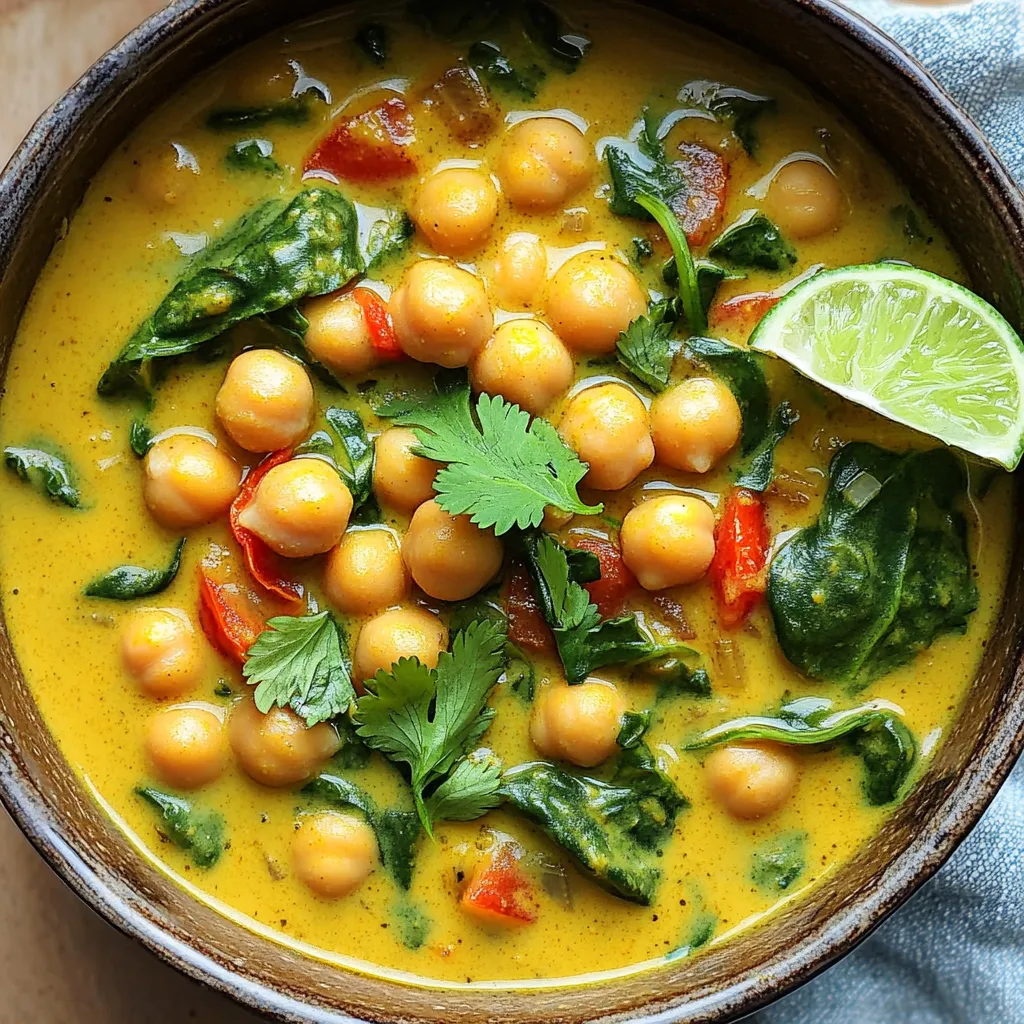 - 1 tablespoon coconut oil - 1 medium onion, diced - 3 cloves garlic, minced - 1 tablespoon fresh ginger, grated - 1 tablespoon curry powder - 1 teaspoon turmeric powder - 1 can (14 oz) coconut milk - 4 cups vegetable broth - 1 can (15 oz) chickpeas, drained and rinsed - 1 cup diced tomatoes (fresh or canned) - 2 cups spinach or kale, chopped - Salt and pepper to taste - Juice of 1 lime - Fresh cilantro for garnish The main ingredients in this soup create a rich, creamy base. Coconut oil brings a lovely flavor. The onion, garlic, and ginger add depth and warmth. Curry powder and turmeric give it that vibrant yellow hue. Coconut milk makes the soup creamy and smooth. The chickpeas provide protein, while the tomatoes add freshness. Spinach or kale boosts the nutrition and color. Lime juice brightens the taste, and fresh cilantro finishes the dish perfectly. - Sliced lime wedges - Extra cilantro - Chopped green onions - Red pepper flakes These garnishes can enhance the look and flavor of your soup. Sliced lime adds a tangy kick. Extra cilantro brings a fresh taste. Chopped green onions add crunch. Red pepper flakes can spice things up if you like heat. - Coconut Oil: Contains healthy fats that help with heart health. - Chickpeas: Packed with protein and fiber, they support digestion. - Spinach or Kale: Rich in vitamins A, C, and K, they boost immunity. - Coconut Milk: Provides fats that are good for energy and skin health. - Tomatoes: High in antioxidants, they support heart health. Each key ingredient in this soup brings its own health benefits. Together, they make a comforting and nutritious meal. Enjoy the flavors while knowing you're nourishing your body too! First, gather all your ingredients. You will need coconut oil, onion, garlic, ginger, curry powder, turmeric, coconut milk, vegetable broth, chickpeas, tomatoes, spinach or kale, lime, salt, and pepper. This will make cooking smoother and faster. 1. Heat the Oil: Start by heating 1 tablespoon of coconut oil in a large pot over medium heat. 2. Sauté the Onion: Add the diced onion. Cook it for about 5 minutes. You want it to be soft and clear. 3. Add Garlic and Ginger: Next, stir in 3 cloves of minced garlic and 1 tablespoon of grated ginger. Cook for 1-2 minutes. The smell will be amazing! 4. Toast the Spices: Sprinkle in 1 tablespoon of curry powder and 1 teaspoon of turmeric. Stir and cook for 1 more minute. This brings out the flavors. 5. Add Liquids: Pour in 14 ounces of coconut milk and 4 cups of vegetable broth. Stir well. Bring the pot to a gentle simmer. 6. Add Chickpeas and Tomatoes: Now, add 1 can of drained chickpeas and 1 cup of diced tomatoes. Let the mixture simmer for 15 minutes. This helps the flavors mix well. 7. Incorporate Greens: After 15 minutes, add 2 cups of chopped spinach or kale. Cook for another 5 minutes until the greens are soft. 8. Season and Serve: Finally, season with salt and pepper to your taste. Squeeze in the juice of 1 lime for a fresh kick. Serve hot, and garnish with fresh cilantro. - Prep Time: 10 minutes - Cooking Steps: - Heating oil and sautéing onion: 5 minutes - Adding garlic and ginger: 2 minutes - Toasting spices: 1 minute - Simmering liquids: 5 minutes (until it begins to simmer) - Adding chickpeas and tomatoes: 15 minutes - Adding greens: 5 minutes - Total Cooking Time: 30 minutes This quick and simple method gives you a rich soup that warms your heart! To make your Vegan Coconut Curry Chickpea Soup even better, try these tips: - Fresh herbs: Add fresh cilantro at the end for a bright taste. - Citrus zest: Use lime or lemon zest for extra zing. - Chili flakes: Add a pinch for some heat if you like spice. - Nut butters: Stir in a spoonful of almond or peanut butter for creaminess. These simple additions can elevate your soup to new heights. When making this soup, watch out for these pitfalls: - Overcooking greens: Add spinach or kale last to keep them vibrant. - Too much salt: Start with less and season at the end for balance. - Neglecting to toast spices: Sautéing spices enhances their flavors. Avoid these mistakes for a perfect soup every time. Pair your soup with these ideas for a complete meal: - Crusty bread: Serve with fresh bread to soak up the soup. - Rice or quinoa: Add a scoop for extra nutrients and fullness. - Salad: A simple side salad adds freshness and crunch. These options make your meal satisfying and enjoyable. {{image_2}} You can change this soup to fit your taste. Swap the chickpeas for black beans or lentils. These options give you more protein and fiber. If you want a creamier soup, add more coconut milk. You can also stir in some sweet potato for extra sweetness and texture. Do you like spice? Add more curry powder or a pinch of cayenne. If you prefer a milder soup, cut back on the spices. You can also add a dollop of yogurt or coconut cream on top. This helps balance the heat and adds creaminess. This soup is vegan and can fit many diets. If you need it gluten-free, you are in luck! All the ingredients are gluten-free. For a nut-free option, check the coconut milk brand. Some brands may add nuts. You can skip the lime juice if you have citrus allergies. This soup is flexible and can adapt to your needs. To store leftovers of Vegan Coconut Curry Chickpea Soup, first let it cool down. Transfer the soup to an airtight container. Make sure to seal it tightly. You can keep it in the fridge for about 3 to 4 days. Always label the container with the date. This helps you keep track of freshness. If you want to freeze the soup, use freezer-safe containers. Leave some space at the top since the soup may expand when frozen. You can freeze it for up to 3 months. When you’re ready to enjoy it, thaw the soup overnight in the fridge. You can also thaw it in the microwave if you're in a hurry. When reheating the soup, do it on the stove for the best taste. Pour the soup into a pot and heat on medium-low. Stir it often to make sure it warms evenly. You can add a splash of vegetable broth if it seems too thick. Heat until it's steaming hot, then enjoy! Yes, this soup is gluten-free. The main ingredients are coconut milk, vegetable broth, and chickpeas. These do not contain gluten. Make sure to check the broth label to ensure it is gluten-free. You can use fresh chickpeas, but you will need to cook them first. Dried chickpeas require soaking and boiling before adding them to the soup. This adds extra time but can enhance the taste. This soup lasts about 4-5 days in the fridge. Store it in an airtight container to keep it fresh. Reheat on the stove or in the microwave when ready to enjoy. You can serve this soup with rice or quinoa for a full meal. Fresh bread or naan pairs well too. A side salad adds a nice crunch and freshness. Enjoy your meal! This vegan coconut curry chickpea soup is easy to make and very nourishing. You learned about main ingredients, helpful tips, and how to store leftovers. The recipe allows for fun customizations based on your taste. Always keep in mind how to adjust flavors and spice levels, too. With these steps and tips, you can create a warm, tasty meal anytime. Enjoy your cooking journey and savor every bowl!