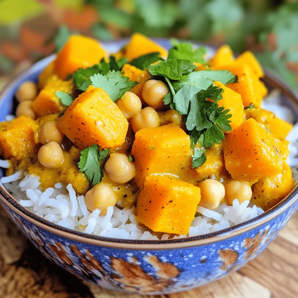 - 1 medium butternut squash, peeled and cubed - 1 can (15 oz) chickpeas, drained and rinsed - 1 medium onion, diced - 3 cloves garlic, minced - 1 tablespoon ginger, grated These vegetables form the base of our dish. The butternut squash brings a sweet and creamy texture. Chickpeas add protein and heartiness. The onion, garlic, and ginger create a fragrant foundation for the curry. - 2 teaspoons curry powder - 1 teaspoon ground cumin - 1 teaspoon turmeric - 1 teaspoon smoked paprika Spices are the stars in this recipe. Curry powder gives warmth and depth. Ground cumin adds earthiness, while turmeric gives a lovely golden color. Smoked paprika offers a touch of smokiness that enhances the flavor. - 1 can (14 oz) coconut milk - 1 can (14.5 oz) diced tomatoes - 1 cup vegetable broth - Salt and pepper to taste - Fresh cilantro for garnish - Cooked rice or quinoa for serving The liquids tie everything together. Coconut milk provides creaminess, while diced tomatoes add acidity and sweetness. Vegetable broth brings extra flavor. Use salt and pepper to balance the taste. Fresh cilantro adds a burst of color and freshness on top. Enjoy this curry with rice or quinoa for a complete meal. - Peeling and cubing the butternut squash: Start by cutting off the top and bottom of the squash. Use a sharp knife to peel the skin. Then, cut it in half and scoop out the seeds. Next, chop it into small cubes, about one inch each. This size cooks well and soaks up flavor. - Rinsing and draining chickpeas: Open a can of chickpeas and pour it into a colander. Rinse them under cold water. This step helps remove extra salt and improves the taste. Drain them well and set aside. - Chopping onion and garlic, and grating ginger: Dice one medium onion into small pieces. Mince three cloves of garlic. For ginger, use a grater to get one tablespoon. These will add great flavor to your curry. - Layering the vegetables: In your slow cooker, start with the cubed butternut squash. Next, add the rinsed chickpeas followed by the diced onion, minced garlic, and grated ginger. The order helps the flavors mix well. - Adding chickpeas and spices: Now, sprinkle in the spices. Use two teaspoons of curry powder, one teaspoon of ground cumin, one teaspoon of turmeric, and one teaspoon of smoked paprika. Stir everything together to coat the veggies with the spices. - Pouring in liquids: Pour in one can of coconut milk, one can of diced tomatoes, and one cup of vegetable broth. Mix well to combine everything. This will create a rich and creamy curry. - Cooking times for low and high settings: Cover the slow cooker. If you set it to low, cook for 6 to 8 hours. For a faster option, set it to high and cook for 3 to 4 hours. The squash should be soft when done, and the flavors will blend beautifully. To adjust spice levels, taste as you go. If you like heat, add more curry powder or a pinch of cayenne. For milder curry, reduce the spice. You can also add a touch of brown sugar for balance. For extra creaminess, stir in a dollop of yogurt or cashew cream before serving. This adds richness and enhances the curry's texture. Coconut milk is already creamy, but a little extra can take it up a notch. The best sides for curry are rice or quinoa. Both soak up the sauce well. Naan bread is another great choice for dipping. You can also serve it with a side salad for freshness. For garnishing, fresh cilantro adds a bright touch. Chop it finely and sprinkle over the curry before serving. You can also add a squeeze of lime for a zesty kick. Avoid overcooking the squash. It should be tender, but not mushy. If it falls apart, it changes the texture of the dish. Check for doneness at the lower end of the cooking time. Watch your seasoning. Adding salt at the start can lead to a salty dish. Taste before you add more salt or pepper. Adjust it near the end for the best flavor. {{image_2}} You can make this curry even better by adding extra vegetables. Seasonal veggies like carrots, spinach, or bell peppers work well. Just chop them up and toss them in the slow cooker. You can also swap the butternut squash for other squashes, like acorn or pumpkin. This gives the dish a new taste and keeps it exciting. If you want to add more protein, consider adding diced chicken or shrimp. For a vegan option, you can use tofu or tempeh. Chickpeas are great, but these options make the dish heartier. If you are vegetarian, you can keep the chickpeas and add eggs or cheese for extra protein. For those needing gluten-free options, this curry is already a great choice. All the ingredients are gluten-free, making it safe for anyone with gluten issues. If you want to adapt it to be low-carb, skip the rice or quinoa. Instead, serve the curry over cauliflower rice or steamed greens. This keeps the meal light and healthy. To store leftover curry, let it cool first. Use an airtight container. This keeps the curry fresh. Store it in the fridge for up to five days. When you want to reheat, use the stove or microwave. Stir it well to heat evenly. If it's too thick, add a splash of water or broth. This helps bring back the creamy texture. Yes, you can freeze curry! It freezes well for later meals. Use a freezer-safe container or bag. Make sure to leave some space for expansion. To thaw, move the curry to the fridge overnight. You can also use the microwave. Just heat it on low until warm. In the fridge, the curry lasts about five days. Always check for signs of spoilage. If it smells off or the color changes, toss it out. Look for mold or unusual textures. If you see these signs, do not eat it. Safety first! Yes, this recipe is already vegan. It uses coconut milk instead of dairy. You can enjoy a warm, creamy, and tasty dish without any animal products. Just make sure your vegetable broth is also vegan. This curry is perfect for anyone who wants a healthy meal that is plant-based. To thicken your curry, you have a few easy options. First, you can mash some of the butternut squash with a fork. This will help create a thicker texture. Another trick is to add a cornstarch slurry. Mix one tablespoon of cornstarch with two tablespoons of water. Stir it in during the last few minutes of cooking. This method works quickly and well. This curry pairs well with grains and bread. Here are some great ideas: - Cooked rice - Quinoa - Naan bread - Couscous These sides soak up the flavors and make your meal filling. You can also add a fresh salad for a nice crunch. This recipe for Slow Cooker Butternut Squash and Chickpea Curry combines simple, healthy ingredients like squash, chickpeas, and spices. You learned how to prepare, cook, and serve this dish with tips for flavor and possible variations. Enjoy experimenting with different veggies and proteins. Remember to refrigerate leftovers properly and note the signs of spoilage. With a few easy steps, you can create a tasty curry that fits many diets. Enjoy your cooking journey!