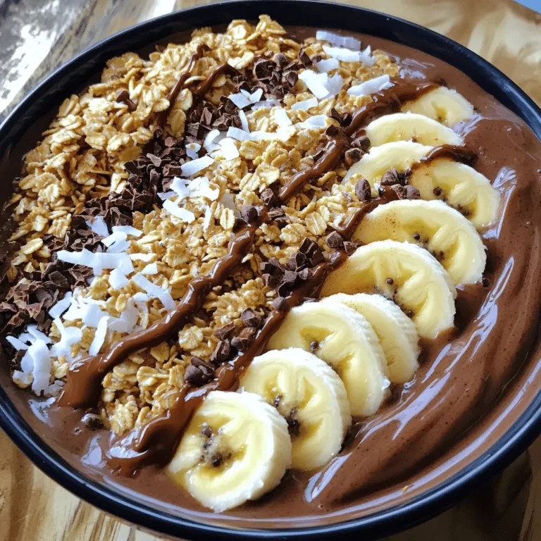 - 1 frozen banana - 1 cup almond milk - 1 scoop chocolate protein powder - 1 tablespoon instant coffee granules - 2 tablespoons cocoa powder - 1 tablespoon almond butter - 1 tablespoon chia seeds - Sliced banana - Granola - Cocoa nibs - Shredded coconut - Cinnamon sprinkle The main ingredients for the mocha protein smoothie bowl are simple and effective. You start with a frozen banana. It adds natural sweetness and creaminess. Then, add one cup of almond milk. Almond milk keeps it light and dairy-free. Next, include a scoop of chocolate protein powder. This gives you a tasty boost of protein. Add one tablespoon of instant coffee granules. This adds a nice coffee kick. Two tablespoons of cocoa powder deepens the chocolate flavor. I love the rich taste it gives. One tablespoon of almond butter adds healthy fat and creaminess. Lastly, include one tablespoon of chia seeds. They add fiber and omega-3s. For toppings, I suggest sliced banana for extra sweetness. Granola adds a nice crunch. Cocoa nibs offer a dark chocolate bite. Shredded coconut gives a tropical twist. A sprinkle of cinnamon rounds it all out with warmth. Feel free to mix and match toppings. You can customize it to fit your taste. To make your mocha protein smoothie bowl, start by combining all the ingredients in a blender. - Ingredients to combine: - 1 frozen banana - 1 cup unsweetened almond milk - 1 scoop chocolate protein powder - 1 tablespoon instant coffee granules - 2 tablespoons cocoa powder - 1 tablespoon almond butter - 1 tablespoon chia seeds Blend these ingredients on high speed. Scrape down the sides as needed to ensure everything mixes well. This step gives you a smooth and creamy texture that makes the bowl delightful. If your smoothie is too thick, it’s easy to fix. Just add a little more almond milk. Blend again until you reach your desired thickness. You want it smooth but not runny. Finding that perfect balance makes your bowl enjoyable. Once your smoothie is ready, pour it into a bowl. Use a spoon to create swirls on the top. This adds a nice touch. Now, let's focus on the toppings. - Suggested toppings: - Sliced banana - Granola - Cocoa nibs - Shredded coconut - A sprinkle of cinnamon Arrange these toppings artfully on your smoothie. The colors and textures will make your bowl look inviting. Serve it right away and enjoy your energizing mocha protein smoothie bowl! To enhance the taste of your mocha protein smoothie bowl, try adding a pinch of vanilla extract. Vanilla pairs well with chocolate and coffee. You can also mix in a tablespoon of maple syrup for extra sweetness. If you want a nutty twist, swap almond butter for cashew or peanut butter. Each nut butter brings its own flavor, making your bowl unique. A smooth, creamy texture is key for a great smoothie bowl. To achieve this, blend your ingredients on high speed until they are fully combined. If your smoothie is too thick, add more almond milk, a little at a time. This helps you reach the perfect consistency without losing the rich taste. Scraping down the sides of the blender can also help ensure all ingredients mix well. You can boost the nutrition of your smoothie bowl by adding a handful of spinach or kale. These greens add vitamins without altering the flavor much. You might also consider adding a tablespoon of flaxseed or hemp seeds. They increase fiber and healthy fats, making your smoothie bowl even better for you. {{image_2}} You can switch up the flavor of your smoothie bowl. Try making it vanilla or mocha hazelnut. To make a vanilla version, just replace the chocolate protein powder with vanilla protein powder. Add a teaspoon of vanilla extract for extra flavor. For mocha hazelnut, use hazelnut protein powder instead. Blend in a bit of hazelnut syrup for a sweet touch. Both options keep the creamy texture and delicious taste. Many people have different dietary needs. You can easily adjust this recipe for vegan or gluten-free diets. For a vegan option, use plant-based protein powder and almond butter. Make sure your toppings are all vegan too. To make it gluten-free, check that your granola is gluten-free. This way, you can enjoy this tasty bowl without worry. You might want to use different protein sources. Plant-based proteins are great for those who prefer vegan options. Look for powders made from peas, rice, or hemp. If you prefer whey protein, that works too. Both types provide good protein, so choose what fits your diet best. Mixing different protein powders can also add unique flavors and benefits to your smoothie bowl. To store leftovers of your mocha protein smoothie bowl, follow these steps. Place any uneaten smoothie in an airtight container. Seal it well to keep out air and moisture. Store the container in the fridge. Your smoothie is best fresh, but it can last up to 24 hours. If you notice it separates, just stir before eating. This will keep the flavors nice and bright. You can also freeze your smoothie bowl for later. Pour the smoothie into ice cube trays or freezer-safe bags. This way, you can enjoy it at another time. If you freeze toppings, keep them separate. Fresh bananas or granola do not freeze well. When you want to eat it, simply blend frozen cubes with a little almond milk for a quick treat. Smoothie bowls are best fresh, but if you have leftovers, here’s how to enjoy them. Allow the smoothie to sit at room temperature for about 10 minutes. This will help it soften. If you prefer it cold, just stir it up. You can also add a splash of almond milk to make it smoother. Enjoy your nutritious meal with a spoon! You can use many other milk options if you don’t have almond milk. Here are some good choices: - Soy milk - Oat milk - Coconut milk - Cow's milk Each of these options brings a unique flavor. Soy milk adds creaminess, while oat milk gives a slight sweetness. Use what you enjoy best! Yes, you can switch your protein powder! Here are some great alternatives: - Vanilla protein powder - Pea protein powder - Whey protein powder Each type adds its taste and nutrition. If you use vanilla, it will pair well with chocolate flavors. Pea protein is a good choice for plant-based diets. To make the mocha smoothie bowl vegan, swap out a few key ingredients: - Use plant-based protein powder instead of whey. - Replace almond butter with sunflower seed butter or tahini. These changes keep the creamy texture while ensuring it fits a vegan diet. Enjoy your delicious, plant-based smoothie bowl! This smoothie bowl combines healthy ingredients like bananas, almond milk, and cocoa powder. You learned to blend for a creamy texture and present it with toppings. Don't forget the tips on boosting flavor and adjusting for different diets. Remember, you can vary this recipe to suit your taste. Keep it handy for a quick, nutritious meal. Enjoy a delicious way to fuel your day!