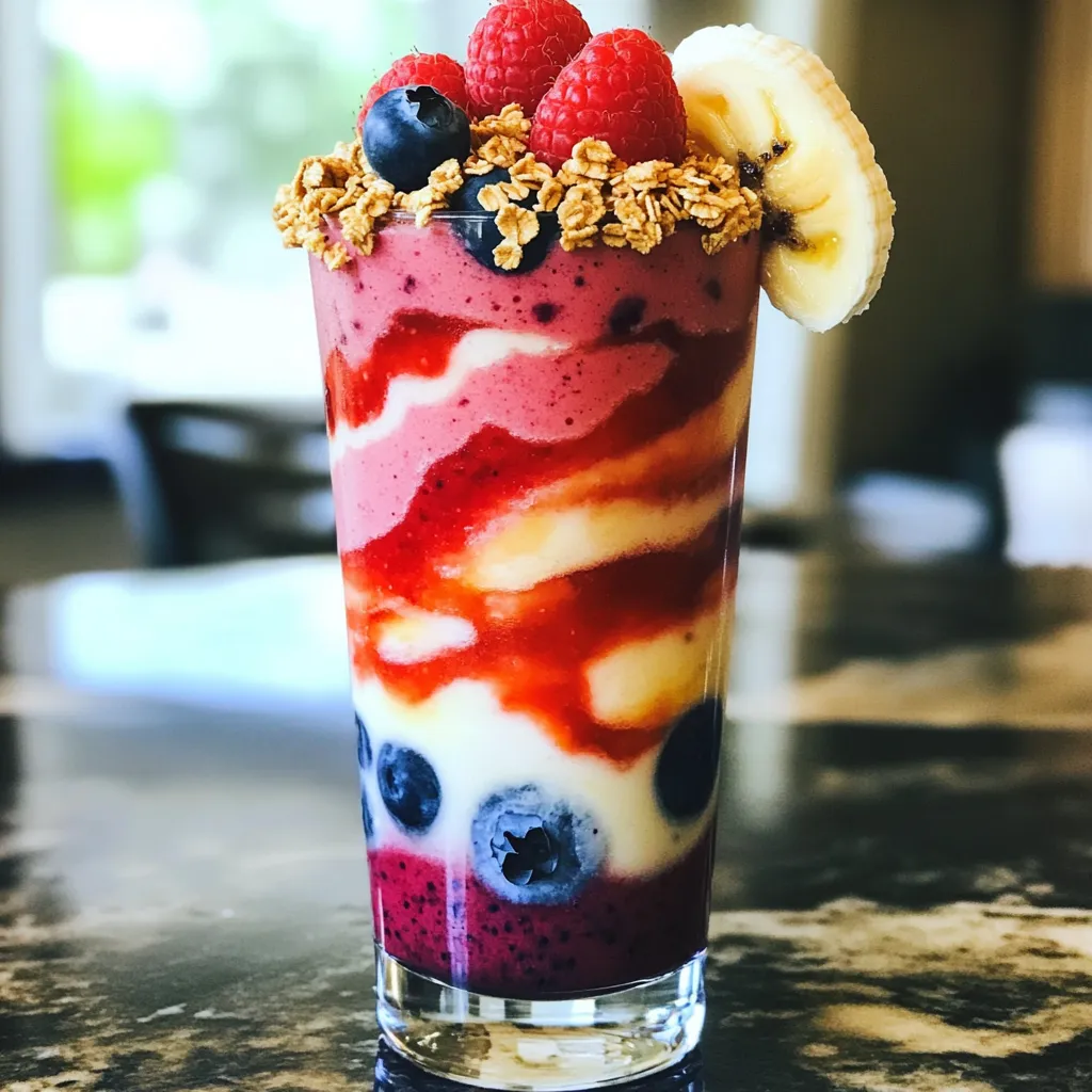 - 1 cup mixed berries (strawberries, blueberries, raspberries) - 1 banana, sliced - 1 scoop vanilla protein powder - 1 cup unsweetened almond milk (or any milk of choice) - 1 tablespoon Greek yogurt (optional for creaminess) - 1 tablespoon honey or maple syrup (optional, for sweetness) - 1/2 teaspoon vanilla extract - A handful of spinach (optional for added nutrients) - Ice cubes (to taste) This smoothie is a burst of flavor. The mixed berries give it a sweet and tangy edge. You can use fresh or frozen berries, depending on your taste. Strawberries add a juicy sweetness, while blueberries and raspberries boost flavor and color. The banana adds creaminess and natural sweetness. If you prefer a thicker smoothie, use a frozen banana. The vanilla protein powder packs a punch of protein, making this drink a good choice for breakfast or post-workout. Almond milk keeps it light. You can switch that out for any milk you love. Greek yogurt adds creaminess and protein, but it’s not required. Honey or maple syrup offer a touch of sweetness. Adjust it to your taste. The vanilla extract gives a warm flavor that ties everything together. Spinach is optional but adds nutrients without changing the taste much. Finally, ice cubes add a refreshing chill. Gather these ingredients to make your Berry Vanilla Protein Smoothie a healthy boost! - Step 1: Add berries and banana to the blender Start by placing 1 cup of mixed berries and 1 sliced banana into your blender. You can use strawberries, blueberries, and raspberries. The mix adds great flavor and nutrients. - Step 2: Incorporate remaining ingredients Next, pour in 1 cup of almond milk. If you want a creamier smoothie, add 1 tablespoon of Greek yogurt. Then, add 1 scoop of vanilla protein powder, 1/2 teaspoon of vanilla extract, and any sweetener you like, such as honey or maple syrup. For extra nutrition, toss in a handful of spinach. - Step 3: Blend the mixture until smooth Now, blend on high speed. Keep blending until the mixture looks smooth and creamy. If it seems too thick, add more almond milk or some ice cubes. - Step 4: Adjust sweetness and consistency After blending, taste your smoothie. If you want it sweeter, add more honey or maple syrup. Blend briefly again to mix in the extra sweetness. - Step 5: Serve and garnish tips Pour your smoothie into a glass. You can garnish it with a few whole berries or a sprinkle of granola for some crunch. For a nice touch, serve it with a straw and a slice of banana on the rim. Enjoy your healthy boost! - Recommended blender types: For this smoothie, a high-speed blender works best. It blends fruits smoothly and quickly. If you have a regular blender, it may take longer, but it can still get the job done. - How to achieve the perfect consistency: Start with less almond milk and slowly add more. This way, you control the thickness. If it’s too thick, add a little more milk or some ice. If it’s too thin, add more fruit or protein powder. - Best practices for layering ingredients: Add soft items first, like bananas and yogurt. Then, add the berries. Lastly, pour in the almond milk. This method helps all ingredients blend well. - Overview of berries' health benefits: Berries are full of vitamins, minerals, and fiber. They help boost your immune system and are low in calories. Strawberries, blueberries, and raspberries are rich in antioxidants, which help fight free radicals. - Advantages of using protein powder: Protein powder helps build and repair muscles. It also keeps you full longer. This smoothie can work well as a post-workout drink or a quick breakfast. - Benefits of added ingredients (Greek yogurt, spinach): Greek yogurt adds creaminess and extra protein. Spinach is packed with iron and vitamins. Adding spinach boosts the nutrient content without changing the taste much. {{image_2}} You can use many types of berries in this smoothie. Strawberries, blueberries, and raspberries work well. Blackberries or cherries can also add great flavor. Each berry brings its own taste and nutrients. For protein powder, vanilla is a classic choice. You can try chocolate or berry-flavored powders too. Each flavor adds a new twist to your smoothie. When it comes to milk, almond milk is a good choice. It is light and creamy. You can also use oat milk or coconut milk. Each type gives a different taste and texture. If you want to keep it dairy-free, try soy milk. You can sweeten your smoothie in many ways. Honey and maple syrup are popular. However, you can also use agave syrup or stevia. Each sweetener has a unique flavor to explore. Adding spices can make your smoothie special. A pinch of cinnamon or nutmeg can add warmth. You might also try fresh mint for a refreshing taste. These small touches can change your drink into something new and exciting. To keep your Berry Vanilla Protein Smoothie fresh, store it in the fridge. Use an airtight container. It will last for up to 24 hours. After that, the taste and texture may change. If you want to save it longer, freeze it. Pour the smoothie into ice cube trays or freezer-safe bags. This way, you can enjoy it later. Just blend it again when you want a quick snack. To get the best flavor and nutrients, drink your smoothie right away. If you must store it, here are some tips. Keep your smoothie in a dark, cool place. Light and heat can lessen its freshness. Also, shake or stir it well before drinking. This helps mix any ingredients that may have settled. For the best taste and texture, consume it within 24 hours. Can I make this smoothie without protein powder? Yes, you can skip the protein powder. Just use extra Greek yogurt for protein. This keeps your smoothie tasty and filling. What are the best fruits for smoothies? Mixed berries shine in smoothies. Strawberries, blueberries, and raspberries are my top picks. Bananas add creaminess and sweetness. You can also add mango or pineapple for a tropical twist. How can I make my smoothie thicker? To thicken your smoothie, add more banana or Greek yogurt. You can also use less almond milk. Ice cubes will also help make it thicker. Is this smoothie suitable for meal replacement? Yes, this smoothie can work as a meal replacement. It has fruits, protein, and healthy fats. Adding a scoop of nut butter can boost its nutrition even more. Can I use frozen fruits instead of fresh ones? Absolutely! Frozen fruits work great in smoothies. They make your drink cold and thick. Plus, they often have a longer shelf life than fresh fruits. In this guide, we explored how to make a delicious berry vanilla protein smoothie. We covered the important ingredients, simple steps, and useful tips for blending. You learned about various alternatives for flavor and nutrition, plus how to store your smoothie for later. Remember, smoothies can be fun and healthy! Feel free to experiment with flavors and ingredients to find your perfect blend. Enjoy your smoothie journey and make it a regular part of your routine.