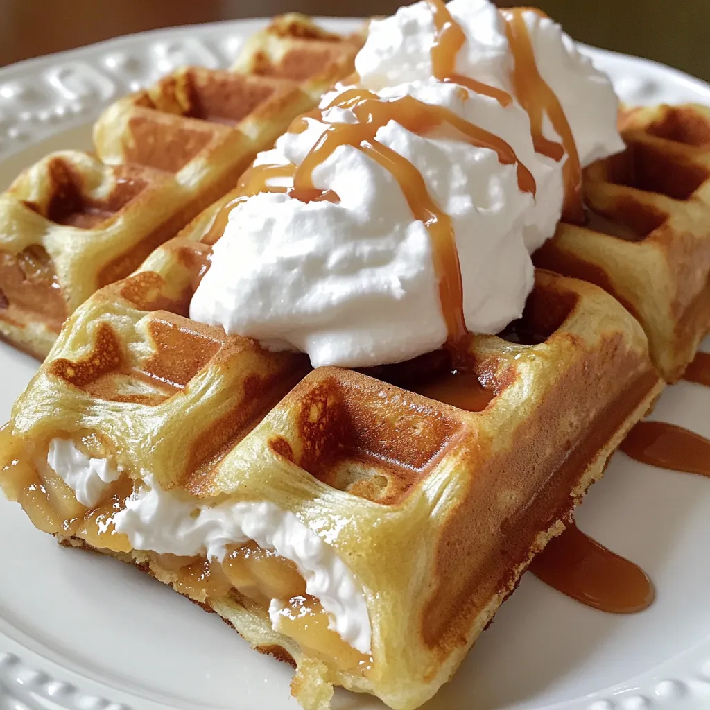 - 2 medium apples, peeled and diced - 1 tablespoon lemon juice - 1 teaspoon cinnamon - 1/2 cup brown sugar - 1/2 cup cream cheese, softened - 1/4 cup powdered sugar - 1 teaspoon vanilla extract - 1 cup all-purpose flour - 1 tablespoon baking powder - 1 tablespoon granulated sugar - 1/4 teaspoon salt - 1 cup milk - 1 large egg - 1/4 cup melted butter - Whipped cream, for topping - Caramel sauce, for drizzling For this recipe, you can use any type of apple. I like Granny Smith apples for their tartness. If you want less sugar, use less brown sugar or replace it with a sugar substitute. You can swap cream cheese with mascarpone for a lighter taste. If you're out of milk, almond or oat milk works well too. Always choose firm apples for the best texture. Look for apples without bruises. When buying cream cheese, check the expiration date. Fresh cream cheese makes a big difference in flavor. For the best taste, use real vanilla extract rather than imitation. It adds depth and richness to your waffles. First, take 2 medium apples, peel and dice them. This gives us sweet bites. Place the apples in a bowl. Add 1 tablespoon of lemon juice. The lemon keeps the apples fresh. Next, sprinkle in 1 teaspoon of cinnamon and 1/2 cup of brown sugar. The sugar and spice create a warm flavor. Mix everything well. Let the mixture sit for 15 minutes. This helps the apples soak up the flavors. Now, grab another bowl. Add 1/2 cup of softened cream cheese. This makes our filling rich. Include 1/4 cup of powdered sugar and 1 teaspoon of vanilla extract. Use a mixer or a whisk to blend until smooth. It should be creamy and fluffy. Set this mixture aside for later. In a large mixing bowl, combine 1 cup of all-purpose flour, 1 tablespoon of baking powder, 1 tablespoon of granulated sugar, and 1/4 teaspoon of salt. Whisk these dry ingredients together. In a separate bowl, mix 1 cup of milk, 1 large egg, and 1/4 cup of melted butter. Pour this wet mixture into the dry ingredients. Stir gently until just combined. Do not overmix; small lumps are okay. Preheat your waffle iron according to the maker's guidelines. Once hot, lightly grease it with cooking spray or butter. Pour a ladle of waffle batter onto the iron, covering just the base. Spoon the cheesecake mixture down the center. Top it with the caramelized apples. Carefully add more waffle batter over the filling. Close the waffle iron and cook for 5-7 minutes. Wait until the waffle is golden brown. When done, remove the waffle and repeat with the remaining batter and filling. Serve warm, topped with whipped cream and a drizzle of caramel sauce. Enjoy your treat! To make perfect waffles, start with fresh ingredients. Fresh baking powder helps the waffles rise well. Use a hot waffle iron for crisp edges. Pour enough batter to cover the base. Too little batter results in dry waffles. Be careful not to overfill, or you’ll have a mess! Cook the waffles until golden brown. This ensures a nice texture. One common mistake is overmixing the batter. This can make the waffles tough. Mix just until combined for fluffy waffles. Another mistake is not preheating the waffle iron. A hot iron gives you that perfect crunch. Also, avoid opening the iron too soon. Wait for the timer or until the steam slows down. Serve these waffles warm for the best taste. Top them with whipped cream and caramel sauce. Add more diced apples for extra flavor. You can also sprinkle some cinnamon on top. For a fun twist, try adding nuts or chocolate chips. These toppings make every bite a delight! {{image_2}} You can change the flavor of these waffles in fun ways. Try adding chocolate chips to the batter. This gives a rich taste that pairs well with the sweet apples. You could also replace the apples with pumpkin puree. This makes a lovely fall treat. For a tropical twist, use diced pineapple. It adds a bright flavor that is refreshing. Experiment with different fruits to find your favorite mix! If you want a healthier version, there are easy swaps you can make. Use whole wheat flour instead of all-purpose flour. This adds more fiber and nutrients. For the sugar, try using maple syrup or honey. These natural sweeteners can cut down on refined sugar. You can also replace the cream cheese with Greek yogurt. It still gives creaminess but with fewer calories. These changes keep the taste great while making it a bit healthier! If you need a gluten-free option, it’s simple to adapt. Use a gluten-free flour blend instead of regular flour. Many blends work well in waffles. You can also check that your baking powder is gluten-free. This helps ensure that every bite is safe for those who need it. Follow the same recipe steps, and you'll have delicious gluten-free waffles. Enjoy the flavors without worry! To keep your caramel apple cheesecake stuffed waffles fresh, store them in an airtight container. Place a piece of parchment paper between layers to avoid sticking. They will stay good for about 2 to 3 days in the fridge. When you're ready to enjoy leftovers, reheat the waffles in a toaster or waffle iron. This will help them regain their crispy texture. You can also warm them in the microwave, but they may become a bit soft. Heat for about 20-30 seconds in the microwave or until warm in the toaster. You can freeze the waffles for later use. Allow them to cool completely before placing them in a freezer-safe bag. Remove as much air as possible to prevent freezer burn. They can last up to 2 months in the freezer. When ready to eat, thaw them in the fridge overnight, then reheat as mentioned above. Yes, you can prep some parts early. You can prepare the apple filling and cheesecake mixture the night before. Store them in the fridge. This saves time on the day you want to make the waffles. Just mix the waffle batter fresh for the best texture. I love to top these waffles with whipped cream. A drizzle of caramel sauce adds sweetness. You can also sprinkle some chopped nuts for crunch. If you want a bit of tartness, add a touch of fresh lemon zest. Each topping adds its own flavor. To get crispy waffles, preheat your waffle iron well. Use enough batter but do not overfill it. Make sure to grease the iron with some butter or cooking spray. Let the waffles cook until they are golden brown. This usually takes about 5-7 minutes. If you don’t have a waffle iron, you can still enjoy this recipe. Use a non-stick skillet instead. Pour in the batter and add filling. Cook it like a pancake, flipping it carefully. It may not be a waffle, but it will still taste great! You learned how to make caramel apple cheesecake stuffed waffles. We covered every step, from choosing fresh ingredients to preparing the filling. You now know tips for cooking perfect waffles and how to avoid common mistakes. I shared variations to fit your taste and dietary needs, plus storage info for leftovers. Try these delicious waffles for a treat. Enjoying them will make your time in the kitchen worth it!