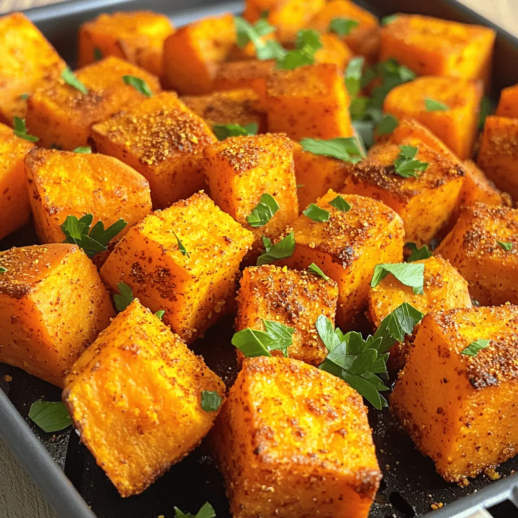 - 2 medium sweet potatoes, peeled and cut into 1-inch cubes - 2 tablespoons olive oil - 1 tablespoon Cajun seasoning - 1 teaspoon garlic powder - ½ teaspoon smoked paprika - Salt and pepper to taste - Fresh parsley, chopped (for garnish) To make Air Fryer Cajun Sweet Potato Cubes, you need just a few simple items. First, sweet potatoes are key. They give a sweet taste and nice texture. Peel and cut them into 1-inch cubes. This size helps them cook evenly and quickly. Next, grab some olive oil. This adds richness and helps the spices stick to the sweet potatoes. For flavor, use Cajun seasoning. It gives a warm, savory kick. Garlic powder and smoked paprika add depth. Salt and pepper round out the taste. Finally, fresh parsley brightens the dish and makes it pretty. Use these ingredients for a tasty, easy side dish. Enjoy the mix of flavors and colors. Your meal will look and taste amazing! To start, you need to wash the sweet potatoes. Rinse them under cool water to remove dirt. Next, peel the sweet potatoes with a vegetable peeler. This step ensures a smooth texture and better flavor. After peeling, cut the sweet potatoes into uniform 1-inch cubes. Cutting them evenly helps them cook well and stay tender inside. In a large mixing bowl, add the sweet potato cubes. Drizzle in the olive oil. This oil helps the spices stick and adds flavor. Next, sprinkle in the Cajun seasoning, garlic powder, smoked paprika, salt, and pepper. Toss everything together until the cubes are evenly coated. This step is key for full flavor in every bite. Set your air fryer to preheat at 400°F (200°C) for about 5 minutes. Preheating helps the cubes cook evenly. Once preheated, place the seasoned sweet potato cubes in the basket. Arrange them in a single layer for best results. Avoid overcrowding to ensure they crisp up nicely. Cook for 15-20 minutes. Shake the basket halfway through. This helps them cook evenly and get crispy. To check for doneness, poke a cube with a fork. It should feel soft inside but crispy outside. Once done, remove the sweet potatoes from the air fryer. Transfer them to a serving plate and garnish with fresh chopped parsley for a pop of color. Enjoy your delicious Air Fryer Cajun Sweet Potato Cubes! To get those sweet potato cubes crispy, cut them evenly. If the pieces are different sizes, some will cook faster than others. Aim for 1-inch cubes. This size ensures they cook through and have a great texture. Once in the air fryer, shake the basket halfway through cooking. This helps them cook evenly and get that nice crunch. Love heat or prefer mild? You can adjust the Cajun seasoning. Add more for a spicy kick or less for a milder flavor. If you want a change, try other spices. Paprika, chili powder, or even Italian seasoning can work well. Get creative and find what you like best! These Cajun sweet potato cubes are great with many main dishes. They pair well with grilled chicken, fish, or even a veggie burger. For a fun touch, garnish with fresh parsley. You can also add a drizzle of lime juice or a sprinkle of feta cheese for extra flavor. Enjoy mixing and matching! {{image_2}} You can use different types of potatoes for this dish. Orange potatoes are sweet and creamy. Purple sweet potatoes add a fun color and taste. You can also mix in other veggies like bell peppers or zucchini. They cook well and add nice flavors. Feel free to get creative with spices. Try a taco seasoning for a new twist. You can also add sweetness by drizzling honey or maple syrup over the cubes before air frying. This adds a nice contrast to the spicy Cajun flavor. Cooking in batches can help ensure even cooking. If you overcrowd the basket, some may not cook well. For meal prep, make a larger batch and store them. They are great for quick meals or snacks later. Just remember to keep them in a single layer for best results. To keep your air fryer Cajun sweet potato cubes fresh, store them in an airtight container. Make sure they cool down before sealing. This helps prevent moisture buildup, keeping them crispy. They can last up to four days in the fridge. Always check for any off smells before eating. You can freeze cooked sweet potato cubes for longer storage. Allow them to cool completely, then spread them on a baking sheet. Freeze them for about an hour before transferring to a freezer bag. This prevents them from sticking together. Frozen cubes can last up to three months. When ready to eat, you can reheat them straight from the freezer. For the best texture, use your air fryer to reheat leftovers. Preheat the air fryer to 400°F (200°C) and cook for about 5-10 minutes. This will make them crispy again. If you don’t have an air fryer, you can use an oven. Preheat it to 375°F (190°C), and bake for about 10-15 minutes. Stir them halfway through for even heating. Cooking sweet potatoes in an air fryer takes about 15 to 20 minutes. Make sure you cut them into 1-inch cubes. This size helps them cook evenly. Check them halfway through and shake the basket for best results. The sweet potatoes will be crispy on the outside and tender inside when done. Yes, you can use other oils like avocado oil or canola oil. Each oil adds a unique flavor. Just make sure to use an oil that can handle high heat. This way, your sweet potatoes will still cook well and taste great. Cajun seasoning can be a bit spicy, but it depends on the brand. Most blends have a nice kick but are not overwhelmingly hot. If you prefer less heat, you can start with a smaller amount and add more as needed. Feel free to adjust it to match your taste! Yes, you can make Cajun sweet potato cubes in the oven. Preheat your oven to 425°F (220°C). Spread the seasoned sweet potatoes on a baking sheet. Bake for about 25 to 30 minutes, flipping them halfway through. This way, you still get that crispy texture. Cajun sweet potato cubes pair well with many dishes. Try serving them with grilled chicken, fish, or shrimp. They also go great with a fresh salad or as part of a veggie platter. For a tasty twist, add them to tacos or burritos! In this article, we explored how to make delicious Cajun sweet potatoes in an air fryer. We covered ingredients, step-by-step instructions, and helpful tips for the perfect texture. These sweet potatoes offer great flavor and can pair well with many dishes. Try varying the spices or mixing in different veggies to keep meals fresh. Whether you enjoy them as a side or a main dish, this recipe is sure to please. Enjoy cooking and experimenting with your new skills!