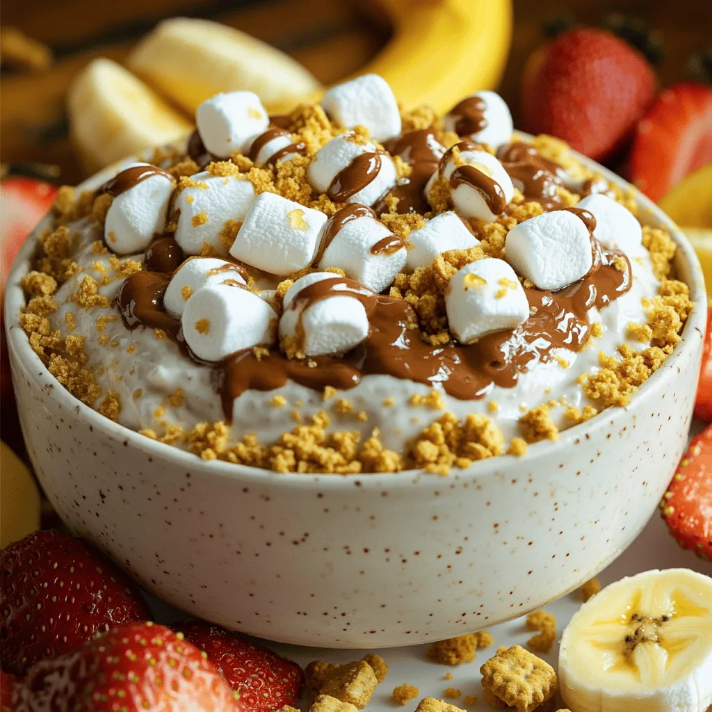 To make this delightful dip, you need: - 1 cup plain Greek yogurt - 2 tablespoons chocolate protein powder - 2 tablespoons honey (or maple syrup for a vegan option) - 1 teaspoon vanilla extract - 1/4 cup mini marshmallows - 1/4 cup crushed graham crackers - 2 tablespoons chocolate chips (dark or semi-sweet) - Optional: Fresh fruit (like strawberries or banana slices) for dipping Each of these ingredients plays a key role in flavor and texture. If you want to switch things up, here are some options: - Greek yogurt: Use regular yogurt or dairy-free yogurt. - Chocolate protein powder: Try vanilla protein powder for a lighter taste. - Honey: Use agave syrup or a sugar substitute for a lower-calorie option. - Mini marshmallows: Swap for large marshmallows, cut into small bits. - Graham crackers: Use crushed cookies or gluten-free crackers. - Chocolate chips: Use white chocolate or skip them for fewer calories. - Fresh fruit: Use any fruit you love, like apples or raspberries. These alternatives can help customize the dip to your taste. Let’s look at what each main ingredient brings: - Greek yogurt: High in protein, great for muscle health. - Chocolate protein powder: Adds protein for muscle growth and recovery. - Honey: Natural sweetener with antioxidants for better health. - Mini marshmallows: Fun treat, but use in moderation for less sugar. - Graham crackers: Provide carbs for energy and fiber for digestion. - Chocolate chips: Offer small amounts of iron and magnesium. - Fresh fruit: Packed with vitamins, minerals, and fiber for overall wellness. These ingredients not only taste great but also bring health benefits to your snack. To make Protein S’mores Greek Yogurt Dip, start with a medium bowl. Combine 1 cup of plain Greek yogurt, 2 tablespoons of chocolate protein powder, 2 tablespoons of honey, and 1 teaspoon of vanilla extract. Whisk these until smooth. Next, gently fold in 1/4 cup of mini marshmallows and 1/4 cup of crushed graham crackers. Reserve some marshmallows and crumbs for later. Once mixed, transfer the dip to a serving bowl. Smooth the top with a spatula. Finally, sprinkle the reserved graham cracker crumbs, mini marshmallows, and 2 tablespoons of chocolate chips on top. To get the best texture, use full-fat Greek yogurt. It makes the dip creamy and rich. Whisk the yogurt mixture well to avoid lumps. When folding in the marshmallows and graham crackers, use a gentle hand. This keeps the dip light and fluffy. If you want a thicker dip, add a bit more protein powder. If it feels too thick, a splash of milk can help. Serve the dip in a fun bowl to make it eye-catching. Lay out fresh fruit slices, like strawberries or bananas, for dipping. You can also add graham crackers or pretzel sticks for extra crunch. Arrange everything nicely on a platter. This makes it inviting and fun. Enjoy it as a sweet snack or dessert with family and friends. When you mix the dip, use a medium bowl. Start with the Greek yogurt and protein powder. Whisk them together until smooth. This step helps blend the flavors well. Add honey and vanilla extract next. Continue whisking until everything is mixed. For the marshmallows and graham crackers, fold them in slowly. Use a spatula to keep the mix light. This way, you keep the air in the dip. It makes the dip fluffy and fun. Reserve some marshmallows and graham crackers for topping. This adds extra texture and looks great! You can change the flavor of the dip easily. Swap the chocolate protein powder for vanilla for a lighter taste. Try adding peanut butter for a nutty twist. You can also mix in some cinnamon. It gives a warm flavor that pairs well with s’mores. If you want a fruity flavor, add some mashed banana or pureed strawberries. You can even mix in a few chocolate chips for added sweetness. Each variation brings a new twist to this fun dip. To make this dip vegan, use plant-based yogurt. Almond or coconut yogurt works great. For sweetening, replace honey with maple syrup. This keeps the dip sweet and tasty. Ensure your protein powder is also vegan. Many brands offer plant-based options. Use vegan mini marshmallows and dark chocolate chips to keep it dairy-free. This way, everyone can enjoy this delightful dip! {{image_2}} You can make this dip your own with fun twists. Try adding peanut butter for a nutty flavor. You can mix in some shredded coconut for a tropical vibe. If you like crunch, toss in some chopped nuts. Each addition changes the taste and makes it exciting. Seasonal fruits can brighten your dip. In summer, add fresh strawberries or blueberries. In fall, try diced apples or a sprinkle of cinnamon. You can even drizzle some maple syrup in winter for a warm touch. These seasonal additions make the dip perfect for any time of year. If you have food restrictions, there are easy swaps. Use dairy-free yogurt for a vegan option. Swap honey for maple syrup to keep it plant-based. If you can’t have gluten, use gluten-free graham crackers. These simple changes let anyone enjoy this tasty treat. To keep your Protein S’mores Greek Yogurt Dip fresh, store it in an airtight container. This prevents air from getting in and keeps the dip creamy. Make sure the lid is on tight. If you made a large batch, divide it into smaller containers. This way, you can enjoy it without exposing the whole dip to air each time. This dip stays good in the fridge for about 3 to 5 days. After that, it may lose its taste and texture. Check for any changes in smell or color. If it seems off, it’s best to toss it. Always trust your senses when food is involved! You can freeze the dip if you have leftovers. Use a freezer-safe container and leave some space at the top. The dip can last up to 2 months in the freezer. When you are ready to eat it, move it to the fridge to thaw overnight. Avoid reheating in the microwave, as it can change the dip’s texture. Just enjoy it cold or let it sit at room temperature for a bit before serving. Yes, you can. If you want a creamier dip, use full-fat yogurt. For a lighter dip, use low-fat yogurt. Soy or almond yogurt works if you need a dairy-free option. Just remember that the taste may change slightly. Greek yogurt gives a thicker texture and more protein. You have many choices! Try fresh fruit like strawberries or banana slices. Graham crackers are a classic choice. Pretzel sticks add a nice crunch. You can also use rice cakes or apple slices. Each option makes the dip even more fun to enjoy! To boost protein, add more protein powder. You can mix in a scoop or two for extra punch. Another option is to include nut butter, like almond or peanut butter. They not only add protein but also creaminess. You could sprinkle some hemp seeds on top for even more protein. You learned how to make a tasty Protein S'mores Greek Yogurt Dip. We covered the key ingredients, their health benefits, and fun ways to mix things up. I shared step-by-step instructions, best practices, and tips for storage and serving. Try different flavors and use substitutes as needed. This dip can fit many diets and tastes. Enjoy sharing your healthy dip with friends and family! Keep experimenting to find your favorite mix.