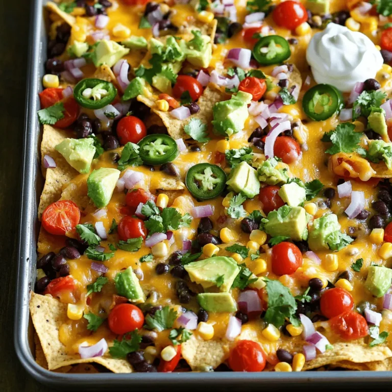 For a tasty Loaded Veggie Nacho Sheet Pan, gather these main ingredients: - 1 bag tortilla chips - 1 cup black beans, drained and rinsed - 1 cup corn kernels (fresh or frozen) - 1 small red onion, diced - 1 red bell pepper, diced - 1 cup cherry tomatoes, halved - 1 avocado, diced - 1 jalapeño, sliced (seeds removed for less heat) - 1 cup shredded cheddar cheese - 1 cup shredded pepper jack cheese These ingredients mix well to create a colorful and flavorful dish. The beans add protein, while the veggies bring crunch and taste. The two cheeses melt beautifully, making each bite creamy and rich. To make your nachos even better, consider these optional garnishes: - Sour cream or Greek yogurt - Fresh cilantro and lime juice - Salt, pepper, and olive oil These garnishes add a fresh touch. Sour cream or yogurt gives creaminess, while lime juice adds a zesty kick. Fresh cilantro brings a burst of flavor that brightens up the dish. 1. Preheat your oven to 400°F (200°C). This heat helps the cheese melt well. 2. On a large baking sheet, spread out the tortilla chips. Make sure they cover the whole sheet. 1. In a mixing bowl, combine the black beans, corn, diced onion, diced bell pepper, halved cherry tomatoes, and sliced jalapeño. 2. Drizzle the mixture with olive oil and lime juice. 3. Season it all with salt and pepper. Mix well to combine. 1. Distribute the veggie mixture evenly over the tortilla chips. 2. Sprinkle the shredded cheddar and pepper jack cheese generously on top. 3. Bake in the preheated oven for 10-12 minutes. Look for the cheese to bubble and turn golden. Enjoy the fun of creating this Loaded Veggie Nacho Sheet Pan. The mix of fresh veggies and melted cheese will make your taste buds dance! To get perfect nacho cheese, use a mix of cheeses. I love cheddar and pepper jack. They melt well and add creamy flavor. Grate the cheese yourself for the best texture. Pre-shredded cheese has anti-caking agents that can affect melting. When choosing ingredients, fresh is best. Fresh veggies like red onion and bell pepper make a big difference. They add crunch and bright taste. Frozen corn is great if fresh isn't available. Just make sure to thaw and drain it well. Serve your nachos straight from the sheet pan. This looks fun and makes cleanup easy. For added flair, sprinkle extra cilantro on top. Lime wedges add a fresh touch too. Pair your nachos with dips like sour cream or Greek yogurt. They add creaminess and balance the spice. You can also try guacamole for an extra creamy bite. Salsa is another tasty option. It adds a zesty kick that complements the nachos perfectly. {{image_2}} You can easily switch ingredients in your loaded veggie nachos. Use different beans like pinto or kidney. Each type brings its own flavor and texture. You can also change cheese. Try mozzarella for a milder taste or feta for a tangy bite. These swaps let you customize your nachos to your liking. Adding spices can boost the flavor of your nachos. Cumin and chili powder add warmth and depth. You can sprinkle these on the veggie mix before baking. You can also add more veggies for extra taste. Zucchini and mushrooms work well. They add moisture and nutrients. Feel free to experiment with your favorite flavors! Store any leftovers in airtight containers. This keeps the nachos fresh. Make sure to cool them before sealing. If you leave them out too long, they may spoil. Use a container that fits the nachos well to reduce air exposure. You can keep them in the fridge for up to three days. When you are ready to eat, take them out for reheating. To reheat your nachos, you have a few good options. The oven works best. Preheat it to 350°F (175°C). Spread the nachos on a baking sheet. Heat for about 10 minutes until they are warm and the cheese melts again. You can also use a microwave, but it may make the chips soft. Heat in short bursts of 30 seconds until warm. If you want to keep the crunch, choose the oven. Enjoy your tasty leftovers! To add heat, use jalapeños for a kick. You can keep the seeds for more spice. Another option is adding sliced serrano peppers. If you like it even hotter, try a drizzle of hot sauce over the top. You can also mix in some cayenne pepper or chili powder into the veggie mixture. This will give your nachos a nice, spicy flavor. Yes, you can use store-bought nacho cheese sauce for ease. Look for a brand that has a rich flavor. Just warm it up in a pan before serving. Pour it over the nachos before baking. This saves time and still tastes great. If you want to add more flavor, mix in some spices or jalapeños into the cheese sauce. To serve more people, simply double the ingredients. Use two baking sheets for even cooking. Spread the tortilla chips in a single layer on each sheet. Make sure to evenly distribute the veggie mix and cheese. Bake both sheets at the same time if your oven allows it. This way, everyone can enjoy loaded veggie nachos at the same time! Loaded veggie nachos combine fresh ingredients to create a tasty dish everyone loves. You’ll start with tortilla chips and top them with a colorful mix of beans and veggies. Adding cheese and baking brings everything together. Use the tips for perfect cheese and serving ideas. Don't forget to customize with your favorite flavors! With some basic storage tips, you can enjoy these nachos later. Dive in and make this fun dish your own. You’ll impress your friends and family with your delicious creation.