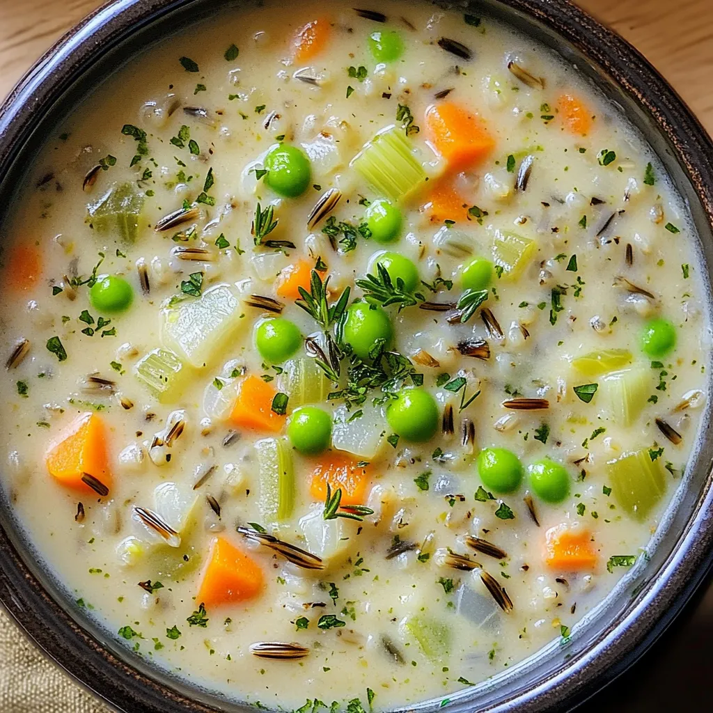 To make this cozy soup, gather these simple ingredients: - 1 cup wild rice, rinsed - 1 medium onion, diced - 2 carrots, diced - 2 celery stalks, diced - 3 cloves garlic, minced - 6 cups vegetable broth - 1 teaspoon dried thyme - 1 teaspoon dried rosemary - 1 cup heavy cream (or coconut cream for a dairy-free version) - 1 cup frozen peas - Salt and pepper to taste - 2 tablespoons olive oil - Fresh parsley, chopped for garnish Each ingredient adds its own flavor and texture. The wild rice gives a nutty bite. The veggies offer a fresh crunch, while the cream makes it rich and smooth. You can easily adjust this recipe for dietary needs. To make it dairy-free, swap heavy cream for coconut cream. This gives a creamy feel without dairy. If you need a gluten-free option, this soup is already safe. All ingredients are gluten-free, making it perfect for everyone. Using fresh ingredients can enhance the flavor of your soup. Fresh veggies give a bright taste. However, frozen peas work great too. They save time and still taste good. If you have fresh herbs like thyme and rosemary, use them! They add a lovely aroma. But dried herbs are fine if fresh ones aren’t available. Both ways will give you a tasty soup. To start, gather your ingredients. Rinse one cup of wild rice under cold water. Dicing is next. Chop one medium onion, two carrots, and two celery stalks. Mince three cloves of garlic. These fresh veggies add flavor and texture. In your slow cooker, combine the rinsed wild rice, diced onion, carrots, celery, and minced garlic. This mix creates a lovely base for your soup. Add one teaspoon of dried thyme and one teaspoon of dried rosemary for herbal notes. Pour in six cups of vegetable broth to bring it all together. Drizzle two tablespoons of olive oil over the top. Season with salt and pepper to taste. Stir everything well to combine all the flavors. Cover the slow cooker and set it to cook on low for six to seven hours. If you're in a hurry, you can set it to high for three to four hours. The rice should be tender by the end, soaking up the broth. This slow cooking method allows flavors to meld beautifully. After the rice is cooked, it's time to make it creamy. Stir in one cup of heavy cream or coconut cream for a dairy-free option. Add one cup of frozen peas for a pop of color and sweetness. Mix everything well. Let the soup cook on low for another thirty minutes. This step ensures the cream heats through and blends nicely. Before serving, taste the soup and adjust the seasoning with more salt and pepper if needed. Serve it warm, garnished with fresh parsley for a bright finish. Enjoy your comforting bowl of soup! To make your slow cooker creamy wild rice soup truly shine, focus on layering flavors. Start by sautéing the onion, carrots, and celery in olive oil before adding them to the slow cooker. This small step adds depth and richness. Also, consider adding a splash of white wine for acidity. It brightens the flavors and pairs well with cream. Using fresh herbs is another great way to boost flavor. Dried thyme and rosemary work well, but adding fresh herbs at the end can really elevate your dish. Garnish with fresh parsley right before serving for a pop of color and flavor. One common mistake is not rinsing the wild rice. Rinsing removes excess starch and impurities, leading to a cleaner taste. Also, be careful not to rush the cooking time. Cooking wild rice low and slow is key to getting that tender texture. If you are using frozen peas, add them near the end of cooking. This helps keep their bright color and sweet taste. Another error is not adjusting the seasoning. Taste the soup before serving. Sometimes, it needs a little more salt or pepper to bring out the flavors. To ensure your wild rice cooks perfectly, always use plenty of liquid. The rice absorbs a lot, so the 6 cups of vegetable broth in the recipe are essential. Keep the lid on while cooking to trap steam and heat. If you want a thicker soup, mash some of the cooked rice against the side of the slow cooker. This adds creaminess without needing extra cream. Lastly, remember that slow cookers vary. Always check for tenderness before serving. If the rice is not done, allow it to cook longer. {{image_2}} You can make Slow Cooker Creamy Wild Rice Soup even better with extra goodies. Try adding cooked chicken, turkey, or sausage for a meatier dish. If you want a heartier soup, toss in diced potatoes or sweet potatoes. Adding spinach or kale boosts the nutrients, too. Spices can change the flavor a lot. A pinch of cayenne pepper adds heat. You can also add a squeeze of lemon for brightness. Get creative and find your favorite mix! To make this soup vegan, swap the heavy cream for coconut cream. Use vegetable broth instead of chicken broth. You can also skip the meat and focus on veggies. Try mushrooms, zucchini, or bell peppers for extra flavor and texture. To add protein, include lentils or chickpeas. They blend well and make the soup filling. With these changes, you can enjoy a rich, creamy soup that fits any diet. You can cook this soup on the stovetop if you don't have a slow cooker. Start by sautéing the onions, carrots, celery, and garlic in a pot. After they soften, add the wild rice and broth. Let it simmer for about 45 minutes, stirring often. If you use an Instant Pot, it’s even quicker. Sauté your veggies first, then add the rice and broth. Seal the lid and cook on high pressure for 30 minutes. Quick-release the pressure, then stir in your cream and peas. This method saves time but keeps the flavor rich and cozy. To keep your soup fresh, let it cool first. Then, pour it into an airtight container. Make sure to leave some space at the top. This space helps the soup expand as it freezes. Label the container with the date. Store it in the fridge for up to three days. If you want to keep it longer, freezing is the best choice. For freezing, use a freezer-safe container. You can also use freezer bags. Squeeze out the air before sealing the bags. This prevents freezer burn and keeps the soup tasty. To thaw, move the soup to the fridge overnight. You can also use the microwave on low power. Just be sure to stir it a few times while heating. When you reheat your soup, do it slowly. Use a pot on the stove over low heat. Stir often to keep it creamy. If it seems too thick, add a splash of broth or cream. This helps restore the smooth texture. Avoid boiling the soup, as this can affect the creaminess. Enjoy your warm, cozy bowl of soup! Yes, you can use brown rice instead of wild rice. Brown rice cooks longer, so adjust your time. Cook it for about 7-8 hours on low or 4-5 hours on high. The soup will have a different texture and taste, but it will still be good. Wild rice has a nutty flavor and chewy texture, which gives the soup its charm. You can store Slow Cooker Creamy Wild Rice Soup in the fridge for about 3-4 days. Make sure it cools before you put it in an airtight container. If you want to keep it longer, freeze it! It can last up to 3 months in the freezer. Just remember to thaw it overnight in the fridge before reheating. This soup pairs well with many sides. You can serve it with crusty bread or a fresh salad. A green salad with a light vinaigrette adds a nice crunch. You could also try it with grilled cheese sandwiches for a cozy combo. These sides make it a full meal that everyone will enjoy! In this blog, I shared how to make Slow Cooker Creamy Wild Rice Soup. We covered all the necessary ingredients, with diet-friendly options too. You learned step-by-step instructions, tips to enhance flavor, and how to customize the soup. I also explained how to store leftovers properly. Remember, cooking can be fun and rewarding. With these steps and ideas, you'll enjoy a tasty soup that everyone will love. Don't hesitate to try new variations. Happy cooking!