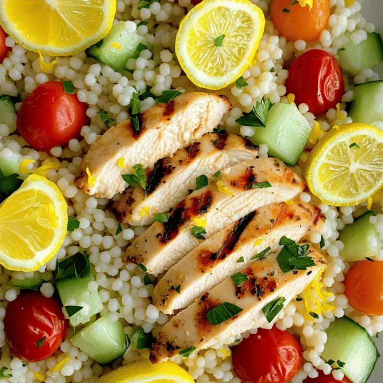 To make Lemon Herb Chicken Couscous, gather these key ingredients: - 2 chicken breasts, boneless and skinless - 1 cup couscous - 1 1/4 cups chicken broth (or water) - 1 lemon (zested and juiced) - 2 tablespoons olive oil - 2 cloves garlic, minced - Salt and pepper to taste These items form the base of your dish. The chicken gives protein, while the couscous adds texture. The lemon brings a bright flavor that lifts the whole meal. This dish shines with the herbs and seasonings. You will need: - 1 teaspoon dried oregano - 1 teaspoon dried thyme - 1/4 cup fresh parsley, chopped Oregano and thyme add depth. Fresh parsley brightens the dish and gives a pop of color. Garlic adds a rich, savory taste that ties everything together. Want to make this dish even more exciting? Try these optional add-ins: - 1/4 cup cherry tomatoes, halved - 1/4 cup cucumber, diced Cherry tomatoes give sweetness and a juicy burst. Diced cucumber adds crunch and freshness. You can mix and match based on your taste. These small additions can transform your meal into a colorful feast. To start, grab a mixing bowl. Combine olive oil, lemon juice, minced garlic, oregano, thyme, salt, and pepper. Whisk it well to blend the flavors. Now, take your chicken breasts and place them in the bowl. Make sure every piece gets coated by the marinade. Cover the bowl with plastic wrap and let it sit for at least 30 minutes. For more flavor, you can marinate it longer, up to 2 hours in the fridge. Next, turn your attention to the couscous. Pour 1 1/4 cups of chicken broth into a medium saucepan. Bring it to a boil over medium heat. Once boiling, add 1 cup of couscous and stir it well. Cover the saucepan and remove it from the heat. Let it sit for about 5 minutes. It will absorb the liquid and soften. After that, fluff the couscous with a fork. Mix in the lemon zest, fresh parsley, chopped cherry tomatoes, and diced cucumber for a burst of flavor. Now, it’s time to grill the chicken. Preheat your grill pan or skillet over medium heat. Take the marinated chicken out of the bowl, letting the excess marinade drip off. Place the chicken on the hot grill. Cook each side for about 6-7 minutes. You want the chicken to reach an internal temperature of 165°F (75°C). Once cooked, remove the chicken from the heat. Let it rest for a few minutes before slicing it into pieces. Now, you have a delicious Lemon Herb Chicken Couscous ready to enjoy! To make the chicken burst with flavor, marinate it well. Combine olive oil, lemon juice, garlic, oregano, thyme, salt, and pepper. Let the chicken sit in this mix for at least 30 minutes. This lets the spices soak in. If you have time, marinate for up to 2 hours. The longer, the better! Cook the chicken on medium heat for 6-7 minutes on each side. This cooking time helps it stay juicy and tender. Use a meat thermometer to check for doneness. The internal temperature should reach 165°F (75°C). Remember, letting it rest for a few minutes before slicing keeps it moist. When cooking couscous, bring your broth or water to a boil first. Once it boils, stir in the couscous and cover the pot. After 5 minutes, take off the lid and fluff it with a fork. This will give you that light and airy texture. Mixing in lemon zest and fresh herbs adds great taste! {{image_2}} You can easily add vegetables to your couscous. This adds color and nutrition. Try mixing in diced bell peppers, peas, or zucchini. You can also use spinach or kale for an extra boost. Just sauté the veggies in olive oil before folding them into the couscous. This step enhances their flavor and keeps them tender. If you like heat, spice up your chicken. Add red pepper flakes to your marinade. Just a pinch can change the whole taste. You can also use a dash of hot sauce for extra flavor. This kick pairs well with the lemon. It makes the dish exciting and bold. Quinoa is a great substitute for couscous. It has a nutty flavor and is gluten-free. To make this switch, cook 1 cup of quinoa in 2 cups of chicken broth. Just follow the cooking steps for couscous. Quinoa will give your dish a different texture but still be delicious. Plus, it adds more protein to your meal, making it even better for you. To keep your Lemon Herb Chicken Couscous fresh, place it in an airtight container. Store it in the fridge. It can last for about three days. Make sure you let it cool first before sealing it up. This will help keep it from getting soggy. When you are ready to enjoy the leftovers, reheat them gently. You can use a microwave or a pan on low heat. If using the microwave, add a splash of chicken broth or water. This helps the couscous stay moist. Stir it every minute to heat evenly. In a pan, stir often and add a little oil if needed. You can freeze Lemon Herb Chicken Couscous if you want to save it for later. Use a freezer-safe container or bag. It can stay good for about two months in the freezer. When you are ready to eat it, thaw it in the fridge overnight. Reheat it as described above for the best taste. Yes, you can use various proteins. Try turkey, shrimp, or even tofu for a veggie option. Each protein will soak up the marinade and add its own twist. Adjust cooking times as needed. For shrimp, cook for about 3-4 minutes on each side. For turkey, follow similar grilling times as chicken. You can marinate the chicken for at least 30 minutes. For deeper flavor, let it sit for up to 2 hours in the fridge. Marinating longer helps the meat soak up the lemon and herbs. Just don’t exceed 24 hours, as the acid can make the chicken mushy. This dish pairs well with many sides. Here are some favorites: - A fresh green salad with a light vinaigrette - Roasted vegetables for added texture and flavor - Grilled asparagus or zucchini for a healthy touch - A tangy yogurt sauce to balance the flavors - Crusty bread to soak up the juices These sides enhance the meal and provide vibrant colors. Feel free to mix and match based on your taste! This blog post covered key ingredients, from marinating the chicken to cooking the couscous. You learned step-by-step how to grill the chicken perfectly and add herbs for great flavor. Tips helped you understand cooking times and fluffing couscous. You also saw variations like spicy options and veggie add-ins. Finally, I shared storage tips for leftovers, including how to reheat and freeze. With this knowledge, you can make a tasty meal that everyone will love. Enjoy cooking!