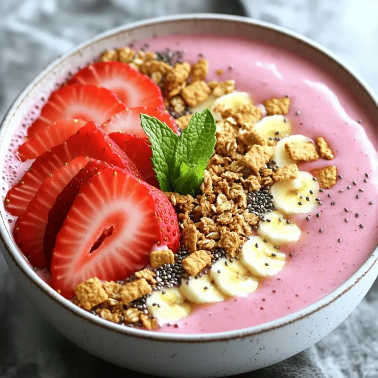 To make a Strawberry Cheesecake Smoothie Bowl, you need these main ingredients: - 1 ½ cups fresh or frozen strawberries - 1 banana, frozen - 1 cup Greek yogurt (plain or vanilla) - ½ cup cream cheese, softened - 1 tablespoon honey or maple syrup (adjust to taste) - 1 teaspoon vanilla extract - ½ cup almond milk (or any milk of choice) Each ingredient plays a role in creating a creamy and tasty bowl. The strawberries give a sweet and tart flavor. The frozen banana adds thickness and sweetness. Greek yogurt and cream cheese bring a rich, creamy texture. Honey or maple syrup adds a touch of sweetness. Vanilla extract enhances the flavor, while almond milk helps blend everything smoothly. You can make your smoothie bowl even better with these toppings: - Sliced fresh strawberries - Granola - Crushed graham crackers - Chia seeds - Mint leaf for garnish These toppings add flavor and texture. Fresh strawberries provide a burst of freshness. Granola gives a nice crunch. Crushed graham crackers bring a cheesecake taste, while chia seeds add nutrients. A mint leaf on top looks great and adds a refreshing touch. - Blending the ingredients: Start by adding the strawberries, frozen banana, Greek yogurt, and softened cream cheese into your blender. Then, add honey or maple syrup, vanilla extract, and almond milk. Blend all these ingredients until smooth and creamy. Make sure to scrape the sides to mix everything well. - Adjusting smoothie thickness: Once blended, check the thickness. If it’s too thick, add a splash more almond milk. You want it thick enough to hold toppings but still pourable. - Pouring into a bowl: After you reach the right thickness, pour the smoothie mixture into a bowl. This is where the fun begins! - Adding toppings effectively: Now comes the best part—decorating! Start with sliced fresh strawberries. Then sprinkle on granola and crushed graham crackers. Add chia seeds for a nice crunch. - Garnishing for presentation: To make your bowl pop, add a mint leaf on top. This adds color and a fresh touch. Your smoothie bowl is now ready to enjoy! To get the right thickness, start with frozen fruit. Frozen strawberries and bananas give a thick base. If your smoothie is too thick, add more almond milk slowly. Blend again until you reach the right texture. You want it thick but pourable. If it’s too runny, add more frozen fruit. When blending, make sure to scrape down the sides. This helps mix everything well. Blend for about 30 seconds. If you hear any chunks, blend more. Smooth and creamy is the goal. You can swap ingredients based on what you have. Use any fruit you like. Blueberries or mangoes work well too. If you want a lighter taste, choose low-fat cream cheese. You can also use dairy-free yogurt for a vegan option. For added flavor, try a dash of cinnamon or nutmeg. You can also add a splash of orange juice for brightness. Mix in protein powder if you want an energy boost. The goal is to make it your own! {{image_2}} You can change the flavor of your smoothie bowl by using other fruits. Try using blueberries or raspberries instead of strawberries. They add a nice twist and taste great. You can even mix different berries together for a berry blast. Adding tropical fruits is another fun option. Pineapple or mango brings a sunny flavor. They blend well with the creamy texture and add a hint of sweetness. You can try a mix of strawberries and mango for a tropical delight. If you want a dairy-free version, plant-based yogurt is a great choice. Almond or coconut yogurt works well. These options keep your smoothie creamy without any dairy. Using coconut cream instead of cream cheese is also a tasty swap. It adds richness and a hint of tropical flavor. Just make sure to blend it well so it mixes smoothly. This way, you can enjoy a cheesecake taste even without dairy. To keep your smoothie bowl fresh, store any leftovers in the fridge. Use an airtight container. This will keep it safe for up to 24 hours. If you want to store it longer, freezing is a great option. Pour your smoothie into ice cube trays or freezer bags. This way, you can enjoy it later without losing taste. If you freeze your smoothie, thaw it in the fridge overnight. You can also let it sit at room temperature for a bit. Once thawed, stir it well before serving. To make it fun, consider adding new toppings. Try adding fresh fruit, nuts, or a drizzle of honey. This gives your leftover smoothie a fresh twist! Yes, you can prepare this smoothie bowl in advance. To do so, blend all the ingredients and pour the mixture into an airtight container. Store it in the fridge for up to 24 hours. You may need to stir or blend it again before serving. This way, you save time and enjoy a quick breakfast or snack. To create a vegan version, swap the Greek yogurt with plant-based yogurt. You can use almond or coconut yogurt. Replace cream cheese with vegan cream cheese or silken tofu. Use maple syrup for sweetness, as it is vegetarian-friendly. Almond milk is already vegan, so it works perfectly here. This smoothie bowl is packed with nutrients. Strawberries are high in vitamin C and antioxidants. They help boost your immune system. Bananas offer potassium and fiber, which support heart health and digestion. Greek yogurt provides protein, while cream cheese adds creaminess. Overall, this bowl is a tasty way to enjoy a healthy treat. In this post, I shared a simple guide to making a delicious smoothie bowl. We covered key ingredients like strawberries, Greek yogurt, and honey. I also included steps for blending and adding creative toppings. Remember, you can customize flavors and textures to suit your taste. Smoothie bowls are fun and healthy. They are a great way to enjoy fresh fruit and protein. Try different fruits and toppings to keep it interesting. Enjoy making and sharing your own tasty creations!