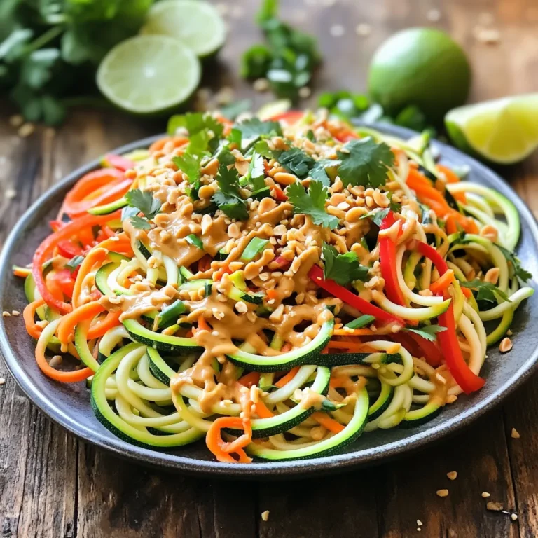 - 2 large zucchini, spiralized into noodles (zoodles) - 1 red bell pepper, sliced thin - 1 cup shredded carrots - 1 cup bean sprouts - ½ cup fresh cilantro, chopped - ¼ cup green onions, sliced - ½ cup roasted peanuts, roughly chopped - 1 tablespoon sesame oil For this recipe, start with fresh zucchini. Spiralizing the zucchini makes it fun and light. The red bell pepper adds sweetness and color. Shredded carrots bring crunch and a bright orange hue. Bean sprouts add a fresh bite, while cilantro and green onions give a burst of flavor. Roasted peanuts provide a lovely crunch that you will enjoy. Finally, a drizzle of sesame oil rounds out the taste perfectly. - ¼ cup natural peanut butter - 2 tablespoons soy sauce (or tamari for gluten-free) - 1 tablespoon lime juice - 1 tablespoon maple syrup (or honey) - 1 tablespoon sriracha (adjust to your spice preference) - 2-3 tablespoons warm water (to thin the dressing) The dressing combines rich peanut butter with soy sauce for depth. Lime juice adds acidity, balancing the flavors. Maple syrup or honey brings sweetness. Adjust the sriracha to fit your spice level. Warm water helps to make the dressing pourable and smooth. - Additional chopped cilantro - Lime wedges - Sesame seeds For a touch of finishing flair, consider adding extra cilantro. Lime wedges brighten the dish as a side. A sprinkle of sesame seeds adds a lovely texture and visual appeal. These toppings enhance the flavor and presentation, making your salad truly pop! Start by spiralizing the zucchini. You want long, thin noodles called zoodles. Use a spiralizer to get perfect shapes. Next, slice the red bell pepper into thin strips. This adds nice color and crunch. Shred the carrots and rinse the bean sprouts. Chop the fresh cilantro and slice the green onions. Once all the veggies are ready, combine them in a large bowl. Toss gently to mix everything well. Grab a separate bowl for the dressing. Add the natural peanut butter first. Then pour in the soy sauce, lime juice, maple syrup, and sriracha. Mix these ingredients well until they form a smooth sauce. If the dressing is too thick, add warm water a little at a time. Keep mixing until you reach a pourable consistency. Adjust the sriracha for your spice level. Now it's time to combine everything. Drizzle the spicy peanut dressing over the zoodle salad mixture. Use tongs to toss the salad well. Make sure each zoodle and vegetable gets coated in the dressing. Transfer the salad to a serving platter or individual bowls. Top with chopped roasted peanuts for extra crunch. Finish by drizzling sesame oil over the salad for a richer taste. Enjoy your fresh and flavorful dish! To spiralize zucchini, start with fresh, firm zucchini. Cut off both ends of the zucchini. Place it in a spiralizer and twist to create long noodles. If you don’t have a spiralizer, a vegetable peeler can work too. Just peel thin strips until you reach the core. Aim for long, thin strands for the best texture. Zoodles cook quickly and add a fun twist to any dish. The spicy peanut dressing can be as mild or fiery as you like. Start with one tablespoon of sriracha for a gentle heat. Mix it well and taste. Add more sriracha bit by bit until it’s just right for you. If it gets too spicy, add a little more peanut butter to balance the flavors. You can also reduce the amount of lime juice for a less tangy taste. A great presentation makes your salad stand out. Serve the zoodle salad in a large bowl or on a platter. Sprinkle chopped roasted peanuts on top for crunch. Add fresh cilantro and lime wedges for color and zest. For a professional touch, drizzle sesame oil over the salad just before serving. You can also sprinkle sesame seeds for added flair. Enjoy the compliments! {{image_2}} You can boost your salad’s protein with many options. Grilled chicken adds a savory flavor. Just slice it thin and toss it in. For a plant-based choice, try cubed tofu. Use firm tofu and pan-fry it for a nice texture. Shrimp also works well; simply cook them until pink and juicy. Feel free to mix in other veggies to suit your taste. Thinly sliced cucumbers add a cool crunch. You can also use shredded red cabbage for color and texture. Snap peas give a sweet bite, and radishes add a peppery kick. The key is to keep the colors bright and flavors fresh. To make this salad gluten-free, swap soy sauce for tamari. This keeps the flavor without gluten. For a vegan twist, use maple syrup instead of honey in the dressing. Every ingredient can fit your dietary needs while still being delicious. This salad remains tasty and nutritious for everyone! To keep your Spicy Thai Peanut Zoodle Salad fresh, store it in an airtight container. This helps maintain its crunch and flavor. I recommend separating the dressing from the salad if you have leftovers. This way, the zoodles don’t get soggy. You can mix them just before serving. When stored correctly, the salad lasts about 2-3 days in the fridge. After that, the freshness fades. Zoodles can release water over time, making the salad watery. To enjoy the best taste, eat it sooner rather than later. This salad is best served cold. If you want to warm it up, do so gently. Place it in a pan over low heat for a short time. Stir often to avoid cooking the zoodles too much. You can also add a little more dressing before heating. It helps keep the flavors bright and fresh. Yes, you can make this salad in advance. I recommend preparing the zoodles and veggies ahead of time. Keep them in an airtight container in the fridge. Make the dressing separately. When you’re ready to eat, mix them together. This keeps the veggies fresh and crunchy. If you need a substitute for peanut butter, try sunflower seed butter. It has a similar texture and taste. You can also use almond butter or cashew butter. Just watch out for allergies! Yes, you can use other vegetables to make a lower-carb option. Try spiralized cucumbers or carrots. They add a nice crunch and are low in carbs. You can mix them with zoodles for extra flavor and texture. Yes, feel free to use other nut butters for the dressing. Almond butter or cashew butter work well. Each nut butter adds its own unique flavor. Just remember to adjust the taste to your liking! In this blog post, we explored fresh ingredients, condiments, and optional toppings for a flavorful salad. I shared step-by-step instructions for preparing vegetables, making a spicy peanut dressing, and combining it all. Tips on spiralizing zucchini and adjusting spice levels help you achieve the best results. You can also find ways to customize the salad with proteins and vegetables and learn about storage practices. Remember, making your salad unique can be fun. Enjoy experimenting with ingredients and presentations!