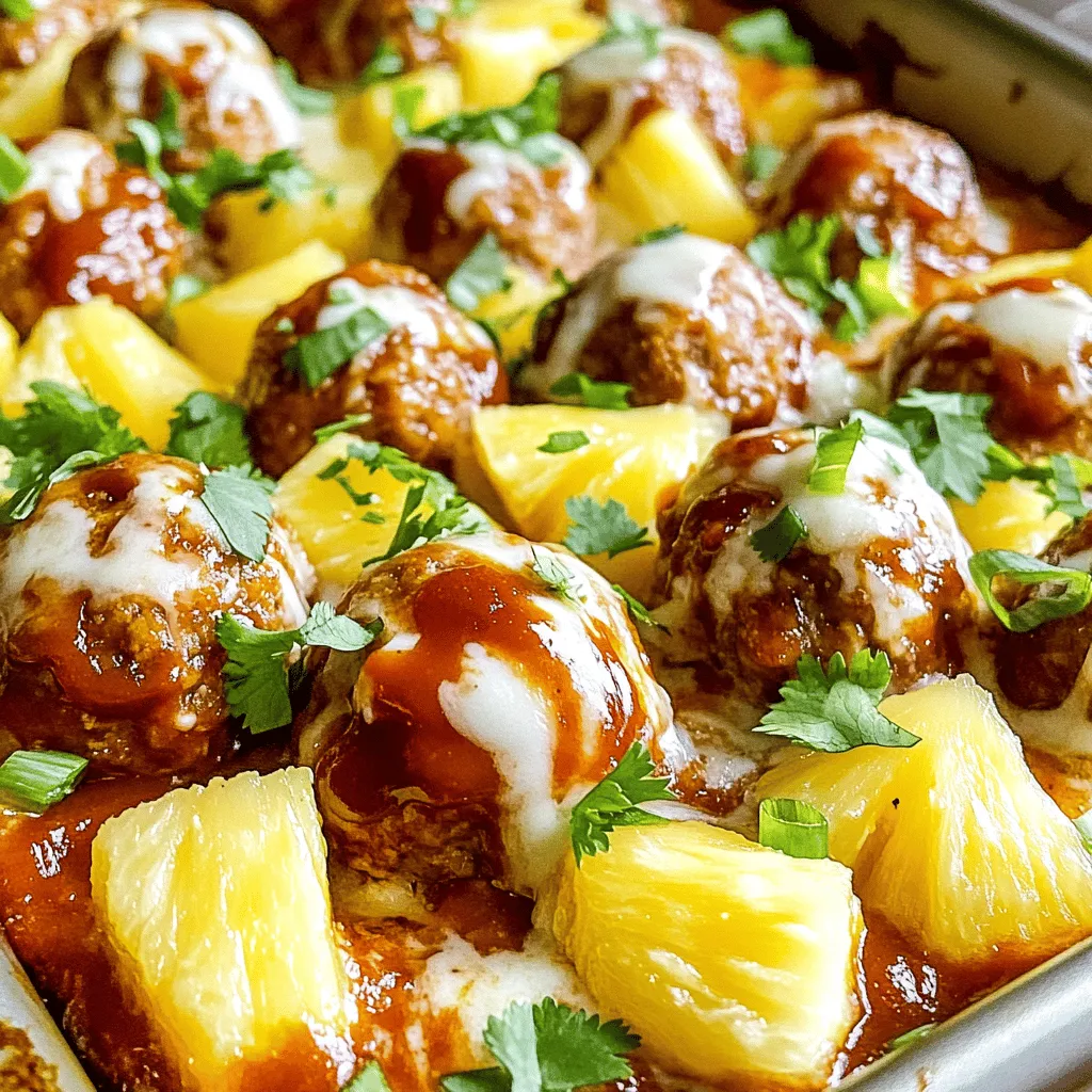 - 1 lb ground beef or turkey - 1/2 cup breadcrumbs - 1/4 cup finely chopped onion - 2 cloves garlic, minced - 1/4 cup fresh cilantro, chopped - 1 egg, beaten The heart of this recipe is the meat. You can choose ground beef or turkey. Both work well and taste great. The breadcrumbs help hold the meatballs together. Finely chopped onion and minced garlic add a lot of flavor. Fresh cilantro gives a nice touch. The beaten egg binds everything. - 1 cup BBQ sauce - 1/2 tsp salt - 1/2 tsp black pepper - 1/2 tsp smoked paprika - 1/2 tsp ground ginger The BBQ sauce is key to the dish. It adds sweet and smoky notes. Salt and black pepper bring out the taste of the meat. Smoked paprika adds depth, while ground ginger gives a hint of spice. These spices work in harmony to make the meatballs shine. - 1 cup shredded mozzarella cheese - Green onions for garnish (optional) Shredded mozzarella cheese melts beautifully on top. It adds creaminess to the dish. If you wish, slice green onions for a fresh garnish. This adds color and a mild onion flavor. 1. First, preheat your oven to 400°F (200°C). This will get the heat ready for baking. 2. Line a large sheet pan with parchment paper. This makes cleanup easy. 3. In a large bowl, mix together the ground beef or turkey, breadcrumbs, chopped onion, minced garlic, cilantro, beaten egg, salt, pepper, smoked paprika, and ground ginger. 4. Use your hands to mix well. Make sure all the ingredients are combined. 1. Now, shape the meat mixture into meatballs. Aim for about 1.5 inches in diameter. 2. Place the meatballs on one side of the prepared sheet pan. They need space to cook well. 3. On the other side of the pan, arrange the pineapple chunks. Keep them separate from the meatballs. 4. Drizzle BBQ sauce over both the meatballs and pineapple. Make sure they are well coated. 1. Bake in the preheated oven for 20-25 minutes. You want the meatballs to reach 165°F (74°C) inside. 2. For the last 5 minutes, sprinkle shredded mozzarella cheese over the meatballs. 3. Return the pan to the oven until the cheese is melted and bubbly. 4. Let the meatballs rest for a few minutes once done. Enjoy the delicious flavors! To make tender meatballs, use cold meat. Cold meat keeps them firm while you mix. You should also measure your ingredients carefully. Too many breadcrumbs can make them dry. The right amount of fat helps keep them juicy. If you want a lighter option, try ground turkey or chicken. Both still taste great with BBQ sauce. You can also add spices like cayenne for heat or cumin for warmth. This way, you can make the meatballs your own. To complete your meal, serve these meatballs with rice or a fresh salad. They pair well with coleslaw too. For gatherings, consider serving them on toothpicks. This makes them easy to grab and eat. You can even set out extra BBQ sauce for dipping! {{image_2}} You can change the taste of your meatballs by using different BBQ sauces. Try spicy sauce for heat, sweet sauce for a nice glaze, or tangy sauce for a zesty kick. Each option can take your meal to a new level. Adding fruits is also fun. Pineapple is great, but you can mix in peaches or mangoes. They add freshness and flavor. The sweet and savory combo makes every bite exciting. If you need gluten-free meatballs, swap regular breadcrumbs for gluten-free ones. There are many brands available that work well. This keeps the meatballs tender and helps hold them together. For a dairy-free version, skip the cheese or use a dairy-free alternative. You still get a flavorful dish without the dairy, making it perfect for everyone. You can cook these meatballs in a slow cooker. Just mix everything and place it in the cooker. Set it on low for about 6 hours or high for 3 hours. This method makes the meatballs juicy and tender. An air fryer is another option. Preheat it, then cook the meatballs for about 12-15 minutes at 375°F (190°C). This gives you a nice crispy outer layer while keeping the inside moist. To keep your leftovers fresh, place them in an airtight container. This helps to stop air from getting in and drying them out. Store your meatballs in the fridge. They will last for about 3 to 4 days. If you want to keep them longer, consider freezing. To freeze meatballs, first let them cool completely. Then, arrange them in a single layer on a baking sheet. Once frozen solid, transfer them to a freezer-safe bag or container. This way, they won’t stick together. When you want to eat them, thaw them overnight in the fridge. For a quick meal, you can also thaw them in the microwave. You can reheat meatballs in a microwave or an oven. If you use the microwave, heat them for 1 to 2 minutes, checking to avoid overcooking. If you prefer the oven, preheat it to 350°F (175°C) and bake for 10 to 15 minutes. Keeping the meatballs covered with foil will help keep them moist and tasty. Whichever method you choose, enjoy the great flavors of your pineapple BBQ meatballs! Can I use frozen meatballs for this recipe? Yes, you can use frozen meatballs. Just make sure to thaw them first. This helps them cook evenly. Adjust the baking time if needed. Keep an eye on them. Is this recipe suitable for meal prep? Absolutely! These meatballs are great for meal prep. You can make a batch and store it. They keep well in the fridge for a few days. You can also freeze them for later. How do I know when the meatballs are fully cooked? The meatballs are done when they are brown and firm. Look for a nice crust on the outside. You can also cut one open to check if it’s no longer pink inside. What is the best way to check the internal temperature? Use a meat thermometer to check the temperature. Insert it into the center of a meatball. It should read 165°F (74°C) for fully cooked meatballs. This ensures they are safe to eat. Can I substitute ground turkey for beef? Yes, ground turkey works well in this recipe. It makes the dish lighter. Just keep the same amounts as listed. The flavors will blend nicely with the BBQ sauce. What can I use instead of breadcrumbs? You can use crushed crackers or oats instead of breadcrumbs. They both hold the meatballs together. If you want a gluten-free option, try ground flaxseed. It works great too! This blog post covered all you need to know about making tasty meatballs. We discussed key ingredients, including ground meat and fresh flavors. You learned how to prepare, shape, and bake your meatballs perfectly. Tips for variations and storing leftovers will help you enjoy this dish any time. Remember, meatballs can fit your tastes and dietary needs. With these easy steps and ideas, you can create a meal everyone loves. Enjoy experimenting with flavors and serving ideas for your next gathering!