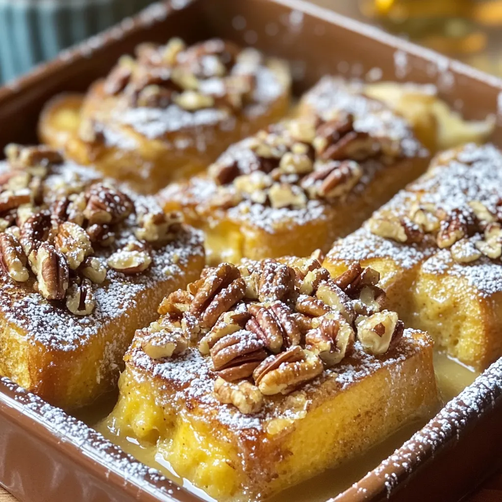 - 1 loaf of brioche or challah bread, cut into 1-inch cubes - 6 large eggs - 2 cups whole milk The main ingredients set the stage for our Maple Pecan French Toast Bake. I love using brioche or challah bread. These breads are soft and have a rich flavor. The bread needs to be cut into cubes to soak up the custard well. Large eggs and whole milk create a creamy texture. They make the bake rich and satisfying. - 1/2 cup maple syrup (plus more for serving) - 1 teaspoon vanilla extract - 1 teaspoon ground cinnamon Sweeteners and flavorings give our dish its unique taste. Maple syrup adds a sweet note. It also adds a beautiful amber color. Vanilla extract enhances the overall flavor. Ground cinnamon gives a warm touch. Together, they make each bite delightful. - 1 cup pecans, roughly chopped - 1/2 cup brown sugar - 1 tablespoon unsalted butter, melted The topping is where the magic happens. Chopped pecans add a crunch to the bake. Brown sugar gives it a caramel-like sweetness. Melting unsalted butter helps the pecans stick together. This topping creates a lovely contrast to the soft bread below. To start, preheat your oven to 350°F (175°C). This helps the bake cook evenly. Next, grease a 9x13 inch baking dish. You can use non-stick spray or butter. Greasing the dish stops the bake from sticking. In a large bowl, whisk together the eggs, milk, maple syrup, vanilla extract, cinnamon, and salt. Mix well until everything is smooth. This custard is the base for your French toast. Now, add the cubed bread to the egg mixture. Gently fold it in, making sure all pieces get coated. Let it sit for about 10 minutes. This soaking helps the bread absorb the flavor. While the bread soaks, prepare the pecan topping. In another bowl, mix the chopped pecans, brown sugar, and melted butter. Stir until the pecans are well coated. After the bread has soaked, transfer the mixture to the greased baking dish. Spread it evenly. Finally, sprinkle the pecan topping over the bread mixture. Place the baking dish in the preheated oven. Bake for 35-40 minutes. You want the top to be golden brown and the center to be set. To check for doneness, insert a toothpick in the center. If it comes out clean, it’s ready. Let it cool for about 10 minutes before serving. To make the best custard, soak the bread well. Place cubed bread in the egg mixture. Let it rest for about 10 minutes. This helps the bread absorb all the flavors. If you want a richer texture, use more eggs. For a lighter dish, try using fewer eggs. You can make the pecan topping more exciting! Add spices like nutmeg or cardamom for warmth. You can also mix in chocolate chips for sweetness. If you don't have pecans, use walnuts or almonds instead. Both will add a nice crunch. Maple Pecan French Toast Bake pairs well with fresh fruit. Sliced bananas or berries can brighten the dish. For a special touch, add whipped cream on top. Dusting the bake with powdered sugar adds elegance. Serve with extra maple syrup on the side for drizzling. {{image_2}} You can switch up the flavor of your Maple Pecan French Toast Bake in fun ways. - Pumpkin spice version: Add 1 cup of pumpkin puree and 1 teaspoon of pumpkin spice to your egg mixture. This gives a warm, cozy taste that is great for fall. - Berry-infused option: Toss in 1 cup of mixed berries, like blueberries or strawberries, into the bread mix. This adds a juicy burst of flavor and color. Need to tweak the recipe for special diets? Here are options. - Gluten-free alternatives: Use gluten-free bread instead of brioche or challah. This keeps the dish safe for those who avoid gluten. - Vegan-friendly adjustments: Replace the eggs with 1 cup of unsweetened applesauce and use almond milk. This makes the dish plant-based. The type of bread you choose can change the whole dish. - Other suitable bread types: You can use sourdough, French bread, or even cinnamon raisin bread. Each brings a different taste. - Impact of bread choice on texture: Brioche gives a soft, rich texture, while sourdough adds a slight tang. Choose what you like best! To store Maple Pecan French Toast Bake, let it cool first. Place it in an airtight container. Store it in the fridge for up to three days. This keeps it fresh and tasty. If you want to save it longer, you can freeze it. Cut the bake into portions. Wrap each piece in plastic wrap. Then, place them in a freezer-safe bag. It will last for up to three months in the freezer. When it comes to reheating, you can use either a microwave or an oven. For the microwave, place a portion on a plate. Heat for about 30 seconds to one minute. Check if it is warm enough. If not, heat for a little longer. The oven is a great option too. Preheat it to 350°F (175°C). Place the bake in an oven-safe dish. Cover it with foil to keep it moist. Heat for about 15-20 minutes. This way, it stays soft and delicious. Maple Pecan French Toast Bake lasts about three to four days in the fridge. Make sure to cover it well to keep it fresh. If you want to enjoy it longer, freeze it. It can last for about two months in the freezer. Yes, you can prepare this dish the night before. Just follow the recipe steps until you put the bread in the baking dish. Then, cover it with plastic wrap and place it in the fridge overnight. This helps the bread soak up the custard well. In the morning, you just need to add the pecan topping and bake it. If you need a substitute for maple syrup, you can use honey or agave syrup. These options add sweetness but will change the flavor a little. For a different taste, try using brown sugar dissolved in water. Yes, you can make this dish without eggs. Use a mixture of ground flaxseed and water or mashed bananas as a substitute. Mix one tablespoon of ground flaxseed with three tablespoons of water for each egg. Let it sit for a few minutes until it thickens. This keeps the texture nice and moist. This blog post covered how to make a delicious Maple Pecan French Toast Bake. We explored key ingredients like brioche or challah, eggs, and milk. You learned about sweeteners, toppings, and steps to create the perfect bake. Remember, the right bread makes a big difference. Enjoy experimenting with flavors and variations to make it your own. With these tips, you can create a warm, inviting dish for any meal. Happy baking!