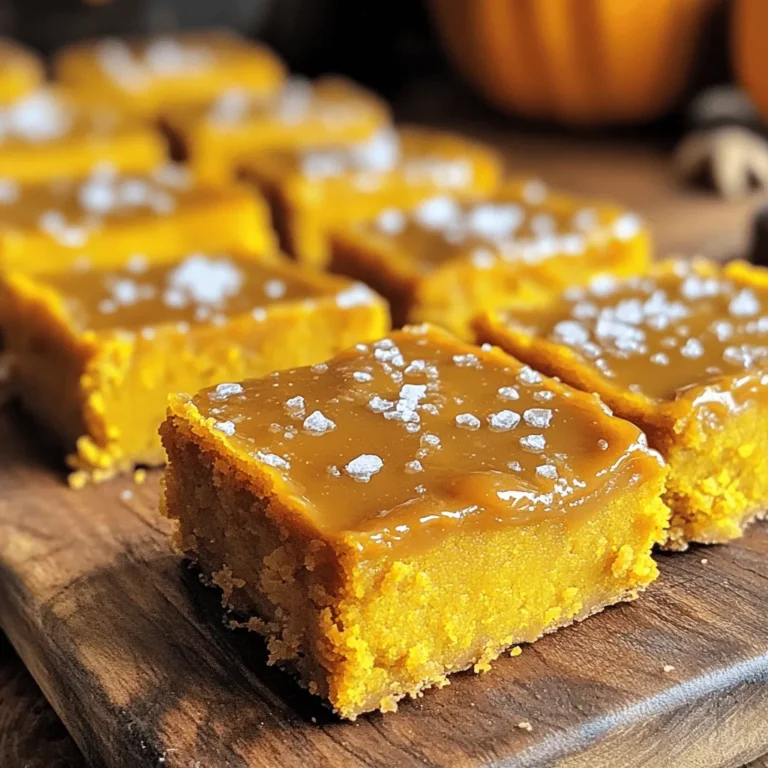 - 1 cup unsalted butter, melted - 1 ½ cups brown sugar - 1 cup granulated sugar - 1 cup pumpkin puree (canned or fresh) - 2 large eggs - 2 teaspoons vanilla extract - 2 cups all-purpose flour - 1 teaspoon baking powder - 1 teaspoon baking soda - 1 teaspoon pumpkin pie spice - ½ teaspoon salt - 1 cup chocolate chips - ¾ cup salted caramel sauce (store-bought or homemade) - Flaky sea salt for topping These measurements work great for this recipe. If you need a substitute, try these: - Use coconut oil instead of butter for a dairy-free option. - Replace brown sugar with coconut sugar for a lighter flavor. - Use almond flour for a gluten-free version, but adjust the amount. Choose high-quality ingredients for the best taste. Here are some tips: - Use fresh pumpkin puree for rich flavor. If using canned, pick a brand with no additives. - Get good chocolate chips for a melt-in-your-mouth experience. Dark chocolate adds a rich taste. - Select pure vanilla extract over imitation for a deeper, more complex flavor. - Opt for flaky sea salt to finish. It adds a perfect crunch and enhances the sweetness. These tips help you make the best salted caramel pumpkin blondie bars that impress everyone! 1. Preheat the oven to 350°F (175°C). Grease a 9x13 inch baking pan or use parchment paper. 2. In a large bowl, mix melted butter, brown sugar, and granulated sugar. Whisk until smooth. 3. Add pumpkin puree, eggs, and vanilla extract to the sugar mix. Stir until just combined. 4. In a separate bowl, whisk together flour, baking powder, baking soda, pumpkin pie spice, and salt. 5. Gradually add the dry mix to the wet mix. Stir gently until smooth, but do not overmix. 6. Fold in chocolate chips until evenly distributed in the batter. 7. Pour half of the blondie batter into the prepared pan. Spread it evenly across the bottom. 8. Drizzle about ½ cup of salted caramel sauce over the batter. Then place the remaining batter on top. 9. Gently swirl the caramel into the batter using a knife. This adds a lovely pattern. 10. Bake for 25-30 minutes. Check with a toothpick. A few crumbs sticking is fine. 11. Remove from the oven and let cool for about 10 minutes. Drizzle remaining caramel sauce on top. 12. Sprinkle flaky sea salt over the caramel, enhancing the sweet and salty flavor. 13. Let the blondies cool completely in the pan before cutting them into bars. This process creates rich, flavorful blondies that are perfect for any occasion. Enjoy! To bake perfect blondies, always use room-temperature ingredients. This helps to blend better. Make sure your butter is melted but not hot. Hot butter can cook the eggs. Whisk your sugars and butter until smooth. This creates a nice base for your blondies. One common mistake is overmixing the batter. Overmixing can lead to dense and tough blondies. Mix until just combined. It’s okay if there are small lumps. Also, don’t skip the caramel drizzle! It adds rich flavor and makes your blondies shine. The secret to a great texture lies in baking time. Check your blondies at 25 minutes. Use a toothpick to test the center. If it comes out with a few crumbs, they’re done. Let them cool in the pan for at least 10 minutes. This helps them set and makes cutting easier. For a chewy texture, enjoy them warm! {{image_2}} You can change the flavors in your blondie bars. Try adding nuts, like walnuts or pecans. This gives a nice crunch. You can also mix in spices. Cinnamon or nutmeg can add warmth. If you want a sweeter touch, use white chocolate chips instead of dark. The options are endless! If you need gluten-free bars, swap all-purpose flour for a gluten-free blend. This will keep the bars tasty. For vegan options, use flax eggs instead of chicken eggs. Mix one tablespoon of ground flaxseed with three tablespoons of water for each egg. You can also use coconut oil in place of butter. These swaps make the blondies fit many diets without losing flavor. To celebrate the seasons, add fun mix-ins. In fall, try dried cranberries or chopped apples for a fruity twist. For winter holidays, include peppermint chips or orange zest. You can even use crushed candy canes on top. These seasonal touches make your bars festive and fun! To keep your salted caramel pumpkin blondie bars fresh, store them in an airtight container. Place parchment paper between layers to prevent sticking. Make sure they cool completely before you store them. This helps keep the bars moist and tasty. You can freeze these blondies for later. Cut them into bars and wrap each one in plastic wrap. Then, place them in a freezer-safe bag or container. They can last up to three months in the freezer. When you're ready to enjoy, simply thaw them in the fridge overnight. These blondies stay fresh for about a week at room temperature. If you keep them in the fridge, they can last up to two weeks. Always check for any signs of spoilage before eating. The caramel can make them a bit sticky, so using parchment can help. Enjoy these delicious treats! Yes, you can make these blondies a day or two in advance. Just bake them and let them cool completely. Once cool, cut them into bars and store them in an airtight container. This keeps them fresh and tasty. The flavors may deepen overnight, making them even better! To reheat the blondies, place them on a microwave-safe plate. Heat them for about 10 to 15 seconds. This warms them up while keeping them soft. You can also use the oven. Set it to 350°F (175°C) and warm them for about 5 to 10 minutes. Enjoy them warm with a drizzle of caramel! Absolutely! Fresh pumpkin can add a nice touch. Just cook and puree the pumpkin first. Make sure it is smooth and not too watery. This ensures your blondies will have the right texture and flavor. Feel free to use fresh pumpkin whenever you want a special twist! This blog post covered how to make delicious blondies from scratch. We explored the key ingredients and their measurements, ensuring quality at every step. You learned essential baking instructions and best practices. I also shared creative variations to suit your tastes and dietary needs. Finally, I provided tips on storage and answered common questions. Enjoy your baking journey. Use these tips to create perfect blondies every time!