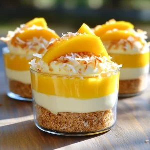 To create the No-Bake Mango Coconut Cheesecake Cups, you need these simple ingredients: - 1 cup graham cracker crumbs - 1/4 cup unsweetened shredded coconut - 1/4 cup unsalted butter, melted - 8 oz cream cheese, softened - 1/2 cup sweetened condensed milk - 1/2 cup mango puree (fresh or canned) - 1 teaspoon vanilla extract - 1 teaspoon gelatin powder (optional, for extra firmness) - Fresh mango slices and toasted coconut for garnish Each ingredient plays a key role in the final taste and texture. The graham cracker crumbs form the base, giving a nice crunch. The unsweetened shredded coconut adds a tropical feel that pairs well with mango. Cream cheese gives the cheesecake its rich and creamy texture. Sweetened condensed milk brings sweetness, while mango puree gives it that fresh fruit flavor. Vanilla extract rounds out the taste, making it even better. If you want a firmer cheesecake, you can add gelatin. Finally, fresh mango slices and toasted coconut serve as lovely garnishes, making the cups look great and adding extra flavor. With these ingredients, you can create a delightful dessert that is both easy and delicious! First, grab a medium bowl. Combine 1 cup of graham cracker crumbs and 1/4 cup of shredded coconut. This mixture gives your crust a nice flavor and texture. Then, pour in 1/4 cup of melted unsalted butter. Mix it all up until the crumbs are well-coated. Next, take four dessert cups. Divide the crust mix evenly among them. Press down firmly to make a smooth base. This step is key for a great cheesecake. Set the cups aside while we make the filling. Now, in another bowl, place 8 oz of softened cream cheese. Use an electric mixer to beat it until it’s nice and smooth. This makes it easy to blend in the other ingredients. Slowly add in 1/2 cup of sweetened condensed milk, 1/2 cup of mango puree, and 1 teaspoon of vanilla extract. Keep mixing until everything is combined. If you want a firmer cheesecake, dissolve 1 teaspoon of gelatin powder in 1 tablespoon of hot water. Add this to the mixture and stir well. Spoon the filling over the crusts, spreading it evenly. Make sure each cup gets a nice layer of that mango goodness. Once you fill all four cups, it’s time to chill. Place them in the fridge for at least 4 hours. This helps the cheesecake set nicely. When you’re ready to serve, take the cups out. Garnish with fresh mango slices and a sprinkle of toasted coconut. This adds a lovely touch and makes them look extra special. Enjoy your tasty no-bake mango coconut cheesecake cups! To get a smooth texture, start with softened cream cheese. Cold cream cheese will create lumps. I let mine sit out for about 30 minutes before mixing. Use an electric mixer to beat the cream cheese. This makes it creamy and fluffy. Mix the other ingredients slowly. If you go too fast, you may add air bubbles. Avoid that for the best texture! If you want a firmer cheesecake, use gelatin. First, dissolve the gelatin in hot water. Make sure it's fully dissolved before adding it to the mix. If you add it too soon, it may clump. Stir the gelatin well into the cheesecake mix. This way, it blends in smoothly. Remember to chill the cups for at least four hours. This helps the gelatin set properly. When serving, I love to add fresh mango slices on top. It adds color and flavor. A sprinkle of toasted coconut gives a nice crunch. You can also serve the cups with a drizzle of honey for extra sweetness. For a fun twist, try adding a mint leaf as a garnish. It looks pretty and adds a fresh taste! {{image_2}} You can change the crust for this no-bake dessert. Use crushed cookies like Oreos or vanilla wafers. For a nutty option, try ground almonds or pecans mixed with butter. Each gives a different flavor and texture. While mango is delicious, you can try other fruits. Substitute the mango puree with strawberry, blueberry, or passion fruit. Each fruit adds its unique taste. You can also mix fruits for fun combinations. Just keep the same amount of puree for balance. Want a vegan option? Replace cream cheese with soaked cashews. Blend soaked cashews with coconut cream and maple syrup. Use coconut oil instead of butter for the crust. Make sure to check that your sweetened condensed milk is plant-based. This way, everyone can enjoy this treat! To store your no-bake mango coconut cheesecake cups, cover them tightly with plastic wrap or a lid. This keeps them fresh and prevents odors from other foods. Place them in the fridge. I recommend storing them in the back, where it's coldest. These cheesecake cups will last up to five days in the fridge. For the best taste and texture, eat them within three days. Avoid freezing these cups, as it can change their creamy texture. You do not need to reheat these cheesecake cups. They are best served chilled. If you want to refresh them, just take them out of the fridge a few minutes before serving. This way, they will have the perfect coolness and texture. Yes, you can make these cheesecake cups ahead of time. They taste great when chilled. I often prepare them the night before a party. This way, they have time to set and develop the flavors. Just keep them in the fridge until you are ready to serve. If you want to skip gelatin, use agar-agar or a plant-based gelatin. Both options work well. Agar-agar is a great choice for a vegan option. You can also try coconut cream for a creamy texture without gelatin. Just remember, these substitutes may change the texture slightly. You can check if the cheesecake is set by gently shaking the cup. If the filling jiggles slightly, it needs more time. If it holds its shape, it’s ready. A good rule is to chill for at least four hours. The longer, the better! You learned how to make tasty no-bake cheesecake cups with fresh mango and coconut. We covered the ingredients, from the crust to the filling, and how to assemble them. I shared tips for a smooth texture and different variations to try. Remember, these cups store well and have many ways to serve them. In the end, enjoy this refreshing treat at your next gathering. Get creative and personalize it for yourself!