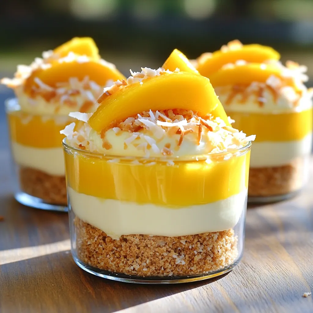 To create the No-Bake Mango Coconut Cheesecake Cups, you need these simple ingredients: - 1 cup graham cracker crumbs - 1/4 cup unsweetened shredded coconut - 1/4 cup unsalted butter, melted - 8 oz cream cheese, softened - 1/2 cup sweetened condensed milk - 1/2 cup mango puree (fresh or canned) - 1 teaspoon vanilla extract - 1 teaspoon gelatin powder (optional, for extra firmness) - Fresh mango slices and toasted coconut for garnish Each ingredient plays a key role in the final taste and texture. The graham cracker crumbs form the base, giving a nice crunch. The unsweetened shredded coconut adds a tropical feel that pairs well with mango. Cream cheese gives the cheesecake its rich and creamy texture. Sweetened condensed milk brings sweetness, while mango puree gives it that fresh fruit flavor. Vanilla extract rounds out the taste, making it even better. If you want a firmer cheesecake, you can add gelatin. Finally, fresh mango slices and toasted coconut serve as lovely garnishes, making the cups look great and adding extra flavor. With these ingredients, you can create a delightful dessert that is both easy and delicious! First, grab a medium bowl. Combine 1 cup of graham cracker crumbs and 1/4 cup of shredded coconut. This mixture gives your crust a nice flavor and texture. Then, pour in 1/4 cup of melted unsalted butter. Mix it all up until the crumbs are well-coated. Next, take four dessert cups. Divide the crust mix evenly among them. Press down firmly to make a smooth base. This step is key for a great cheesecake. Set the cups aside while we make the filling. Now, in another bowl, place 8 oz of softened cream cheese. Use an electric mixer to beat it until it’s nice and smooth. This makes it easy to blend in the other ingredients. Slowly add in 1/2 cup of sweetened condensed milk, 1/2 cup of mango puree, and 1 teaspoon of vanilla extract. Keep mixing until everything is combined. If you want a firmer cheesecake, dissolve 1 teaspoon of gelatin powder in 1 tablespoon of hot water. Add this to the mixture and stir well. Spoon the filling over the crusts, spreading it evenly. Make sure each cup gets a nice layer of that mango goodness. Once you fill all four cups, it’s time to chill. Place them in the fridge for at least 4 hours. This helps the cheesecake set nicely. When you’re ready to serve, take the cups out. Garnish with fresh mango slices and a sprinkle of toasted coconut. This adds a lovely touch and makes them look extra special. Enjoy your tasty no-bake mango coconut cheesecake cups! To get a smooth texture, start with softened cream cheese. Cold cream cheese will create lumps. I let mine sit out for about 30 minutes before mixing. Use an electric mixer to beat the cream cheese. This makes it creamy and fluffy. Mix the other ingredients slowly. If you go too fast, you may add air bubbles. Avoid that for the best texture! If you want a firmer cheesecake, use gelatin. First, dissolve the gelatin in hot water. Make sure it's fully dissolved before adding it to the mix. If you add it too soon, it may clump. Stir the gelatin well into the cheesecake mix. This way, it blends in smoothly. Remember to chill the cups for at least four hours. This helps the gelatin set properly. When serving, I love to add fresh mango slices on top. It adds color and flavor. A sprinkle of toasted coconut gives a nice crunch. You can also serve the cups with a drizzle of honey for extra sweetness. For a fun twist, try adding a mint leaf as a garnish. It looks pretty and adds a fresh taste! {{image_2}} You can change the crust for this no-bake dessert. Use crushed cookies like Oreos or vanilla wafers. For a nutty option, try ground almonds or pecans mixed with butter. Each gives a different flavor and texture. While mango is delicious, you can try other fruits. Substitute the mango puree with strawberry, blueberry, or passion fruit. Each fruit adds its unique taste. You can also mix fruits for fun combinations. Just keep the same amount of puree for balance. Want a vegan option? Replace cream cheese with soaked cashews. Blend soaked cashews with coconut cream and maple syrup. Use coconut oil instead of butter for the crust. Make sure to check that your sweetened condensed milk is plant-based. This way, everyone can enjoy this treat! To store your no-bake mango coconut cheesecake cups, cover them tightly with plastic wrap or a lid. This keeps them fresh and prevents odors from other foods. Place them in the fridge. I recommend storing them in the back, where it's coldest. These cheesecake cups will last up to five days in the fridge. For the best taste and texture, eat them within three days. Avoid freezing these cups, as it can change their creamy texture. You do not need to reheat these cheesecake cups. They are best served chilled. If you want to refresh them, just take them out of the fridge a few minutes before serving. This way, they will have the perfect coolness and texture. Yes, you can make these cheesecake cups ahead of time. They taste great when chilled. I often prepare them the night before a party. This way, they have time to set and develop the flavors. Just keep them in the fridge until you are ready to serve. If you want to skip gelatin, use agar-agar or a plant-based gelatin. Both options work well. Agar-agar is a great choice for a vegan option. You can also try coconut cream for a creamy texture without gelatin. Just remember, these substitutes may change the texture slightly. You can check if the cheesecake is set by gently shaking the cup. If the filling jiggles slightly, it needs more time. If it holds its shape, it’s ready. A good rule is to chill for at least four hours. The longer, the better! You learned how to make tasty no-bake cheesecake cups with fresh mango and coconut. We covered the ingredients, from the crust to the filling, and how to assemble them. I shared tips for a smooth texture and different variations to try. Remember, these cups store well and have many ways to serve them. In the end, enjoy this refreshing treat at your next gathering. Get creative and personalize it for yourself!