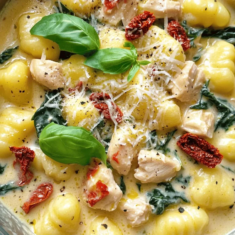 - 1 pound chicken breasts, diced - 1 tablespoon olive oil - 3 cloves garlic, minced - 1 cup sun-dried tomatoes, chopped - 2 cups fresh spinach The main ingredients form the heart of this dish. Chicken breasts provide protein and texture. I love using olive oil for its flavor and health benefits. Garlic adds a nice kick, while sun-dried tomatoes bring a sweet, tangy taste. Fresh spinach adds color and nutrients, making the dish vibrant. - 1 cup heavy cream - 1 cup chicken broth - 1 teaspoon Italian seasoning - 16 ounces gnocchi - Grated Parmesan cheese for serving - Fresh basil leaves for garnish The heavy cream creates a rich sauce that coats the gnocchi. Chicken broth adds depth to the flavor, while Italian seasoning brings warmth and spice. Gnocchi is the perfect base; it soaks up the creamy sauce. To finish, I love adding grated Parmesan for a salty touch and fresh basil for a pop of flavor. - Heating the skillet: First, grab a large skillet and heat one tablespoon of olive oil over medium heat. This step is key to achieving that perfect sear on the chicken. - Browning the chicken: Next, add one pound of diced chicken breasts to the skillet. Season it with salt and pepper. Cook for about 6 to 8 minutes. You want it browned and fully cooked. This will lock in the flavor. - Setting the chicken aside: Once the chicken is done, remove it from the skillet and set it aside. This will allow us to build our creamy sauce in the same skillet. - Sautéing the garlic: In the same skillet, toss in three cloves of minced garlic. Sauté it for 1 to 2 minutes. The smell will be amazing! - Adding sun-dried tomatoes and spinach: Stir in one cup of chopped sun-dried tomatoes. Let it cook for a minute. Then add two cups of fresh spinach. Cook until the spinach wilts, about 2 to 3 minutes. - Combining chicken broth and heavy cream: Pour in one cup of chicken broth and one cup of heavy cream. Add one teaspoon of Italian seasoning. Bring it to a simmer and let it cook for about 5 minutes. This makes the sauce rich and thick. - Adding chicken back to the skillet: After the sauce thickens, return the cooked chicken to the skillet. Stir it well to coat the chicken with that creamy goodness. - Cooking gnocchi: While the sauce simmers, cook 16 ounces of gnocchi according to the package instructions. They should float when they're ready, usually in about 2 to 3 minutes. Drain them well. - Folding in gnocchi with the chicken mixture: Gently fold the cooked gnocchi into the creamy chicken mixture. Make sure each piece is well-coated. This is where everything comes together into a delicious dish! To keep chicken juicy, always start with high heat. Heat the olive oil until it shimmers. Then add the diced chicken. Season it well with salt and pepper. Cook it for 6-8 minutes. This browns the meat and locks in moisture. After cooking, set the chicken aside. This keeps it tender while you make the sauce. To avoid overcooking, watch the time closely. Use a meat thermometer if you have one. The chicken should reach 165°F. If it cooks too long, it can become dry and tough. For a creamier sauce, consider using different cream options. Heavy cream is rich, but you can also use half-and-half or sour cream. Each option gives a unique flavor and texture. Adjusting seasoning is key for flavor. Taste the sauce as it simmers. If it needs more flavor, add salt, pepper, or Italian seasoning. Always season in small amounts. This helps you control the taste. For side dishes, serve a simple green salad. A light salad pairs well with the rich gnocchi. You can also offer garlic bread. It complements the creamy sauce nicely. For garnishes, freshly grated Parmesan cheese adds a great touch. Sprinkle it on top before serving. Fresh basil leaves also brighten the dish. They add color and a fresh flavor. {{image_2}} You can switch out the chicken for shrimp or tofu to change the dish. Shrimp cooks fast and adds a light taste. Tofu works great for a plant-based option. Just make sure to brown the tofu well for more flavor. For vegetables, consider using mushrooms or zucchini. These choices add texture and keep the dish fresh. You can also mix in bell peppers or peas for color and crunch. If you need a gluten-free version, look for gluten-free gnocchi. Many brands now make this option, which tastes great in the dish. You can also make your own with gluten-free flour if you like a challenge. For a dairy-free adaptation, use coconut cream instead of heavy cream. This gives a creamy texture without dairy. You can also skip the cheese or use a dairy-free cheese substitute. To add some heat, try adding crushed red pepper flakes. Just a pinch can make a big difference. You can always add more if you like a spicy kick. Fresh herbs like basil or oregano can really brighten the dish. Chop them finely and mix them in right before serving. This gives your Creamy Tuscan Chicken Gnocchi a fresh and vibrant taste. To keep your creamy Tuscan chicken gnocchi fresh, store it in the fridge. Use an airtight container to avoid air exposure. This will help maintain flavor and texture. Make sure the dish cools to room temperature before sealing it. Leftovers will stay good for about three days. To reheat, I recommend using the stovetop for the best texture. Heat a non-stick skillet over medium heat. Add a splash of chicken broth to help keep it creamy. Stir gently until warmed through, about five to seven minutes. If using a microwave, place the gnocchi in a bowl, cover it, and heat in 30-second bursts. Stir in between until hot, which should take around two minutes total. If you want to save some for later, freezing is a great option. First, let the dish cool completely. Then, scoop it into freezer-safe containers or bags. Remove as much air as possible to prevent freezer burn. You can freeze it for up to three months. To thaw, place the container in the fridge overnight. For quick thawing, you can use the microwave on the defrost setting. Once thawed, reheat using the stovetop method for the best results. This way, your creamy sauce will stay rich and tasty. Creamy Tuscan Chicken Gnocchi lasts about 3 to 4 days in the fridge. Store it in an airtight container. Make sure it cools down before placing it in the fridge. This helps keep it fresh longer. Yes, you can prepare the sauce ahead of time. Cook the chicken and make the creamy sauce. Store them separately from the gnocchi. When you are ready to eat, cook the gnocchi and mix them in. This keeps everything fresh and tasty. This dish pairs well with a simple salad or garlic bread. A fresh green salad adds a nice crunch. Garlic bread brings extra flavor and complements the creamy sauce. For drinks, try a light white wine or sparkling water. In this blog post, we explored how to make creamy Tuscan chicken gnocchi. We covered the main and additional ingredients, step-by-step cooking instructions, tips for the best results, and variations to suit different diets. My final thought is that this dish is not only tasty but also adaptable. With just a few swaps, you can make it fit your needs. Enjoy cooking and sharing this meal with others!