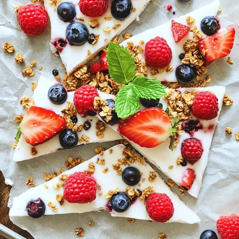 To make the frozen yogurt bark with berries, you'll need a few key ingredients. Here’s what you should gather: - 2 cups Greek yogurt (plain or flavored) - 2 tablespoons honey or maple syrup - 1 teaspoon vanilla extract - 1 cup mixed berries (strawberries, blueberries, raspberries) - 1/4 cup granola (optional, for crunch) - Mint leaves for garnish (optional) Greek yogurt forms the base of the bark. It gives a creamy texture and adds protein. You can choose plain yogurt or one with flavor. Honey or maple syrup sweetens the mixture naturally. Vanilla extract adds a warm flavor that makes each bite delightful. Mixed berries give color and taste. You can use any mix you like. Strawberries, blueberries, and raspberries work well together. Granola is optional but adds a nice crunch to your treat. Mint leaves are perfect for a fresh look and taste. Gather these ingredients, and you're ready to start creating a tasty frozen treat! First, grab a mixing bowl. Add 2 cups of Greek yogurt. Then, pour in 2 tablespoons of honey or maple syrup. Next, add 1 teaspoon of vanilla extract. Mix everything until smooth. This step is key for a creamy texture. Now, let's prepare the baking tray. It's important to use parchment paper. This keeps the yogurt bark from sticking. Choose a shallow tray that fits in your freezer. It should be big enough for the yogurt mixture. Pour the yogurt mixture onto the parchment paper. Use a spatula to spread it evenly. Aim for about half an inch thick. Next, scatter 1 cup of mixed berries on top. Press them down gently so they stick. If you like, sprinkle 1/4 cup of granola for some crunch. Place the baking tray in the freezer. Let it freeze for at least 4 to 6 hours. Check that the bark is fully frozen. This helps it break nicely later. Once frozen, take it out of the freezer. Lift the yogurt bark off the parchment paper. You can break it into pieces or cut it into squares. If you want, add fresh mint leaves on top for color and freshness. You can use Greek yogurt or regular yogurt. Greek yogurt is thicker and creamier. It has more protein, which makes it a great choice. Regular yogurt is lighter and can be a bit tangy. Both work well, but I prefer Greek yogurt for this bark. You can flavor it with honey or maple syrup for sweetness. Adding vanilla extract gives it a lovely aroma. When picking berries, go for strawberries, blueberries, and raspberries. These berries freeze well and keep their shape. You can use fresh or frozen berries, but fresh berries taste best. In summer, berries are abundant and sweet. In winter, you may find frozen berries a better choice. Always check for ripeness and flavor. You can switch out granola for other crunchy toppings. Try crushed nuts or seeds for added texture. Almonds, walnuts, or chia seeds work great. They add a nice crunch and flavor. You can also layer in other fruits like bananas or peaches. Be creative! {{image_2}} To make chocolate frozen yogurt bark, simply add cocoa powder or chocolate chips. You can mix in two tablespoons of cocoa powder into your yogurt blend. This gives a rich and chocolatey flavor. If you prefer, sprinkle chocolate chips on top of the berries. Both options create a sweet treat that chocolate lovers will adore. For a tropical twist, use fruits like mango and pineapple. Chop these fruits into small pieces. Fold them into the yogurt mixture before spreading it on the tray. You can also place them on top of the yogurt. This adds a bright, fruity flavor that transports you to a sunny beach. Adding nut butter gives the bark a creamy texture and rich taste. Swirl in a few tablespoons of your favorite nut butter into the yogurt. Peanut butter or almond butter works great! This variation not only enhances flavor but also offers extra protein, making it a satisfying snack. To store frozen yogurt bark, keep it in an airtight container. This helps it stay fresh and tasty. You can also wrap it tightly in plastic wrap for extra protection. When choosing a container, look for one that is freezer-safe. Glass or BPA-free plastic containers work best. Make sure to leave some space in the container. This helps the yogurt bark expand when it freezes. Frozen yogurt bark lasts about two months in the freezer. After that, it may lose its flavor and texture. To know if it has gone bad, check for ice crystals or freezer burn. These signs mean it's time to toss the bark. If it smells off or has changed color, it’s best to discard it. Always enjoy your frozen yogurt bark fresh for the best taste! Yes, you can use non-dairy yogurt. Many great options exist. Try almond, coconut, or soy yogurt. These options work well. Just check for added sugars. Always choose a plain or unsweetened version for the best taste. It takes about 4-6 hours to freeze. Make sure the yogurt bark is solid. You can leave it overnight for best results. The longer it freezes, the easier it will be to break into pieces. Yes! You can add many toppings. Nuts like almonds or walnuts add crunch. Dried fruits like raisins or cranberries add sweetness. Get creative! You can also add seeds for extra nutrition. You have learned how to make delicious frozen yogurt bark using simple ingredients. Combine Greek yogurt, sweeteners, and your favorite toppings. Follow the steps carefully to get the best results. Feel free to customize your bark with different flavors. Remember to store it right, so it stays fresh longer. This recipe offers fun ways to enjoy a healthy treat. Now, you can impress your friends and family with this tasty snack. Dig in and enjoy your creations!