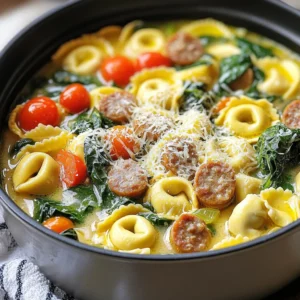 - 1 tablespoon olive oil - 1 pound Italian sausage (mild or spicy, casing removed) - 1 medium onion, diced - 3 cloves garlic, minced - 4 cups vegetable broth - 1 (9-ounce) package refrigerated cheese tortellini - 4 cups fresh spinach, roughly chopped - 1 cup cherry tomatoes, halved - 1 teaspoon dried Italian herbs (oregano and basil) - ½ teaspoon red pepper flakes (optional for heat) - Salt and pepper to taste - Grated Parmesan cheese for serving I love using fresh ingredients in this dish. The Italian sausage adds great flavor. You can pick mild or spicy based on your taste. The cheese tortellini gives a creamy texture that kids enjoy. Fresh spinach adds color and nutrition. Cherry tomatoes burst with sweetness, making every bite delightful. When you visit the store, look for bright green spinach. Avoid wilted or yellow leaves. Choose firm, plump cherry tomatoes. They should feel heavy for their size. For sausage, check the sell-by date. A fresh product has better taste. Always smell the broth before using it. It should smell rich and savory. To start, heat 1 tablespoon of olive oil in a large pot over medium heat. Add 1 pound of Italian sausage, breaking it apart with a wooden spoon. Cook until the sausage is browned, which takes about 5 to 7 minutes. Next, add 1 medium diced onion and 3 cloves of minced garlic to the pot. Sauté them until the onion turns translucent and fragrant, which should be around 3 to 4 minutes. Now, pour in 4 cups of vegetable broth and stir well. Bring the broth to a gentle simmer. Once it starts simmering, add a 9-ounce package of refrigerated cheese tortellini. Cook the tortellini according to the package instructions, usually about 3 to 5 minutes, until they are tender and floating. Stir in 4 cups of roughly chopped fresh spinach and 1 cup of halved cherry tomatoes. Cook for another 2 to 3 minutes, until the spinach wilts and the tomatoes soften. Season the dish with 1 teaspoon of dried Italian herbs, ½ teaspoon of red pepper flakes (if you like heat), salt, and pepper to taste. Mix everything until well combined. - Heating oil and cooking sausage: 5-7 minutes - Sautéing onion and garlic: 3-4 minutes - Simmering broth: 1 minute (just to reach a simmer) - Cooking tortellini: 3-5 minutes - Adding spinach and tomatoes: 2-3 minutes This brings the total cooking time to about 30 minutes, perfect for a quick dinner. While I can't show pictures, I can share tips. When cooking the sausage, look for a nice brown color to ensure it’s done. The onion should be clear, and you should smell the garlic. When the tortellini floats, it's ready! Finally, the spinach should be bright green and wilted, and the tomatoes should look soft. These visual cues help you know your dish is coming along perfectly! To boost the taste of your One-Pot Sausage Spinach Tortellini, try these tips: - Use fresh herbs like basil or parsley for a bright finish. - Add a splash of lemon juice before serving for zest. - Incorporate a dash of balsamic vinegar for depth. These additions will make your dish pop with flavor. You can also experiment with different types of cheese. A mix of Parmesan and mozzarella adds a creamy texture that everyone will love. Even simple recipes can have pitfalls. To avoid common mistakes: - Don’t overcook the tortellini. They should be tender but not mushy. - Use enough salt to enhance the flavors. Taste as you go! - Don’t skip the red pepper flakes if you like heat. They add a nice kick. These steps will help you create a balanced and tasty meal. Having the right tools can speed up your cooking time. Here are some must-haves: - A large pot or Dutch oven for even cooking. - A wooden spoon for stirring and breaking up sausage. - A sharp knife for chopping vegetables quickly. These tools make the process smooth and enjoyable. With the right setup, you can whip up this dish in no time! {{image_2}} You can easily swap ingredients to fit your diet. For a gluten-free option, use gluten-free tortellini. If you're watching your fat intake, lean turkey sausage works well too. You can also replace the olive oil with vegetable broth to cut down on calories. Use low-sodium broth if you need less salt. These changes keep the dish tasty while meeting your needs. Feel free to pack in more veggies for a healthy twist. Bell peppers, zucchini, or mushrooms blend well with this dish. You can add them when you sauté the onion and garlic. For extra protein, toss in beans or cooked chicken. This keeps the meal balanced and filling. Each added ingredient boosts flavor and nutrition. To make this dish vegetarian, skip the sausage. Use mushrooms or lentils for a hearty texture. You can also add more beans like chickpeas for protein. For a vegan version, replace cheese tortellini with a vegan option. Check your broth to ensure it’s plant-based. Add nutritional yeast for a cheesy flavor without dairy. These swaps let everyone enjoy a delicious meal. After you enjoy your meal, let the leftovers cool. Place them in an airtight container. Store the container in the fridge. They will stay fresh for about three days. Make sure to label it with the date. This helps you know when to eat it. When you're ready to eat again, take the leftovers out. You can reheat them on the stove or in the microwave. If using the stove, add a splash of broth or water. This keeps the dish moist. Heat on medium until warm. If using the microwave, cover the bowl with a lid. Heat for 1-2 minutes, stirring halfway. Check that it's hot all the way through. If you want to freeze the dish, use a freezer-safe container. Let it cool completely before sealing. This avoids ice crystals forming. You can freeze it for up to three months. When ready to eat, thaw it in the fridge overnight. Reheat as mentioned above. Enjoy a quick, tasty meal anytime! Yes, you can use frozen tortellini. Just add them to the pot as you would the fresh ones. They may need a few extra minutes to cook. Follow the package instructions for the best results. Frozen tortellini often tastes great, too. To spice things up, add more red pepper flakes. Start with a half teaspoon, then taste. If you want more heat, add more. You can also use spicy sausage instead of mild. Another option is to add fresh jalapeños for extra kick. This dish pairs well with a simple salad. A side of garlic bread complements it nicely. You can also serve it with a glass of red wine for a fun twist. Enjoying it with family or friends makes it even better! In this post, we explored key parts of making a tasty one-pot dish. We looked at the best ingredients, steps for cooking, and tips for flavor. You learned how to avoid common mistakes and make variations for your needs. Storing and reheating leftovers is easy with the right methods. Remember, cooking should be fun and rewarding. Follow these steps, and you’ll enjoy your time in the kitchen even more!