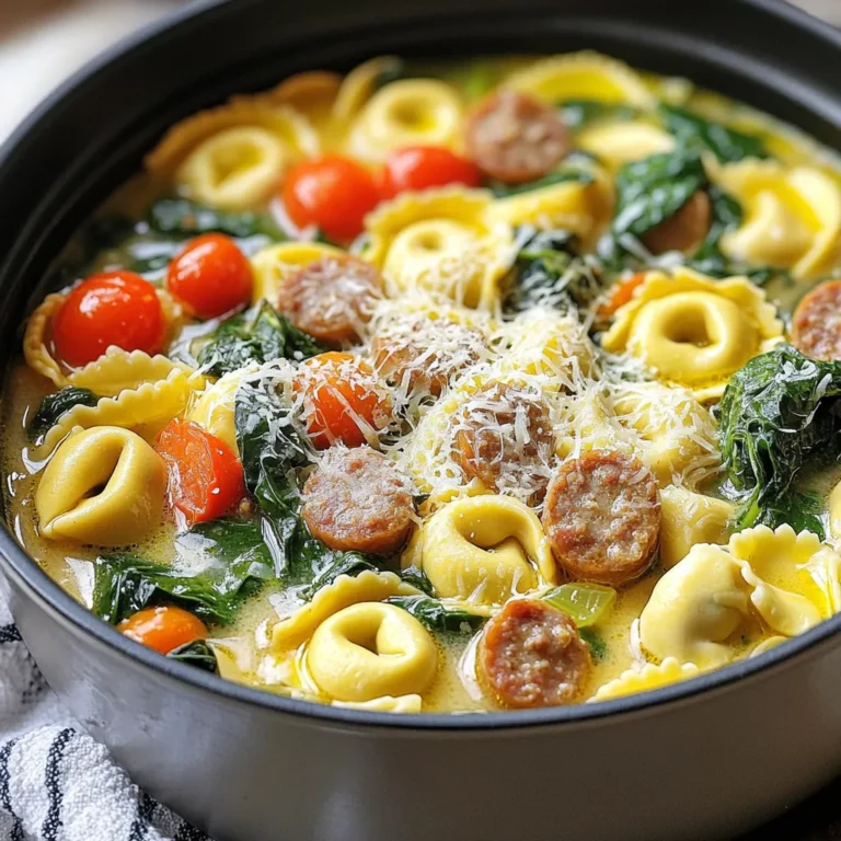 - 1 tablespoon olive oil - 1 pound Italian sausage (mild or spicy, casing removed) - 1 medium onion, diced - 3 cloves garlic, minced - 4 cups vegetable broth - 1 (9-ounce) package refrigerated cheese tortellini - 4 cups fresh spinach, roughly chopped - 1 cup cherry tomatoes, halved - 1 teaspoon dried Italian herbs (oregano and basil) - ½ teaspoon red pepper flakes (optional for heat) - Salt and pepper to taste - Grated Parmesan cheese for serving I love using fresh ingredients in this dish. The Italian sausage adds great flavor. You can pick mild or spicy based on your taste. The cheese tortellini gives a creamy texture that kids enjoy. Fresh spinach adds color and nutrition. Cherry tomatoes burst with sweetness, making every bite delightful. When you visit the store, look for bright green spinach. Avoid wilted or yellow leaves. Choose firm, plump cherry tomatoes. They should feel heavy for their size. For sausage, check the sell-by date. A fresh product has better taste. Always smell the broth before using it. It should smell rich and savory. To start, heat 1 tablespoon of olive oil in a large pot over medium heat. Add 1 pound of Italian sausage, breaking it apart with a wooden spoon. Cook until the sausage is browned, which takes about 5 to 7 minutes. Next, add 1 medium diced onion and 3 cloves of minced garlic to the pot. Sauté them until the onion turns translucent and fragrant, which should be around 3 to 4 minutes. Now, pour in 4 cups of vegetable broth and stir well. Bring the broth to a gentle simmer. Once it starts simmering, add a 9-ounce package of refrigerated cheese tortellini. Cook the tortellini according to the package instructions, usually about 3 to 5 minutes, until they are tender and floating. Stir in 4 cups of roughly chopped fresh spinach and 1 cup of halved cherry tomatoes. Cook for another 2 to 3 minutes, until the spinach wilts and the tomatoes soften. Season the dish with 1 teaspoon of dried Italian herbs, ½ teaspoon of red pepper flakes (if you like heat), salt, and pepper to taste. Mix everything until well combined. - Heating oil and cooking sausage: 5-7 minutes - Sautéing onion and garlic: 3-4 minutes - Simmering broth: 1 minute (just to reach a simmer) - Cooking tortellini: 3-5 minutes - Adding spinach and tomatoes: 2-3 minutes This brings the total cooking time to about 30 minutes, perfect for a quick dinner. While I can't show pictures, I can share tips. When cooking the sausage, look for a nice brown color to ensure it’s done. The onion should be clear, and you should smell the garlic. When the tortellini floats, it's ready! Finally, the spinach should be bright green and wilted, and the tomatoes should look soft. These visual cues help you know your dish is coming along perfectly! To boost the taste of your One-Pot Sausage Spinach Tortellini, try these tips: - Use fresh herbs like basil or parsley for a bright finish. - Add a splash of lemon juice before serving for zest. - Incorporate a dash of balsamic vinegar for depth. These additions will make your dish pop with flavor. You can also experiment with different types of cheese. A mix of Parmesan and mozzarella adds a creamy texture that everyone will love. Even simple recipes can have pitfalls. To avoid common mistakes: - Don’t overcook the tortellini. They should be tender but not mushy. - Use enough salt to enhance the flavors. Taste as you go! - Don’t skip the red pepper flakes if you like heat. They add a nice kick. These steps will help you create a balanced and tasty meal. Having the right tools can speed up your cooking time. Here are some must-haves: - A large pot or Dutch oven for even cooking. - A wooden spoon for stirring and breaking up sausage. - A sharp knife for chopping vegetables quickly. These tools make the process smooth and enjoyable. With the right setup, you can whip up this dish in no time! {{image_2}} You can easily swap ingredients to fit your diet. For a gluten-free option, use gluten-free tortellini. If you're watching your fat intake, lean turkey sausage works well too. You can also replace the olive oil with vegetable broth to cut down on calories. Use low-sodium broth if you need less salt. These changes keep the dish tasty while meeting your needs. Feel free to pack in more veggies for a healthy twist. Bell peppers, zucchini, or mushrooms blend well with this dish. You can add them when you sauté the onion and garlic. For extra protein, toss in beans or cooked chicken. This keeps the meal balanced and filling. Each added ingredient boosts flavor and nutrition. To make this dish vegetarian, skip the sausage. Use mushrooms or lentils for a hearty texture. You can also add more beans like chickpeas for protein. For a vegan version, replace cheese tortellini with a vegan option. Check your broth to ensure it’s plant-based. Add nutritional yeast for a cheesy flavor without dairy. These swaps let everyone enjoy a delicious meal. After you enjoy your meal, let the leftovers cool. Place them in an airtight container. Store the container in the fridge. They will stay fresh for about three days. Make sure to label it with the date. This helps you know when to eat it. When you're ready to eat again, take the leftovers out. You can reheat them on the stove or in the microwave. If using the stove, add a splash of broth or water. This keeps the dish moist. Heat on medium until warm. If using the microwave, cover the bowl with a lid. Heat for 1-2 minutes, stirring halfway. Check that it's hot all the way through. If you want to freeze the dish, use a freezer-safe container. Let it cool completely before sealing. This avoids ice crystals forming. You can freeze it for up to three months. When ready to eat, thaw it in the fridge overnight. Reheat as mentioned above. Enjoy a quick, tasty meal anytime! Yes, you can use frozen tortellini. Just add them to the pot as you would the fresh ones. They may need a few extra minutes to cook. Follow the package instructions for the best results. Frozen tortellini often tastes great, too. To spice things up, add more red pepper flakes. Start with a half teaspoon, then taste. If you want more heat, add more. You can also use spicy sausage instead of mild. Another option is to add fresh jalapeños for extra kick. This dish pairs well with a simple salad. A side of garlic bread complements it nicely. You can also serve it with a glass of red wine for a fun twist. Enjoying it with family or friends makes it even better! In this post, we explored key parts of making a tasty one-pot dish. We looked at the best ingredients, steps for cooking, and tips for flavor. You learned how to avoid common mistakes and make variations for your needs. Storing and reheating leftovers is easy with the right methods. Remember, cooking should be fun and rewarding. Follow these steps, and you’ll enjoy your time in the kitchen even more!