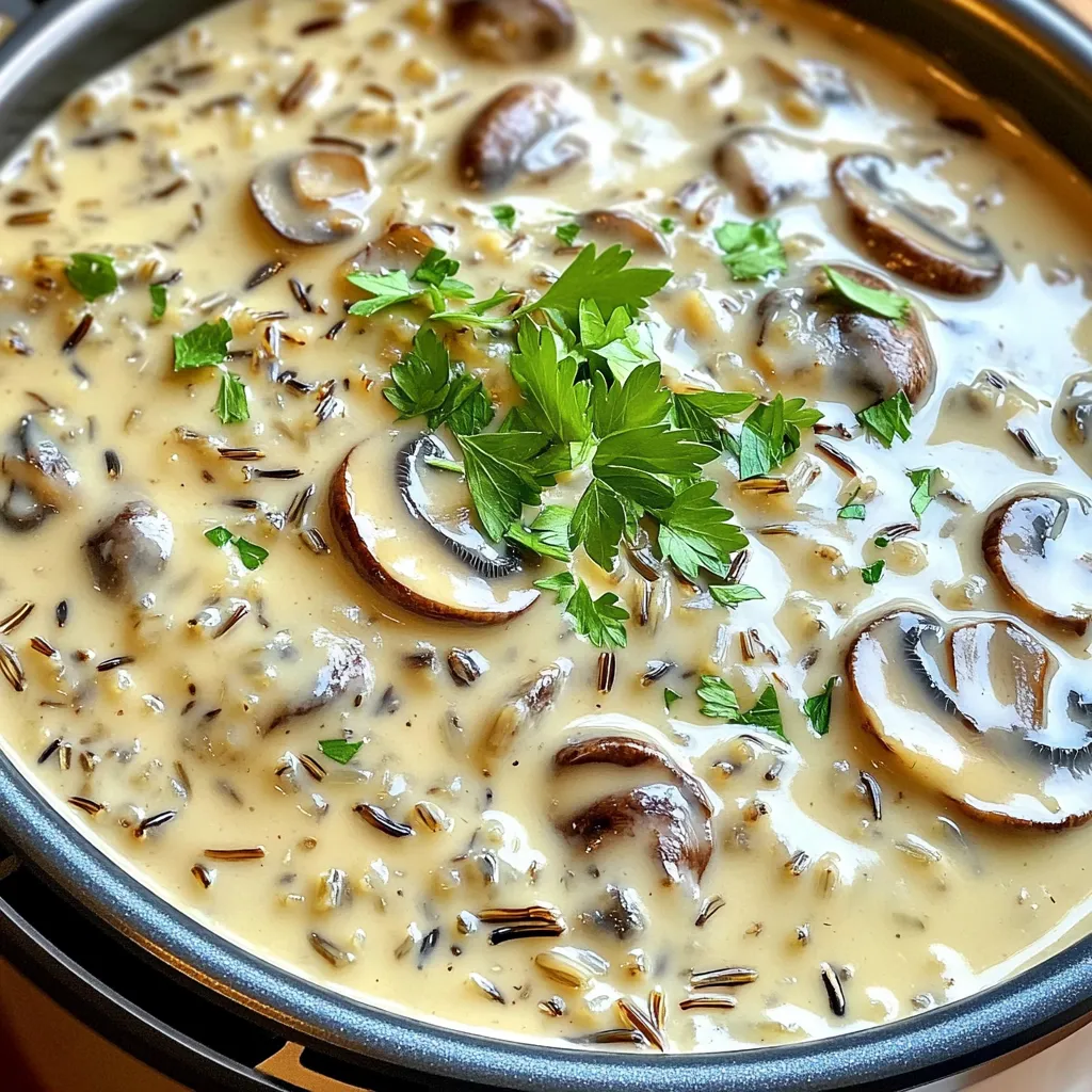 For this dish, you will need: - 1 cup wild rice (rinsed and drained) - 2 cups vegetable broth - 1 tablespoon olive oil - 1 medium onion, finely chopped - 2 cloves garlic, minced - 8 ounces mushrooms (cremini or button), sliced - 1 cup heavy cream (or coconut cream for a vegan option) - 1 teaspoon dried thyme - 1 teaspoon dried rosemary - Salt and pepper to taste - Fresh parsley, chopped (for garnish) You can easily swap some ingredients to fit your needs. If you want a vegan dish, use coconut cream instead of heavy cream. You can also use other types of mushrooms like shiitake or portobello. For a gluten-free option, check that the vegetable broth is gluten-free. If you do not have wild rice, you can use brown rice, but cooking times will change. Using fresh ingredients makes a big difference. Fresh mushrooms add a rich flavor. Fresh herbs like parsley bring a bright note. The taste is much better with fresh items. They also have more nutrients, which is great for your health. Always try to pick the best quality ingredients for the best results. Start by setting your Instant Pot to the Sauté setting. Add 1 tablespoon of olive oil and let it heat up. Once hot, add 1 medium onion, finely chopped, and 2 cloves of minced garlic. Sauté for about 2-3 minutes until the onion looks clear. Next, add 8 ounces of sliced mushrooms. Keep stirring for about 5 minutes until they soften and brown slightly. This step builds a rich base of flavor. Now, it’s time for the wild rice! Add 1 cup of rinsed and drained wild rice to the pot. Sprinkle in 1 teaspoon of dried thyme and 1 teaspoon of dried rosemary. Mix it all well. Pour in 2 cups of vegetable broth and season with salt and pepper to taste. Stir everything together, making sure the rice is covered by the broth. Close the lid and set the valve to Sealing. Cook on Manual or Pressure Cook for 30 minutes. Once the cooking finishes, let the steam release naturally for 10 minutes. After that, switch the valve to Venting to let out any remaining steam. Carefully open the lid and stir in 1 cup of heavy cream or coconut cream for a vegan option. Mix until everything is creamy and well combined. Taste and adjust the seasoning if needed. Your dish is ready to serve! Garnish with freshly chopped parsley for that final touch. To make your dish pop, season well. I love adding dried thyme and rosemary. These herbs bring out the earthy taste of mushrooms. Try adding a pinch of garlic powder for extra depth. For a kick, sprinkle in some red pepper flakes. Remember to taste as you go. Adjust salt and pepper for your perfect balance. Wild rice needs a little love when cooking. Rinse it well to remove any grit. This step helps keep your dish clean. Use a ratio of 2 cups broth for every cup of wild rice. This ensures it cooks evenly and comes out fluffy. Always let the rice sit for 10 minutes after cooking. This lets it absorb all the flavors. When using the Instant Pot, safety is key. Always check that the lid is locked before cooking. Make sure the valve is set to sealing. After cooking, let it release naturally for at least ten minutes. This helps prevent splatter. When venting, keep your face away from the steam. Safety first, so you can enjoy cooking! {{image_2}} To make this dish vegan, swap heavy cream for coconut cream. Coconut cream gives a rich flavor and creamy texture. You can also use almond milk or cashew cream for a lighter option. These alternatives keep the meal tasty without dairy. To add more protein, mix in cooked lentils or chickpeas. They blend well with the creamy rice. You can also add shredded rotisserie chicken or sautéed shrimp for a meatier meal. Just toss them in right before serving. This change keeps the dish filling and satisfying. Want to spice things up? Try adding a pinch of cumin or paprika for warmth. You can also mix in some curry powder for a bold flavor. For a fresh twist, add fresh herbs like cilantro or basil. These herbs create a bright, vibrant taste in your creamy mushroom wild rice. To keep your creamy mushroom wild rice fresh, let it cool first. Place it in an airtight container. Store it in the fridge for up to three days. Make sure to label the container with the date. This helps you track how long it's been stored. When you're ready to enjoy leftovers, reheat gently. You can use the microwave or stove. If using the microwave, heat in short bursts. Stir often to ensure even warming. If using the stove, add a splash of broth or cream. This keeps the dish creamy and prevents it from drying out. For longer storage, you can freeze your wild rice dish. First, let it cool completely. Then, use freezer-safe bags or containers. Remove as much air as possible to prevent freezer burn. You can freeze it for up to three months. When ready to eat, thaw overnight in the fridge. Reheat slowly, adding cream or broth for the best taste. Yes, you can use other rice types, but results may vary. Long grain or jasmine rice cook faster. They may not give the same nutty taste as wild rice. For best results, stick with wild rice. It adds a unique flavor and texture to your dish. It takes about 30 minutes to cook wild rice in the Instant Pot. You also need 10 minutes for the natural pressure release. This method ensures the rice cooks evenly and absorbs the flavors well. You will end up with tender, fluffy rice that complements the creamy sauce. Creamy mushroom wild rice pairs well with various dishes. Here are some ideas: - Grilled chicken or fish for protein. - A fresh green salad for crunch. - Roasted vegetables for extra flavor. - Garlic bread for a comforting side. These options make your meal more balanced and delicious. This blog post covers the key steps to make Instant Pot creamy mushroom wild rice. We explored ingredients, cooking instructions, and tips for great flavor. Remember, fresh ingredients make delicious meals. Whether you need vegan options or want to add protein, there are many ways to make this dish your own. Proper storage and reheating ensure your leftovers taste great. Use this guide to enjoy a tasty and satisfying meal anytime. Now, it’s time to get cooking and enjoy your creamy mushroom wild rice!