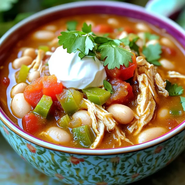 To make a rich Rustic White Bean Chicken Chili, gather these key ingredients: - 2 cups cooked shredded chicken (rotisserie or poached) - 2 cans (15 oz each) white beans, drained and rinsed (cannellini or great northern) - 1 can (15 oz) diced tomatoes with green chilies - 1 medium yellow onion, diced - 3 cloves garlic, minced - 1 cup chicken broth - 1 green bell pepper, diced - 1 teaspoon ground cumin - 1 teaspoon smoked paprika - ½ teaspoon chili powder - Salt and pepper to taste - 1 tablespoon olive oil - 1 cup corn (fresh, frozen, or canned) - Fresh cilantro for garnishing Each ingredient plays a role in the flavor and texture of the chili. The cooked shredded chicken provides protein, while the white beans add creaminess. Diced tomatoes with green chilies bring a bit of spice and acidity. The onion, garlic, and green bell pepper create a hearty base. The spices, including cumin and smoked paprika, give depth. Olive oil helps in sautéing the vegetables and adds richness. Lastly, corn adds sweetness, and fresh cilantro brightens the dish when used as a garnish. With these ingredients, you can create a meal that warms hearts and homes. 1. Heat the olive oil in a skillet over medium heat. 2. Add the diced onion and sauté for about 3-4 minutes. It should look translucent. 3. Add minced garlic and diced green bell pepper to the skillet. Cook for 2-3 minutes until fragrant. 4. Transfer the sautéed mixture to the slow cooker. 1. In the slow cooker, add the cooked shredded chicken, white beans, diced tomatoes with green chilies, corn, chicken broth, cumin, smoked paprika, chili powder, salt, and pepper. Stir well to combine. 2. You can cook on low for 6-8 hours. Alternatively, set it on high for 3-4 hours. 3. Once the cooking time is up, taste your chili. Adjust the seasoning as needed. Add more salt, pepper, or spices to suit your taste. 4. Serve hot, garnished with fresh cilantro for a bright finish. This method ensures a deep flavor that melds over time, making your chili a comforting delight. Adjusting the seasoning is key. Taste your chili before serving. Add salt, pepper, or spices as needed. This will help bring out the best flavors in your dish. To enhance flavor, consider adding more spices. A pinch of cayenne can give it a kick. You might also try adding a dash of oregano for depth. Choosing the right chicken can make a big difference. Rotisserie chicken adds great flavor and saves time. Poached chicken is a good choice too, as it stays tender and juicy. For an attractive dish, use rustic bowls. A dollop of sour cream or Greek yogurt adds creaminess. Crispy tortilla strips on top give a nice crunch. Fresh cilantro adds a pop of color and flavor. Complementary side dishes can really elevate your meal. Serve cornbread or a simple green salad alongside. Both options balance the hearty chili well. Recommended toppings can add extra flavor. Try sliced jalapeños for heat. Shredded cheese or avocado can also make it richer and more satisfying. {{image_2}} You can easily change up some ingredients in this chili. If you want, swap the white beans for kidney beans. They add a nice color and flavor. For protein, try turkey or tofu instead of chicken. Both options work great. You can also add more vegetables. Zucchini, carrots, or spinach fit in well. This way, you can make the dish your own. Adjusting spice levels is simple. If you like it hot, use fresh chilies. You can chop jalapeños or serranos and add them in. For a milder version, skip the chili powder. You can also reduce the cumin and paprika. This keeps the chili friendly for all ages. Remember, you can always serve hot sauce on the side for those who want more heat. After enjoying your chili, store leftovers in an airtight container. Let it cool first, then cover it. Place it in the fridge. It stays fresh for up to five days. To freeze, use a freezer-safe container. Leave some space at the top for expansion. It can last for about three months in the freezer. When you want to eat it, thaw it overnight in the fridge. Reheat in a pot on the stove over medium heat. Stir often to heat evenly. You can also use the microwave, but be sure to stir halfway through. Rustic white bean chicken chili can last in the fridge for five days. If frozen, it stays good for three months. To tell if your chili has spoiled, check for a sour smell or unusual color. If you see mold, throw it out. If it looks and smells fine, give it a taste test. If it doesn’t taste right, it’s better to discard it. Always trust your senses when it comes to food safety. Can I make this chili vegetarian? Yes, you can make this chili vegetarian. Simply replace the chicken with cooked mushrooms or extra beans. You can use vegetable broth instead of chicken broth to keep the flavors rich. How do I thicken my chili? To thicken chili, you can mash some of the beans against the side of the slow cooker. You can also stir in 1-2 tablespoons of cornstarch mixed with water. Let it cook for a bit longer to reach your desired thickness. Can I cook it overnight? Yes, you can cook this chili overnight. Set your slow cooker to low and let it cook for 8 hours. Make sure to follow safety guidelines for overnight cooking. What are the best beans to use for chili? The best beans for chili are white beans like cannellini or great northern. You can also try kidney beans or black beans for different textures and flavors. Can this recipe be doubled or halved? Yes, you can easily double or halve this recipe. Just adjust the cooking time accordingly. If you double it, keep the cooking time the same, but if you halve it, check for doneness sooner. This article covered a delicious recipe for rustic white bean chicken chili. We explored the key ingredients, step-by-step cooking methods, and ways to perfect this dish. I shared tips for customizing flavors, adjusting heat levels, and caring for leftovers. Chili is easy to make and very versatile. You can switch ingredients and tweak spices to fit your taste. Enjoy this dish with friends and family. It is sure to become a favorite in your home!