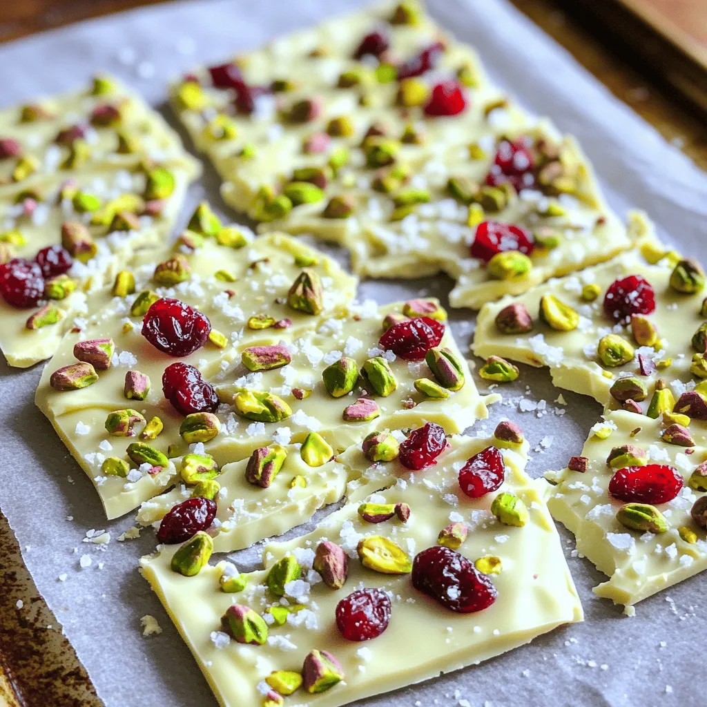 White chocolate chips are the star of this recipe. You need 2 cups. They melt down into a creamy, sweet base. Make sure to choose good quality chips for the best flavor. You will need 1 cup of unsalted, roasted pistachios. Chop them roughly before adding them to the mix. The nutty taste and crunchy texture add a nice contrast to the smooth chocolate. I love using ½ cup of dried cranberries or cherries. These sweet and tangy fruits add a burst of flavor. You can also try other dried fruits like apricots or raisins if you want. Add 1 teaspoon of vanilla extract. This simple ingredient boosts the overall taste. For an extra touch, sprinkle some sea salt on top. It creates a great balance with the sweetness of the chocolate. First, grab a baking sheet. Line it with parchment paper. Make sure to let some paper hang over the edges. This helps you lift the bark out later. A flat surface works best for spreading the chocolate. Now, take a microwave-safe bowl. Add the white chocolate chips. Heat them in the microwave for 30 seconds. Stir the chips and repeat until smooth. This usually takes about 1 to 2 minutes. Stir well after each interval to avoid burning. Once the chocolate is melted, stir in the vanilla extract. This adds a nice flavor. Next, fold in the pistachios and dried cranberries or cherries. Make sure they mix well into the chocolate. You want the flavors to spread evenly. Pour the chocolate mixture onto the prepared baking sheet. Use a spatula to spread it out. Aim for an even layer about ¼ inch thick. This will ensure each piece has the same great taste. Now, it’s time to chill. Place the baking sheet in the refrigerator. Let it sit for about 1 to 2 hours. You want the bark to be firm before cutting. When the bark is set, lift it out using the parchment paper. Break it into pieces or cut it into squares. Each piece should be a treat. Enjoy your delicious no bake pistachio white chocolate bark! To melt white chocolate, use a microwave-safe bowl. Heat the chocolate chips in 30-second bursts. Stir after each interval until you achieve a smooth consistency. This method prevents the chocolate from burning. If you notice lumps, keep stirring. The heat will help melt them. After melting, mix in the vanilla extract. Then, fold in the chopped pistachios and dried fruit. Do this gently to avoid breaking the nuts. Make sure each piece gets some nuts and fruit. This way, every bite bursts with flavor. Spread the chocolate mixture evenly on your lined baking sheet. Aim for about ¼ inch thick. If it's too thick, it won't set well. After spreading, sprinkle sea salt on top. This adds a nice contrast to the sweet chocolate. Chill the bark until firm, which usually takes 1-2 hours. This step is key for the right texture. {{image_2}} You can swap pistachios for other nuts. Almonds, walnuts, or cashews work great. Each nut gives a different taste and crunch. Dried fruits can also change the flavor. Try dried apricots or mangoes for a tropical twist. The key is to keep the mix roughly chopped for easy blending. Add fun flavors to your bark! A few drops of mint extract can give it a fresh taste. If you love almond, use almond extract instead of vanilla. These small changes make a big impact. You can even add spices like cinnamon for warmth. Experiment with different flavors until you find your favorite! While this recipe uses white chocolate, dark chocolate is a fantastic choice too. Dark chocolate adds a rich, bold flavor. It also pairs well with salty nuts. If you decide to switch, adjust the sweetness. Dark chocolate is less sweet, so you may want to add more dried fruit. Both options yield a tasty treat! To keep your no bake pistachio white chocolate bark fresh, store it in an airtight container. Use wax paper or parchment paper between layers to prevent sticking. Place the container in a cool, dry spot away from direct sunlight. This helps preserve the bark's taste and texture. When stored correctly, the bark lasts about two weeks. It's best served at room temperature for a soft bite. You can enjoy it as a snack, dessert, or gift. Cut it into smaller pieces for easy sharing. Guests will love this sweet treat! If you want to save some for later, freezing works well. Wrap the bark tightly in plastic wrap, then place it in a freezer bag. Label it with the date. When you're ready to eat it, thaw the bark in the fridge overnight. This keeps the flavors fresh and tasty. Yes, you can use different chocolate types. Dark chocolate or milk chocolate works well. Each type brings a unique taste. Dark chocolate adds richness, while milk chocolate offers sweetness. Just remember, the melting process may differ slightly. The bark lasts up to two weeks when stored properly. Keep it in an airtight container. Store it in a cool, dry place. If you live in a warm area, the fridge is best. This keeps it fresh and tasty. Yes, you can make the recipe vegan-friendly. Use vegan white chocolate chips instead of regular ones. Check the label to ensure they are dairy-free. You may also swap the vanilla extract for a plant-based flavor. If you don’t have pistachios, try almonds or walnuts. Both nuts add a nice crunch. You could also use sunflower seeds for a nut-free option. Each nut will change the flavor slightly but still taste great. Absolutely! You can decorate the bark for any holiday. Add seasonal sprinkles or edible glitter on top. You can also use colored chocolate drizzle to make it festive. This makes your bark look extra special for events. This blog post guided you through making delicious No Bake Pistachio White Chocolate Bark. We covered key ingredients like white chocolate, pistachios, and dried fruit options. I shared step-by-step instructions to help you create this treat. You'll find useful tips to ensure the perfect texture and taste. We also explored variations and storage info to keep your bark fresh. Try it out and have fun tweaking the recipe to your taste! Enjoy your tasty creation!