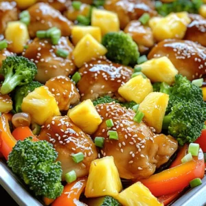 - 1.5 lbs chicken thighs, boneless and skinless - 1 cup teriyaki sauce (store-bought or homemade) - 1 cup fresh pineapple, cubed - 1 bell pepper (red or yellow), sliced - 1 medium red onion, cut into wedges - 2 cups broccoli florets - 2 tablespoons olive oil - 1 teaspoon grated ginger - 2 cloves garlic, minced - 1 tablespoon honey (for extra sweetness) - Sesame seeds and green onions, for garnish - 1 cup = 8 fluid ounces - 1 tablespoon = 15 milliliters - 1 teaspoon = 5 milliliters When you gather your ingredients, make sure everything is fresh. Fresh produce will boost flavor and nutrition. If you want a sweeter taste, add honey. The sesame seeds and green onions add a nice touch when you serve the dish. Use the right measurements for the best results. Cooking is all about balance, and getting the ingredients right sets the stage for your delicious meal. First, set your oven to 400°F (200°C). This step warms the oven for even cooking. In a bowl, mix the teriyaki sauce, honey, grated ginger, and minced garlic. Add the chicken thighs and coat them well. Let them sit for at least 15 minutes. For more flavor, you can marinate them for up to an hour in the fridge. Grab a large baking sheet. Line it with parchment paper or lightly oil it. This will stop the food from sticking and make cleanup easier. Place the marinated chicken thighs in the center of the pan. Surround them with cubed pineapple, sliced bell pepper, red onion wedges, and broccoli florets. Drizzle olive oil on the veggies and add salt and pepper to taste. Put the sheet pan in your preheated oven. Bake for 25 to 30 minutes. The chicken should reach an internal temperature of 165°F (75°C). The veggies will become tender and tasty. For a shiny finish, broil the dish for 2 to 3 minutes. Keep an eye on it to avoid burning. Once baked, take the pan out of the oven. Sprinkle sesame seeds and chopped green onions on top. Your dish is now ready to enjoy! Marinating your chicken is key. It adds flavor and makes it juicy. For best results, marinate for at least 15 minutes. If you have time, an hour in the fridge works wonders. Make sure to coat each piece well. You can use a zip-top bag. This helps spread the sauce evenly. Cooking time can vary. If your chicken thighs are thick, they may need more time. Use a meat thermometer to check doneness. The chicken should reach 165°F (75°C). If the veggies are not tender, bake for a few extra minutes. Watch closely, as they can overcook quickly. To ensure even cooking, cut your veggies into similar sizes. This helps them cook at the same rate. When arranging on the sheet pan, leave space between each item. This allows hot air to circulate. If using a crowded pan, the food may steam instead of bake, leading to uneven results. {{image_2}} You can switch up the chicken for other proteins. Try using shrimp, pork, or tofu. Shrimp cooks fast and soaks up flavor well. Pork adds a nice richness, and tofu is a great choice for plant-based meals. Adjust cooking times based on the protein. For shrimp, bake for 15-20 minutes. Pork may need 35-40 minutes. Tofu should bake for about 25-30 minutes for a crispy finish. Feel free to mix in different veggies! Carrots, snap peas, and zucchini work beautifully. They bring fresh colors and textures to your dish. You can also add mushrooms or baby corn for extra flavor. Just make sure to cut them into similar sizes for even cooking. Bake the veggies along with the chicken for the best results. Making your own teriyaki sauce is easy and fun! Here’s a simple recipe: - Ingredients: - 1/2 cup soy sauce - 1/4 cup honey or brown sugar - 1/4 cup rice vinegar - 1 teaspoon grated ginger - 1 clove of garlic, minced - 1 tablespoon cornstarch (optional for thickness) - Instructions: 1. In a small pot, mix the soy sauce, honey, rice vinegar, ginger, and garlic. 2. Heat over medium heat until warm. 3. If you want a thicker sauce, mix cornstarch with a little water. Add it to the pot and stir until it thickens. 4. Let it cool before using. This sauce is great for marinades or as a drizzle! Using homemade sauce gives you control over sweetness and flavors. Enjoy the fresh taste! Store any leftovers in an airtight container. Make sure to let the dish cool first. Place the container in the fridge. Use the leftovers within three to four days. This helps keep the flavors fresh. To reheat, place the leftovers in a microwave-safe dish. Cover it with a lid or microwave cover. Heat on medium power for about two to three minutes. Stir halfway through for even heating. You can also reheat in the oven. Preheat to 350°F (175°C) and bake for 10-15 minutes. If you want to freeze the teriyaki chicken, let it cool completely. Place it in a freezer-safe container. Be sure to remove as much air as possible. Label the container with the date. You can freeze it for up to three months. To eat, thaw in the fridge overnight before reheating. Yes, you can use chicken breasts. They will cook differently. Thighs are juicier. Breasts may dry out if overcooked. Adjust cooking time if you switch. You can use green beans, snap peas, or zucchini. These veggies cook well too. They add crunch and color to your dish. Feel free to mix and match your favorites. Check the internal temperature of the chicken. It should reach 165°F (75°C). You can use a meat thermometer for accuracy. The juices should run clear, not pink. Yes, you can prep the chicken and veggies in advance. Marinate the chicken and store it in the fridge. Bake it fresh when you're ready to eat. It keeps well for a few days. Serve it with rice or quinoa for a filling meal. You can also add a side salad. Steamed veggies or a fruit salad pair nicely too. Enjoy the balance of flavors! This blog covered all the key parts of making a great teriyaki chicken dish. We went over the main and optional ingredients, plus how to measure them. You learned about step-by-step cooking, tips for marinating, and ways to store leftovers. Variations help you customize your meal. I hope these insights inspire you to create your own version at home. Enjoy crafting a delicious dish that suits your taste!