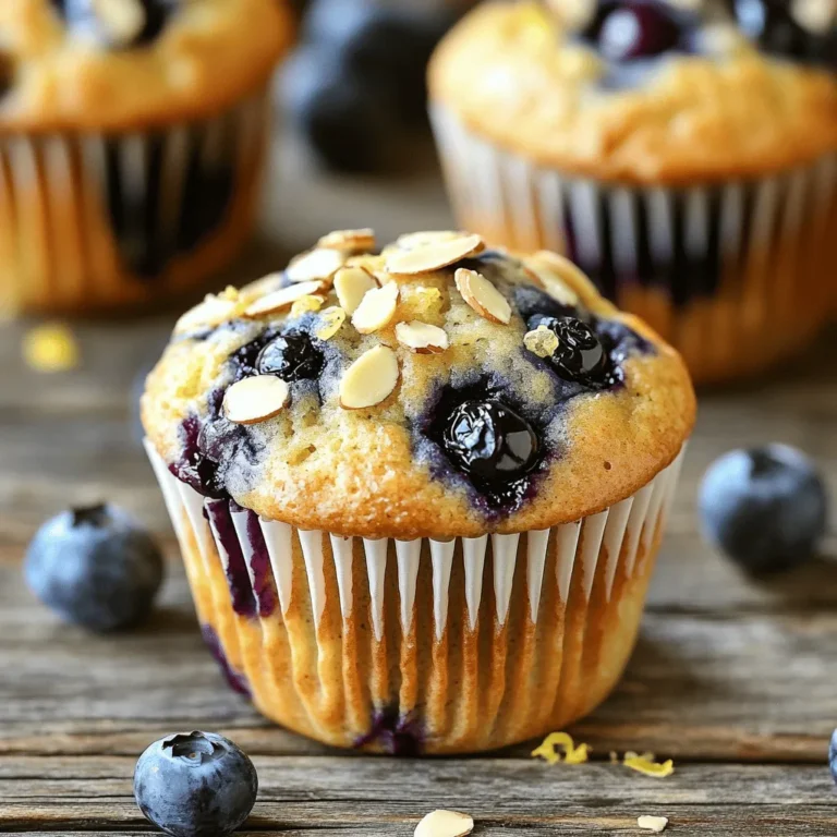 - 2 cups all-purpose flour - 1 cup granulated sugar - 1 tablespoon baking powder - ½ teaspoon baking soda - ½ teaspoon salt - ½ cup unsalted butter, melted and cooled - 2 large eggs - 1 teaspoon vanilla extract - 1 cup buttermilk (or milk with 1 tablespoon vinegar added) - 1 ½ cups fresh blueberries - ½ cup sliced almonds, plus extra for topping - Zest of 1 lemon - 1 tablespoon almond extract In this recipe, each ingredient plays a key role. The flour gives structure. The sugar adds sweetness and helps with browning. Baking powder and baking soda work together to make the muffins rise. Salt enhances the flavors. The melted butter adds richness, while eggs bind everything. Vanilla and almond extracts give amazing taste. Buttermilk keeps the muffins moist. The blueberries burst with flavor, and almonds add crunch. Lemon zest brightens the taste, making these muffins truly special. When you gather your ingredients, measure them carefully. This ensures that your muffins turn out just right. Fresh blueberries and sliced almonds make a big difference in taste. Enjoy the process, and get ready for some delicious baking! First, set your oven to 375°F (190°C). This step is key for even baking. Next, prepare your muffin tin by lining it with paper liners or greasing it with cooking spray. This prevents sticking and makes cleanup easy. In a large bowl, combine the dry ingredients: 2 cups of all-purpose flour, 1 cup of granulated sugar, 1 tablespoon of baking powder, ½ teaspoon of baking soda, and ½ teaspoon of salt. Whisk these together until mixed well. This blend helps the muffins rise and gives them flavor. In a separate bowl, blend together ½ cup of melted butter, 2 large eggs, 1 teaspoon of vanilla extract, 1 cup of buttermilk (or milk with a splash of vinegar), 1 tablespoon of almond extract, and the zest of 1 lemon. Mix until smooth. This mixture adds moisture and richness to your muffins. Pour the wet mixture into the dry ingredients. Gently fold them together. Be careful not to overmix; it’s okay to have some lumps. Next, gently fold in 1 ½ cups of fresh blueberries and ½ cup of sliced almonds. This ensures that every muffin has a mix of flavors and textures. Use a large spoon or an ice cream scoop to divide the batter into your prepared muffin cups. Fill each cup about 2/3 full. This allows room for the muffins to rise. Then, sprinkle extra sliced almonds on top for a crunchy finish. Bake in the preheated oven for 20 to 25 minutes. Check for doneness by inserting a toothpick into the center. It should come out clean. To get the best muffin texture, avoid overmixing the batter. This keeps your muffins light and fluffy. When you mix, stop as soon as you see no dry flour. A few lumps are fine! Baking soda and baking powder serve different roles. Baking powder helps muffins rise while baking soda adds a nice brown color. Use both for the best results. To boost flavor, add zest from a lemon or orange to the batter. It brightens the muffins. Almond extract adds a sweet touch. You could also use vanilla extract for a different twist. For toppings, consider adding more sliced almonds or a sprinkle of coarse sugar. This adds crunch and sweetness on top. Use a sturdy muffin tin for even baking. Silicone liners work well, but paper liners are also great. They help with easy removal. Mixing bowls should be large and sturdy. A good whisk makes blending dry and wet ingredients easier. A spatula helps fold in blueberries without crushing them. {{image_2}} You can switch blueberries for other fruits. Raspberries and strawberries work well too. They add a different taste and color. Dried fruits like cranberries or apricots also taste great. You can even try adding chocolate chips. They’ll make your muffins sweet and fun. If you want to change the nuts, use walnuts or pecans. They give a nice crunch and flavor. You can also use almond flour for a gluten-free option. This swap keeps the muffins soft and moist. Adding different extracts can change the taste. Try using vanilla or orange extract for a twist. They add a bright flavor. You can also sprinkle in spices like cinnamon or nutmeg. These spices give warmth and depth to your muffins. To keep your blueberry almond muffins fresh, follow these steps: - Room Temperature: Store muffins in an airtight container. They last 2-3 days. Keep them away from sunlight. - Refrigeration: If you want to store them longer, place them in the fridge. They can stay fresh for up to a week. Make sure they are in a sealed container to avoid drying out. - Freezing: For long-term storage, freeze the muffins. Wrap them tightly in plastic wrap and then place them in a freezer bag. They can last for up to three months. Label the bags with dates for easy tracking. When you are ready to enjoy your muffins again, here are some methods to reheat them: - Microwave: Place one muffin on a plate and cover it with a damp paper towel. Heat for 10-15 seconds. This keeps the muffin moist. - Oven: Preheat your oven to 350°F (175°C). Place muffins on a baking sheet for about 5-10 minutes. This method gives a nice crisp outside. - Toaster Oven: This works great too! Set it to 350°F (175°C) and heat for 5-8 minutes. Keep an eye on them while reheating to ensure they stay moist. Enjoy your muffins warm! To keep muffins moist, use buttermilk. It adds richness and tenderness. Mix your wet and dry ingredients gently. Overmixing leads to dry muffins. Another tip is to avoid baking at too high a temperature. Bake at 375°F for the best results. Let muffins cool in the pan for five minutes. This step helps them stay moist before transferring them to a wire rack. Yes, you can use frozen blueberries. They are convenient and delicious. But, they may release more juice. To avoid blue batter, toss them in a bit of flour. This helps them stay intact during baking. Add them straight from the freezer without thawing. This keeps them firm and prevents mushiness. Muffins are done when they are golden brown. You can check with a toothpick. Insert it into the center of a muffin. If it comes out clean or with just a few crumbs, they are ready. Also, the tops should spring back when lightly pressed. If they feel wet or sticky, bake them a little longer. Yes, you can make these muffins gluten-free. Use a gluten-free flour blend instead of all-purpose flour. Look for a blend that includes xanthan gum. This helps with texture and structure. Almond flour is another good option. It adds a nice nutty flavor and pairs well with the other ingredients. Just adjust the liquid slightly, as almond flour absorbs less moisture. You’ve learned how to make delicious muffins with fresh blueberries and almonds. We covered the key ingredients, step-by-step instructions, and useful tips for perfect texture. Remember to experiment with fruits and nuts to create your unique muffins. Store them properly for freshness and enjoy warm or cold. Baking can be fun and rewarding, so grab your ingredients and start today!