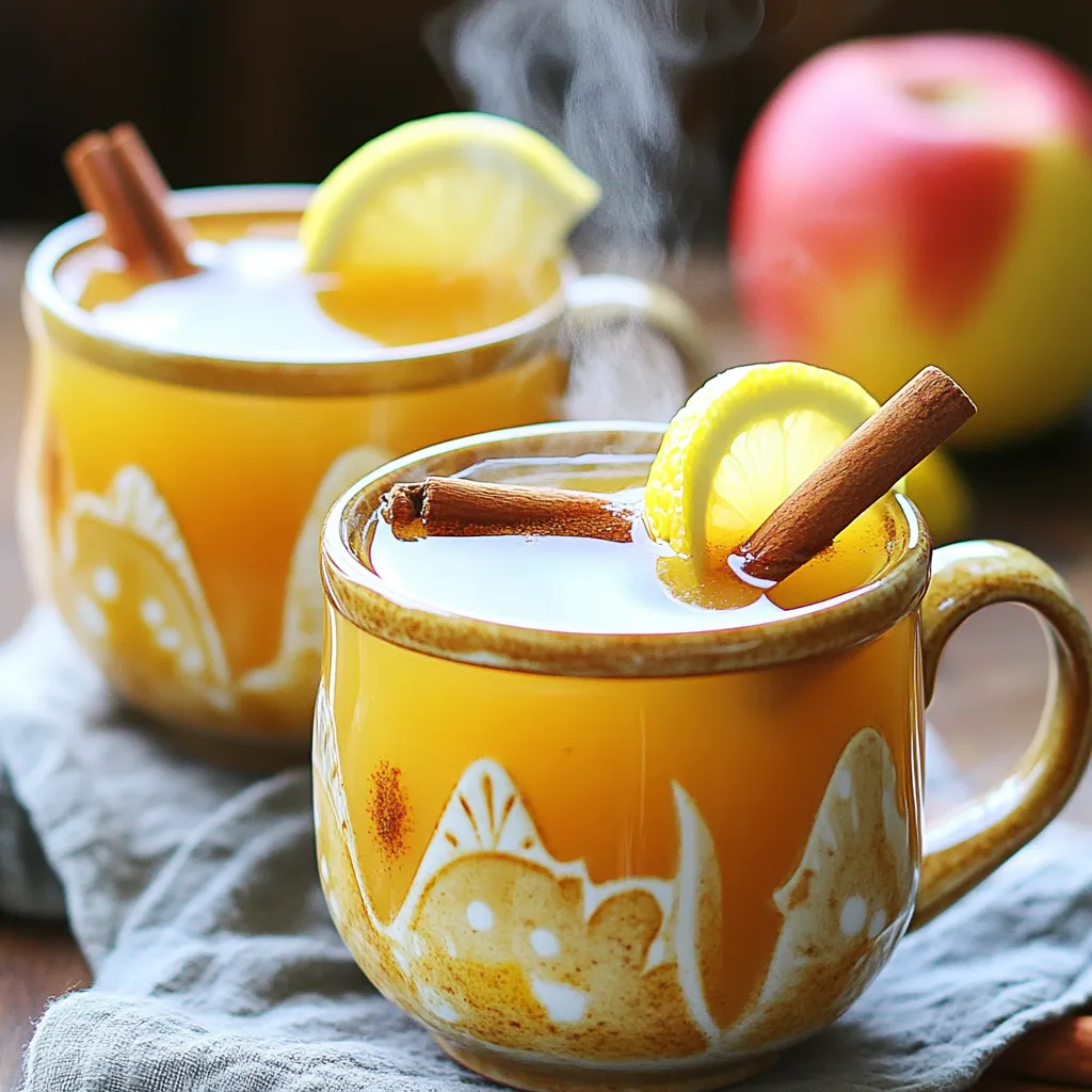 - 2 cups apple cider - 1 tablespoon fresh lemon juice - 1 tablespoon honey (or maple syrup for a vegan option) - 1/4 teaspoon ground cinnamon - 1/4 teaspoon ground ginger - 1/4 teaspoon ground nutmeg - 1/2 cup hot water - Cinnamon stick and lemon slices for garnish This mocktail makes use of simple, fresh ingredients. Apple cider serves as the base, giving a sweet and tart flavor. Fresh lemon juice adds a bright kick. Honey or maple syrup sweetens the drink. Ground cinnamon, ginger, and nutmeg bring warmth and spice to the mix. Hot water helps blend the flavors. If you want to swap ingredients, here are some ideas: - Use orange juice instead of lemon juice for a citrus twist. - Try agave nectar instead of honey for a different sweetener. - For a spicier kick, add a pinch of cayenne pepper. - You can replace apple cider with pear cider for a unique flavor. These alternatives keep the drink exciting and tailored to your taste. Garnishing your mocktail adds a nice touch. Here are some options: - Use a cinnamon stick for stirring. - Add a slice of lemon on the rim for a fresh look. - Toss in a few whole cloves for extra aroma. - Add apple slices for a lovely presentation. Garnishes make your drink more appealing and enhance the flavor. 1. First, gather all your ingredients to make this warm drink. You will need: - 2 cups apple cider - 1 tablespoon fresh lemon juice - 1 tablespoon honey or maple syrup - 1/4 teaspoon ground cinnamon - 1/4 teaspoon ground ginger - 1/4 teaspoon ground nutmeg - 1/2 cup hot water - Cinnamon stick and lemon slices for garnish 2. Start by measuring the apple cider. Pour it into a medium saucepan. 3. Heat the cider on medium heat. Warm it until it feels hot but not boiling. 4. While it warms, measure the lemon juice, honey, and spices. 5. Stir the lemon juice, honey, cinnamon, ginger, and nutmeg into the warm cider. Mix well until everything blends. 1. Once combined, remove the saucepan from the heat. 2. Add the hot water to the mixture. This helps to dilute the drink slightly. 3. Stir the mixture again to ensure it is well mixed. 4. Take a taste and adjust the flavors. If you want it sweeter, add more honey. If you like more spice, add a pinch of cinnamon or nutmeg. 1. Carefully pour the hot mocktail into heatproof mugs or cups. 2. For a festive touch, garnish each drink with a cinnamon stick and a slice of lemon. 3. Serve immediately and enjoy the warm, cozy flavors. Perfect for a chilly day! To make your Apple Cider Hot Toddy Mocktail even better, try adding a splash of vanilla extract. It gives the drink a warm, cozy taste. You can also use fresh herbs like rosemary or thyme for a unique twist. Just drop in a sprig while you heat the cider. Experiment with fresh ginger slices for extra zing. One common mistake is letting the cider boil. Boiling can change the flavor and make it bitter. Always heat it gently. Another mistake is not adjusting the sweetness. Taste your mocktail before serving. Everyone’s sweetness level is different, so add more honey or syrup if needed. Lastly, don’t skip the garnish. A cinnamon stick and lemon slice make it look and taste better. Presentation matters, even for a simple drink. Use clear mugs to show off the rich color of the cider. Add a lemon slice on the rim for a pop of color. Place the cinnamon stick in the mug for a rustic touch. You can also sprinkle a little cinnamon on top for an extra special look. These small touches will impress your guests and make your drink feel festive. {{image_2}} You can change the taste of your Apple Cider Hot Toddy Mocktail with seasonal flavors. Try adding a splash of cranberry juice for a tart twist. Pear juice also works great, giving a sweet touch. During the holidays, incorporate a few cloves or star anise for warmth. You can also add a dash of vanilla extract for creamy sweetness. Sweetness can vary based on your taste. Honey is the classic choice, but maple syrup is a great vegan option. Agave nectar offers another sweet alternative that blends well. For a low-calorie option, consider using stevia or monk fruit. Each sweetener brings its own unique flavor, so feel free to experiment. Garnishing adds a fun touch to your mocktail. While a cinnamon stick and lemon slice are perfect, you can mix it up. Try using fresh rosemary for a fragrant twist. Apple slices also make for a nice garnish, adding color and flavor. If you want something festive, use pomegranate seeds for a pop of color. You can store your Apple Cider Hot Toddy Mocktail in the fridge. Use an airtight container for best results. It stays fresh for up to three days. If it separates, just stir before serving. While I don’t recommend freezing this mocktail, you can freeze the apple cider alone. Pour it into ice cube trays. This way, you can add it to your next drink for a chill. To reheat, pour the mocktail into a saucepan. Warm it over low heat until it’s hot but not boiling. Stir well to mix the flavors again. You can also use a microwave. Heat it in short bursts, stirring in between. Enjoy it warm for a cozy drink! Yes, you can make this mocktail ahead of time. Just prepare it and store it in the fridge. It can last for a few days. When you are ready to serve, heat it gently on the stove. This way, you save time and enjoy it warm. You can add various spices to enhance the flavor. Try adding cloves for a warm kick. Star anise gives a nice touch too. If you like it spicy, add a dash of cayenne pepper. Experiment with different spices to find your perfect blend. Absolutely! This mocktail is perfect for kids. It has no alcohol, just tasty ingredients. Kids will love the sweet apple cider and the warm spices. It’s a great drink for family gatherings or cozy nights. Enjoy it together with your little ones! This blog covered essential ingredients, step-by-step instructions, and valuable tips. I shared ways to enhance flavor and avoid common mistakes. You can also explore fun variations, storage methods, and answer important FAQs. When you try this recipe, remember to have fun. Experimenting will lead to your unique drink. Enjoy creating a tasty mocktail that everyone can love.