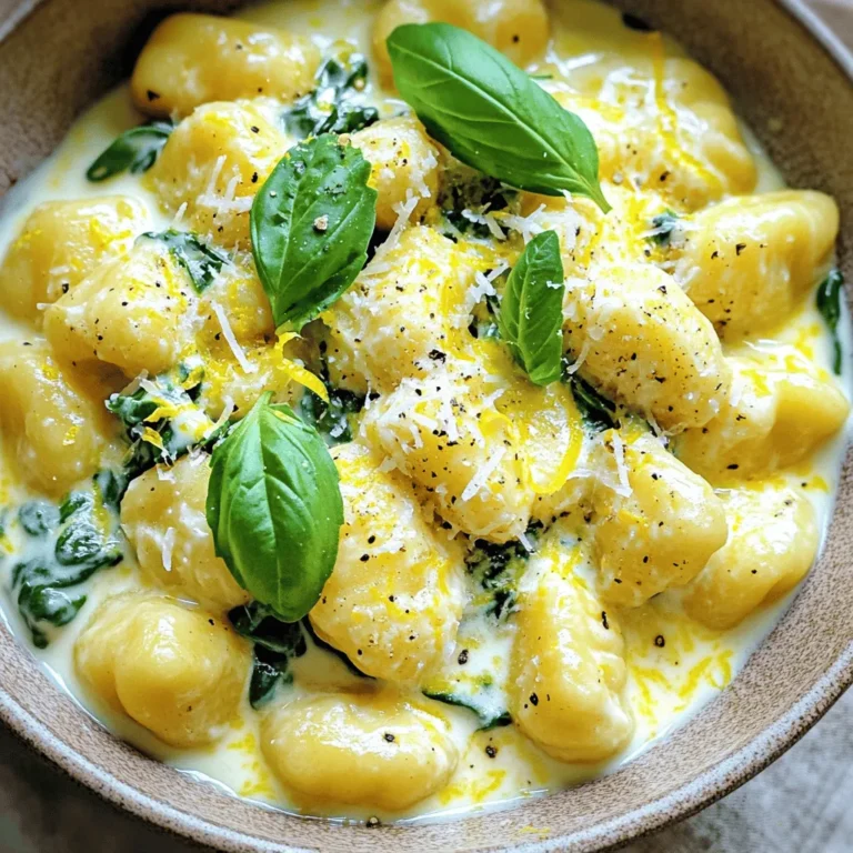 - 500g store-bought gnocchi - 1 cup ricotta cheese - 1 cup chicken or vegetable broth - 1 cup heavy cream - 1 lemon (zested and juiced) - 2 cloves garlic, minced - 1 cup baby spinach - 1/2 cup grated Parmesan cheese - Salt and pepper to taste Each ingredient plays a key role in this dish. The gnocchi provides a soft texture. Ricotta adds creaminess. Lemon brightens the flavor. Garlic gives a nice kick. Spinach adds color and nutrients. - Fresh basil leaves - Extra grated Parmesan Garnishes can elevate your dish. Fresh basil adds a touch of freshness. Extra Parmesan makes it even richer. - Large pot or deep skillet - Wooden spoon or spatula - Measuring cups and spoons - Zester or grater Using the right tools makes cooking easier. A large pot helps in mixing and cooking. A wooden spoon is great for stirring without scratching your pot. Start by grabbing a large pot or deep skillet. Place it on medium heat and add a drizzle of olive oil. Once the oil is warm, toss in the minced garlic. Sauté it for about one minute until it smells amazing. This step builds a strong flavor base for your dish. Next, pour in the chicken or vegetable broth. Bring it to a gentle simmer. This bubbling broth will be the heart of your creamy sauce. Now it’s time to add the star of the dish: the gnocchi. Toss in 500 grams of store-bought gnocchi. Cook according to the package instructions, usually for just 2 to 3 minutes. You will know they are ready when they rise to the surface. This is a fun part! As they cook, they soak up the broth's flavor and become fluffy little pillows. After the gnocchi are cooked, reduce the heat to low. Now, add one cup of ricotta cheese and one cup of heavy cream. Also, add the lemon zest and lemon juice. Stir gently until everything is creamy and well mixed. This is where the magic happens! Next, fold in one cup of baby spinach. Let it wilt for 1 to 2 minutes. Then, stir in half a cup of grated Parmesan cheese. Season with salt and pepper to taste. Cook for another minute or two until the sauce thickens slightly. If it looks too thick, add a bit more broth or cream. Finally, remove the pot from heat and garnish with fresh basil leaves. Enjoy your creamy lemon ricotta gnocchi! To get that creamy texture, use full-fat ricotta. It blends better than low-fat or skim. Mix the ricotta with heavy cream for richness. Stir gently to avoid lumps. If the sauce is too thick, add a splash of broth or cream. This keeps it smooth and easy to coat the gnocchi. Lemon zest adds brightness, but you can boost flavor even more. Try adding a pinch of red pepper flakes for heat. Fresh herbs like basil or parsley also work well. These add freshness and color. You might want to sprinkle some extra Parmesan on top before serving. It enhances taste and looks great. Don’t rush the cooking of the gnocchi. If you cook them too long, they become mushy. Also, avoid adding salt too early. The broth and cheese have salt already. Taste before seasoning. Lastly, don't skip the basil garnish. It adds a fresh touch to the dish. {{image_2}} You can easily add protein to your One-Pot Creamy Lemon Ricotta Gnocchi. Here are some options: - Cooked chicken: Add shredded or diced chicken for a hearty meal. - Shrimp: Toss in cooked shrimp for a seafood twist. - Bacon: Crispy bacon bits add a nice crunch and flavor. These additions can enhance the dish and make it more filling. Just cook the protein before adding it to the pot. Stir it in when you mix in the spinach. If you prefer a vegetarian or vegan dish, you can make a few simple changes: - Broth: Use vegetable broth instead of chicken broth. - Ricotta: Substitute with vegan ricotta or blended tofu for a creamy texture. - Cream: Use coconut cream or a cashew cream for a plant-based option. These swaps keep the dish rich and tasty while fitting your dietary needs. You won’t lose the delicious flavor! Adding herbs and spices can elevate the flavor of your gnocchi dish. Here are some ideas: - Fresh herbs: Basil, parsley, or thyme add freshness. - Chili flakes: A pinch can give it a spicy kick. - Lemon pepper: This adds a zesty flavor that pairs well with the lemon. Experiment with these additions to make the dish uniquely yours! Find the right balance that suits your taste buds. Store your One-Pot Creamy Lemon Ricotta Gnocchi in a sealed container. It stays fresh in the fridge for up to three days. Make sure it cools down before sealing to avoid steam build-up. This helps keep the gnocchi creamy and tasty. To freeze, place the gnocchi in a freezer-safe container. It can last up to two months in the freezer. I recommend dividing it into smaller portions. This way, you can thaw only what you need. Remember that the texture might change slightly after freezing. When reheating, add a splash of broth or cream to keep the gnocchi moist. Heat it on low in a skillet, stirring gently. You can also reheat it in the microwave. Just cover it and heat for short bursts. Stir in between to prevent hot spots. Enjoy it warm, like the first time you made it! Yes, you can use homemade gnocchi. It adds a personal touch. Just make sure they are the right size. Cook them until they float. This means they are ready. Homemade gnocchi may also need a bit more time to cook. Keep an eye on them as they simmer. If you need a substitute for ricotta cheese, try cottage cheese. It has a similar texture. You can blend it for a creamier feel. Cream cheese is another option. You can mix it with a bit of milk to soften it. Both options work well in this dish. You can store leftover gnocchi in the fridge for up to three days. Place them in an airtight container. This keeps them fresh for later use. If you want to store them longer, consider freezing. Frozen gnocchi can last up to two months. Just make sure to thaw them before reheating. In this post, we explored the main ingredients and tools needed to make gnocchi. We discussed how to prepare, cook, and combine everything, ensuring a creamy texture. I shared tips to enhance flavors and avoid common mistakes. You found variations for proteins, vegetarian options, and exciting twists with herbs. Lastly, I covered storage methods and answered key questions. Embrace your cooking journey and experiment with these ideas. Enjoy your tasty gnocchi creation!
