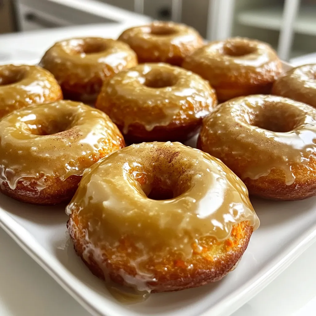 To create these tasty donuts, you need a mix of dry and wet ingredients, along with a few special items. Here’s what you’ll need: Dry Ingredients: - 1 cup all-purpose flour - 1/2 cup brown sugar - 1/2 teaspoon baking powder - 1/2 teaspoon baking soda - 1/2 teaspoon ground cinnamon - 1/4 teaspoon ground nutmeg - 1/4 teaspoon salt Wet Ingredients: - 1/2 cup grated carrots - 1/4 cup crushed pineapple, drained - 1/4 cup unsweetened applesauce - 1/4 cup vegetable oil - 2 large eggs - 1 teaspoon vanilla extract Special Ingredients: - 1/2 cup powdered sugar - 2 tablespoons pure maple syrup Grated carrots give the donuts a moist texture. Crushed pineapple adds natural sweetness and flavor. Applesauce keeps the donuts soft and tender. Together, these ingredients make for a delightful treat. 1. Start by mixing the dry ingredients. In a large bowl, whisk together: - 1 cup all-purpose flour - 1/2 cup brown sugar - 1/2 teaspoon baking powder - 1/2 teaspoon baking soda - 1/2 teaspoon ground cinnamon - 1/4 teaspoon ground nutmeg - 1/4 teaspoon salt This mix should be well combined. 2. Next, mix the wet ingredients in another bowl. Combine: - 1/2 cup grated carrots - 1/4 cup crushed pineapple, drained - 1/4 cup unsweetened applesauce - 1/4 cup vegetable oil - 2 large eggs - 1 teaspoon vanilla extract Stir until this mixture is smooth. 3. Now, combine the dry and wet mixtures. Gradually add the wet ingredients to the dry ones. Gently fold them until just combined. Be careful not to overmix. 1. Preheat your oven to 350°F (175°C). Grease your donut pan with non-stick cooking spray. 2. Fill the donut pan with batter. Spoon or pipe the batter into each mold, filling them about three-quarters full. 3. Bake the donuts for 12-15 minutes. Check if they are done by inserting a toothpick into the center. If it comes out clean, they are ready. Let the donuts cool in the pan for about 5 minutes. Then, transfer them to a wire rack to cool completely. 1. For the glaze, gather these ingredients: - 1/2 cup powdered sugar - 2 tablespoons pure maple syrup 2. Whisk the powdered sugar and maple syrup together in a small bowl until smooth. 3. If the glaze is too thick, add a teaspoon of water to thin it out. Adjust until you reach your desired consistency. Now you are ready to dip the donuts into the glaze and enjoy this delicious treat! To make the best donuts, avoid overmixing. When you mix the wet and dry ingredients, fold gently until they just come together. If you mix too much, the donuts can turn out tough. Ensuring the right bake time is also key. Bake your donuts for 12-15 minutes. You can check for doneness by inserting a toothpick into the center. If it comes out clean, they are ready. For added flavor, consider using spices like ginger or allspice. They can give your donuts a warm kick. You can also mix in chopped walnuts or pecans for crunch. When using carrots, fresh is best. Grated fresh carrots give a sweet taste and nice texture. Canned carrots can work, but they may be too soft. Always drain crushed pineapple well to avoid excess moisture. Arranging the donuts on a pretty platter makes them more inviting. You can drizzle extra maple glaze on top for a polished look. Garnishing is simple yet effective. Sprinkle finely chopped nuts or a dusting of cinnamon on top. This adds both texture and flavor to your donuts. {{image_2}} You can switch things up in many fun ways! Adding nuts or dried fruits can boost flavor and texture. Try walnuts or pecans for a nice crunch. Raisins or dried cranberries add a sweet touch. You can also experiment with different glazes. A chocolate glaze can give a new twist to these donuts. Melt dark chocolate and drizzle it on top for a rich finish. If you need gluten-free options, use a gluten-free flour blend. Make sure it has a good mix of starches and fibers. For vegan substitutions, swap eggs with flax eggs. Mix one tablespoon of ground flaxseed with three tablespoons of water. Let it sit for a few minutes to thicken. Use plant-based milk instead of regular milk in the glaze. These changes keep your donuts tasty and friendly for all diets. Pair these donuts with your favorite drinks! Coffee or chai tea brings out the flavors well. If you want a sweet breakfast, enjoy the donuts with fresh fruit. They can also serve as a delightful dessert after dinner. For a special touch, arrange them on a fancy platter. Drizzle extra maple glaze on top and sprinkle some nuts for a beautiful finish. To keep your Maple Glazed Carrot Cake Donuts fresh, use an airtight container. A simple plastic or glass container with a lid works best. Store your donuts at room temperature for up to three days. If you want them to last longer, you can refrigerate them. Just remember that refrigeration may change their texture slightly. Freezing is a great option if you want to save some donuts for later. First, let the donuts cool completely. Then, wrap each donut in plastic wrap. Place them in a freezer-safe bag or container. This method will help prevent freezer burn. You can freeze the donuts for up to three months. When you’re ready to enjoy a donut, take it out of the freezer. Let it thaw at room temperature for about 30 minutes. If you want it warm, pop it in the microwave for a few seconds. Enjoy your tasty treat anytime! You can check if the donuts are done by inserting a toothpick into the center. If it comes out clean, they are ready. The donuts should also be slightly springy to the touch. They usually bake for 12 to 15 minutes, so keep an eye on them. Yes, you can prepare the batter ahead of time. Just store it in the fridge for up to 24 hours. Before baking, let it warm up for a bit. This way, the donuts will rise well when you bake them. If you don’t have applesauce, you can use mashed bananas or yogurt. Both options will keep the donuts moist. Just use the same amount as the recipe calls for. To adjust the recipe, simply scale the ingredients. If you want to make 24 donuts, double each ingredient. For 6 donuts, halve the amounts. This way, you can easily control how many donuts you want to make. In this blog post, we covered how to make delicious maple glazed carrot cake donuts. You learned about key ingredients, the right mixing techniques, and how to bake them perfectly. I also shared tips to enhance flavor and ideas for presentation. Remember, you can easily customize these donuts with nuts or different glazes. Store them well to keep them fresh. With this knowledge, you can create tasty treats sure to impress. Enjoy making your donuts, and share them with friends and family!