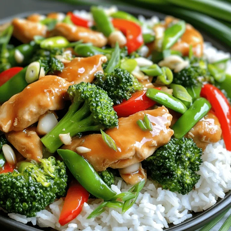 - 1 lb boneless, skinless chicken thighs - 1 cup broccoli florets - 1 red bell pepper, sliced - 1 cup snap peas, trimmed - 4 cloves garlic, minced - 1 tablespoon grated ginger - 1/4 cup low-sodium soy sauce - 2 tablespoons brown sugar - 1 tablespoon sesame oil - 1 teaspoon chili flakes (optional) - 3 tablespoons vegetable oil, divided - 2 tablespoons cornstarch - 3 green onions, sliced (white and green parts separated) - Cooked jasmine rice, for serving For this recipe, you need exact measurements to get the best flavor. - Chicken: Use 1 pound of boneless, skinless chicken thighs. They stay juicy and cook well. - Vegetables: I like to use 1 cup of broccoli, 1 sliced red bell pepper, and 1 cup of snap peas. These add color and crunch. - Aromatics: Use 4 cloves of minced garlic and 1 tablespoon of grated ginger. They boost the dish’s flavor. - Sauces: Measure 1/4 cup of low-sodium soy sauce, 2 tablespoons of brown sugar, and 1 tablespoon of sesame oil. These create a sweet and savory base. - Chili flakes: Add 1 teaspoon if you want a bit of heat. Adjust based on your taste. When selecting your chicken, look for thighs that feel firm and moist. For vegetables, pick fresh, bright ones. Avoid anything that looks wilted or brown. This will ensure your stir fry is both tasty and healthy. To coat the chicken with cornstarch, take your sliced chicken thighs. Place them in a bowl and sprinkle the cornstarch over them. Use your hands or a spoon to toss the chicken until every piece is covered. This step helps to lock in moisture and gives the chicken a nice crisp when cooked. Marinate the chicken for at least 10 minutes. This waiting time is key. It allows the cornstarch to stick well and tenderizes the meat. Next, heat 2 tablespoons of vegetable oil in a large skillet or wok. Set the heat to medium-high. Wait until the oil gets hot. Then, add the marinated chicken. Stir-fry it for about 5-7 minutes. Look for a golden brown color and ensure it’s cooked through. Once done, remove the chicken from the skillet and set it aside. In the same skillet, add 1 tablespoon of vegetable oil. Toss in the broccoli, red bell pepper, and snap peas. Stir-fry these vegetables for about 3-4 minutes. You want them to stay bright and slightly crunchy. To enhance the flavor, push the veggies to one side of the skillet. Add minced garlic and grated ginger into the center. Cook them for about 1 minute. This will release their wonderful aromas. Now, it's time to bring it all together. Return the cooked chicken to the skillet. Pour in the soy sauce, brown sugar, sesame oil, and chili flakes if you like some heat. Toss everything together. Make sure every piece is well-coated in the sauce. Cook for an additional 2-3 minutes until the sauce thickens slightly. To finish, add the green onions’ white parts and stir to combine. Reserve the green tops for garnish. The dish is ready when the chicken is hot, and the sauce clings nicely. Serve it over jasmine rice for a complete meal. To make your chicken tender, start with boneless, skinless thighs. They stay juicy and cook well. Coat the chicken with cornstarch for a great texture. This helps it sear nicely. Letting it marinate for 10 minutes is key. It allows the cornstarch to stick better. For your vegetables, avoid overcooking them. Stir-fry the broccoli, red bell pepper, and snap peas for just a few minutes. You want them tender but still crisp. This keeps their bright color and nutrients. To boost flavor, consider adding spices like garlic powder or onion powder. A splash of rice vinegar can add a lovely tang. If you like heat, increase the chili flakes. Adjust the soy sauce and brown sugar to suit your taste. If you prefer it sweeter, add more sugar. If you want it saltier, add extra soy sauce. Tasting as you go is important! Serve your Mongolian chicken stir fry over jasmine rice for a perfect meal. The rice absorbs the sauce and balances the flavors. You can also use noodles if you prefer. For garnishing, sprinkle the reserved green onion tops on the dish. This adds a pop of color and freshness. A few sesame seeds can make it look fancy. Enjoy your beautiful meal! {{image_2}} You can switch the chicken for beef, shrimp, or tofu. Each option brings a new taste. For beef, choose flank steak or sirloin. Slice it thinly and stir-fry for about 3-5 minutes. Shrimp cooks fast, so add it last. Toss it in for only 2-3 minutes. For a vegan option, use firm tofu. Press it dry, cube it, and fry for 5-7 minutes. If you don’t have broccoli or snap peas, try other veggies. Bell peppers, carrots, or zucchini work well. You can also use seasonal vegetables like asparagus in spring or squash in fall. Just remember to adjust the cook time. Aim for tender, yet crisp veggies. For a low-sodium dish, use low-sodium soy sauce. You can also swap soy sauce for coconut aminos for a gluten-free option. Need a vegan twist? Replace the chicken with tofu and use a vegan sauce. This way, you keep all the flavors without meat. To keep your Mongolian chicken stir fry fresh, use airtight containers. Glass or plastic containers work well. Store your leftovers in the fridge. They will stay good for about 3 to 4 days. Be sure to let the dish cool completely before sealing it. This helps prevent moisture buildup. When reheating, the stove is best for keeping texture. Heat a skillet over medium heat. Add the stir fry and a splash of water. Stir it gently to warm it through. If you prefer, you can use a microwave. Just cover it loosely to let steam escape. To refresh flavors, add a sprinkle of soy sauce or a dash of sesame oil. This boosts the taste and makes it feel fresh again. Yes, you can prep this dish ahead. Cook the chicken and veggies, then cool them. Store them in airtight containers in the fridge for up to three days. When you're ready to eat, reheat everything in a skillet. Add a splash of soy sauce to revive the flavors. This dish pairs well with jasmine rice. You can also try noodles or quinoa for a twist. Fresh salad or steamed veggies make great sides too. They add color and crunch to your meal. To reduce heat, skip the chili flakes. You can also add more sugar to balance the heat. Another option is to add more vegetables, which will tone down the spice. Creamy sauces like peanut sauce can help too. Yes, you can freeze it. Let the stir fry cool completely. Place it in a freezer-safe container. It can last for about three months in the freezer. To eat, thaw in the fridge overnight and reheat in a skillet. In this blog post, we covered how to make Mongolian chicken stir fry with fresh ingredients. You learned about key ingredients and careful measurements to ensure quality. I shared step-by-step cooking instructions, plus tips for texture and flavor. Don’t forget the options for variations and dietary needs! Proper storage and reheating methods help keep your meal fresh. Enjoy experimenting with this dish, and feel free to make it your own!