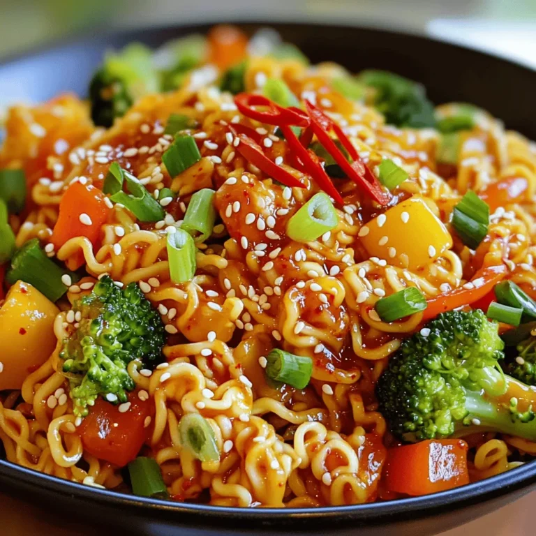 - 200g noodles (your choice: rice, udon, or soba) - 2 tablespoons gochujang (Korean red chili paste) - 1 tablespoon soy sauce - 1 tablespoon sesame oil - 1 tablespoon honey or maple syrup - 1 cup stir-fry vegetables (carrots, bell peppers, and broccoli) - 2 green onions, chopped - 2 cloves garlic, minced - 1 teaspoon sesame seeds - Salt to taste - Optional: sliced red chili for extra heat To start, you need 200 grams of noodles. You can use rice, udon, or soba noodles. Each type brings its own unique taste and texture. Next, gochujang is key. This Korean red chili paste adds heat and depth. You’ll want two tablespoons for the right kick. You also need soy sauce and sesame oil. Each adds savory flavor. Use one tablespoon of each. For a hint of sweetness, add one tablespoon of honey or maple syrup. This balances the heat nicely. Don't forget your vegetables! A cup of stir-fry veggies like carrots, bell peppers, and broccoli makes the dish colorful and healthy. Chop two green onions and mince two cloves of garlic. These ingredients enhance the aroma and taste. Finally, sprinkle sesame seeds on top. They add a nice crunch. If you like it hot, slice up some red chili for extra spice. With these ingredients, you can create a tasty and vibrant dish in no time! To cook the noodles, follow the package instructions. Bring a pot of water to a boil. Add your noodles and cook until they are tender. This usually takes around 5 to 7 minutes. Stir gently to prevent sticking. Once cooked, drain the noodles in a colander. Rinse them under cool water to stop the cooking process. Set them aside in a bowl. Heat a large pan or wok over medium heat. Add sesame oil and let it warm up. Once hot, add minced garlic and stir for about 30 seconds. This brings out the garlic's flavor. Next, toss in your stir-fry vegetables. Carrots, bell peppers, and broccoli work best. Cook them for 3 to 5 minutes. You want them to soften but stay crisp. In a small bowl, mix gochujang, soy sauce, and honey or maple syrup. This creates a thick, spicy sauce. Taste the sauce and adjust the spice level. If you like it hotter, add more gochujang. If you want it milder, use less. Add the cooked noodles to the pan with the vegetables. Pour the spicy sauce over the noodles. Toss everything together well. Ensure the sauce coats every noodle and vegetable. Keep stirring for another 2 minutes. This helps heat the dish through. Serve the noodles hot, topped with green onions and sesame seeds for crunch. To make your spicy Korean gochujang noodles even better, try adjusting the seasoning. You can add a splash of lime juice or rice vinegar for a tangy kick. If you prefer more heat, toss in extra sliced red chili. Adding proteins makes this dish a full meal. You can use chicken, beef, tofu, or shrimp. Simply cook the protein first, then add it back in with the noodles. A good pan or wok is key for stir-frying. I recommend using a non-stick or cast iron skillet. These help prevent sticking and ensure even cooking. You also need essential tools like a large spatula and a sharp knife. A cutting board is useful for prepping your vegetables. Serve your spicy Korean gochujang noodles with a side of kimchi for added flavor. A simple cucumber salad also pairs well, offering a cool contrast. For garnish, sprinkle sesame seeds and chopped green onions on top. This adds color and crunch to your dish. {{image_2}} To make this dish vegan, simply omit the honey or use maple syrup. Both options work well and keep the sweetness. For protein, try tofu, tempeh, or chickpeas. They add great texture and flavor. If you're gluten-sensitive, choose rice noodles or gluten-free udon. These noodles still taste great with the sauce. For the sauce, replace soy sauce with tamari or coconut aminos. Both options provide a tasty, gluten-free twist. Want more heat? Add extra chilies or a splash of hot sauce. Sliced red chilies are a perfect garnish for added spice. You can also try using spicy kimchi or chili flakes to boost the flavor. To keep your spicy Korean gochujang noodles fresh, use an airtight container. This helps prevent moisture loss and keeps the flavors intact. Place the noodles in the fridge right after they cool down. You can safely store them for up to three days. After that, the taste and texture may change. When you're ready to enjoy your leftovers, you have a few good options. The microwave is quick and easy. Just place the noodles in a microwave-safe bowl, add a splash of water, and cover it. Heat in 30-second intervals until warm. You can also use a pan for reheating. Heat a little oil in the pan and add the noodles. Stir often to keep them from sticking. This method helps maintain their texture. If they seem dry, add a touch of soy sauce or water to revive the sauce. Enjoy your delicious noodles again! Gochujang is a thick, red chili paste from Korea. It has a sweet and spicy flavor. This paste brings depth to many dishes. It combines heat from the chili with sweetness from rice. You will find it in many Korean recipes. Gochujang is key to making these noodles flavorful and exciting. Yes, you can use several types of noodles. Rice noodles, udon, or soba work well. Each type gives a different texture. Rice noodles are light and chewy. Udon noodles are thick and hearty. Soba noodles are nutty and slightly earthy. Choose what you like best for your spicy Korean gochujang noodles. This dish is great for meal prep! You can cook the noodles and veggies in advance. Store them in separate containers. Keep the gochujang sauce in a jar. When you are ready to eat, just heat everything up. This method saves time and makes meals easy during the week. You can find gochujang in Asian grocery stores. Look for it in the international aisle of bigger supermarkets. Online shops like Amazon also sell it. For noodles, most stores carry rice, udon, and soba noodles. Check the pasta aisle or Asian foods section. The spice level can vary based on the amount of gochujang you use. Two tablespoons give a nice kick. If you want it spicier, add more gochujang or sliced red chili. If you prefer less heat, reduce the gochujang. Adjust it to your taste for the perfect bite! This article guides you through making delicious spicy noodles. You learned about key ingredients, from gochujang to optional heat boosters. Then, I shared simple steps for cooking, stir-frying, and making a tasty sauce. Remember, you can customize the recipe with proteins, and even alter spice levels to fit your taste. Experiment with variations like vegan options or gluten-free noodles. Finally, keep your leftovers fresh and flavorful. Enjoy trying this dish and make it your own!